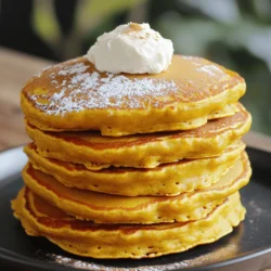 - 1 cup all-purpose flour - 1/2 cup rolled oats - 1 tablespoon baking powder - 1 teaspoon baking soda - 1/2 teaspoon salt - 1 teaspoon cinnamon - 1/2 teaspoon nutmeg - 1 cup canned pumpkin puree - 1/2 cup cream cheese, softened - 1/4 cup brown sugar - 2 large eggs - 1/2 cup milk (dairy or non-dairy) - 1 teaspoon vanilla extract - Butter or cooking spray for frying Gather these ingredients before you start. The dry ingredients create a sturdy base. The wet ingredients bring flavor and moisture. Cream cheese adds a rich taste and helps to make the pancakes fluffy. Canned pumpkin puree gives a smooth texture and a lovely autumn flavor. You can switch up some ingredients. Use whole wheat flour for a healthier option. For a dairy-free choice, try coconut milk and vegan cream cheese. This recipe works with many substitutes. Don't be afraid to mix it up! When measuring flour, spoon it into your cup. Avoid packing it down. This helps keep your pancakes light and fluffy. Be sure to have everything ready before you start cooking. This way, you can focus on making the pancakes perfect. Start by taking a large bowl. Add the following dry ingredients: - 1 cup all-purpose flour - 1/2 cup rolled oats - 1 tablespoon baking powder - 1 teaspoon baking soda - 1/2 teaspoon salt - 1 teaspoon cinnamon - 1/2 teaspoon nutmeg Whisk these together until they mix well. This step is key for even flavor. In another bowl, combine the wet ingredients: - 1 cup canned pumpkin puree - 1/2 cup cream cheese, softened - 1/4 cup brown sugar - 2 large eggs - 1/2 cup milk (dairy or non-dairy) - 1 teaspoon vanilla extract Blend these ingredients until smooth. Make sure the cream cheese mixes well to avoid lumps. Now, gently fold the dry mix into the wet mix. Stir carefully to keep the batter light. Some lumps are okay; do not over-mix. Next, heat a non-stick skillet over medium heat. Lightly grease it with butter or cooking spray. Pour about 1/4 cup of batter for each pancake onto the skillet. Cook until bubbles rise to the surface and the edges set, which takes about 2-3 minutes. Flip the pancakes and cook for another 2-3 minutes until golden brown. Repeat this with the remaining batter. Grease the skillet as needed between batches. Serve the pancakes warm with cream cheese on top, a dusting of cinnamon, and maple syrup if you like. Enjoy your fluffy pumpkin cream cheese pancakes! To keep pancakes fluffy, don't over-mix your batter. When you combine wet and dry ingredients, mix gently. A few lumps are okay; they help your pancakes stay light. Over-mixing makes gluten form, which can lead to dense pancakes. Remember, you want a smooth mix without being too smooth. The right skillet temperature is key. Preheat your skillet over medium heat. If it's too hot, pancakes can burn. If it's too cool, they will not cook evenly. To test, sprinkle a few drops of water on the skillet. If they dance and evaporate, you're ready! Maintain this heat for even cooking and a beautiful golden color. For a stunning stack, layer pancakes neatly. Place a thin slice of cream cheese on top of each pancake. Dust with powdered sugar or cinnamon for a lovely finish. You can also add a drizzle of maple syrup for color. A well-stacked presentation makes your pancakes look as good as they taste! {{image_2}} You can easily add chocolate chips to your pancake batter. Use about 1/2 cup of semi-sweet or dark chocolate chips. After mixing the wet and dry ingredients, gently fold in the chocolate chips. Be careful not to over-mix. The chocolate melts while cooking, making every bite a sweet treat. These pancakes become a favorite for kids and chocolate lovers. If you want a healthier option, consider using whole wheat flour. This gives the pancakes more fiber. You can also try gluten-free flour blends. Just make sure they contain xanthan gum for best results. The taste and texture may change slightly, but they will still be delicious. Experiment with different flours to find what you like best. To add more fall flavor, try mixing in ingredients like cranberries or pecans. Use about 1/2 cup of dried cranberries or chopped pecans. Stir them into the batter before cooking. You can also try spices like ginger or cloves for a warm twist. These additions will make your pancakes unique and perfect for the season. Store leftover pancakes in an airtight container. Place parchment paper between layers to avoid sticking. They will stay fresh for about 3 to 4 days. You can also wrap them in plastic wrap before placing them in the container. This keeps them moist and prevents drying out. To freeze pancakes, stack them with parchment paper in between each one. Wrap the stack in plastic wrap, then place in a freezer bag. Remove as much air as possible to prevent freezer burn. They can last up to 2 months in the freezer. When you're ready to enjoy them, just pull out the number you want. For reheating, the oven works best. Preheat it to 350°F (175°C). Place the pancakes on a baking sheet and cover with foil. Heat for about 10 minutes. This keeps them fluffy and warm. You can also use a microwave, but they may lose some fluffiness. Heat them for 30 seconds, then check if they are warm enough. Enjoy your pancakes just like fresh! Yes, you can use fresh pumpkin. Start with a small pumpkin. Bake or steam it until soft. Then, scoop out the flesh and mash it well. Use this in place of canned pumpkin. You may need to adjust the moisture. Fresh pumpkin can be wetter than canned. You might want to reduce the milk in your batter slightly. For a dairy-free option, use almond milk or oat milk. Both work well in this recipe. For cream cheese, try a dairy-free cream cheese made from nuts or soy. These substitutes keep the pancakes rich and creamy without dairy. Be sure to check labels for added sugars or preservatives. To prep pancakes ahead, cook them as usual. Let them cool, then store in an airtight container. Keep them in the fridge for up to three days. For longer storage, freeze them. Place parchment paper between pancakes to avoid sticking. Reheat in a toaster or microwave for a quick breakfast. You now have a complete guide to making delicious pumpkin pancakes. From gathering dry and wet ingredients to cooking perfect pancakes, it's all here. Remember to avoid over-mixing for the fluffiest results and maintain the right skillet temperature for even cooking. Feel free to experiment with variations like chocolate chips or seasonal flavors. Store leftovers properly to enjoy them later. With these tips and tricks, you'll impress everyone with your pancake skills. Happy cooking!