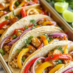 - 1.5 lbs boneless, skinless chicken thighs, cut into bite-sized pieces - 1 red bell pepper, sliced - 1 yellow bell pepper, sliced - 1 red onion, sliced - 2 tablespoons olive oil - 1/2 cup sweet chili sauce - 1 tablespoon soy sauce (optional) - 1 teaspoon garlic powder - 1 teaspoon ground cumin - 1/2 teaspoon paprika - Salt and pepper to taste - 8 small corn or flour tortillas - Fresh cilantro, chopped (for garnish) - Lime wedges (for serving) When I make these tacos, I love using chicken thighs. They stay juicy and tender. The bell peppers add a nice crunch and color. I often choose red and yellow because they are sweet and bright. The red onion gives a sharp taste that balances the sweetness. Sweet chili sauce is the star of this dish. It brings a sweet and spicy flavor. The soy sauce is optional but adds depth. I mix garlic powder, cumin, and paprika for a warm taste. Salt and pepper always help bring out the flavors. I use small tortillas for easy handling. They are perfect for holding the chicken and veggies. Fresh cilantro adds a burst of freshness. Lime wedges are a must for squeezing over the tacos. They brighten everything! While I don’t always endorse brands, I find that using quality ingredients makes a difference. For chicken, look for organic or free-range options. For sauces, I enjoy brands like Sky Valley or Mae Ploy for sweet chili. If you can’t find sweet chili sauce, use a mix of honey and hot sauce. You can also switch chicken thighs for chicken breasts or even tofu for a vegan option. For veggies, try zucchini or mushrooms. They cook well and add flavor. 1. Preheat the oven and prepare the sheet pan. Set your oven to 400°F (200°C). This temperature gives the chicken a nice caramelized finish. Grab a large sheet pan and line it with parchment paper for easy clean-up. 2. Cutting chicken and vegetables. Take 1.5 lbs of boneless, skinless chicken thighs and cut them into bite-sized pieces. Next, slice one red bell pepper, one yellow bell pepper, and one red onion. The colors will brighten your dish and add flavor. 1. Making and coating the marinade. In a small bowl, mix 1/2 cup of sweet chili sauce, 1 tablespoon of soy sauce (if you like), 1 teaspoon of garlic powder, 1 teaspoon of ground cumin, and 1/2 teaspoon of paprika. Add salt and pepper to taste. This sauce will give your chicken and veggies a sweet, spicy kick. 2. Baking time and temperature. Place the chicken and sliced veggies on the sheet pan. Drizzle 2 tablespoons of olive oil over them. Toss everything to coat well. Pour the marinade over the chicken and veggies, mixing until every piece is covered. Spread the mixture in a single layer. Bake for 20-25 minutes. The chicken should be cooked through and slightly caramelized. 1. How to warm tortillas. Warm 8 small corn or flour tortillas in a dry skillet or microwave. This step makes them soft and easy to fold. 2. Methods for assembly and presentation. Take a warm tortilla and add a generous amount of the sweet chili chicken mixture. Top with chopped fresh cilantro for a burst of freshness. Serve with lime wedges on the side for a zesty finish. Enjoy your vibrant and tasty tacos! To ensure your chicken is perfectly cooked, cut it into bite-sized pieces. This helps it cook evenly and quickly. Bake the chicken for 20-25 minutes at 400°F (200°C). Use a meat thermometer to check the internal temperature. It should reach 165°F (75°C). For caramelization, spread the chicken and veggies in a single layer on the pan. This allows the heat to circulate and brown the food nicely. If you want to add spice or heat, try adding diced jalapeños or crushed red pepper flakes. These options will give your tacos an extra kick. For sauces and toppings, you can also use avocado crema, salsa, or a drizzle of lime juice. Fresh cilantro adds a great touch too! For meal prep, chop the chicken and veggies a day ahead. Store them in airtight containers in the fridge. You can also prepare the marinade in advance. Just mix all the ingredients and keep it in the fridge. This way, you save time on the cooking day. Use a large sheet pan to make everything in one go. It’s easy and cleans up fast! {{image_2}} You can swap the chicken for other meats like pork or beef. If you prefer plant-based options, try tofu or tempeh. These swaps change the taste but keep it tasty. For vegetables, use zucchini or mushrooms. Each veggie has different cooking times. Bell peppers and onions take about 20-25 minutes in the oven. If you use zucchini, cut it thicker and add it halfway through cooking. When it comes to taco shells, you have choices. Flour tortillas are soft and chewy. Corn tortillas add a nice crunch. You can also use lettuce wraps for a fresh, low-carb option. If you want something different, try serving the filling over rice or in a bowl. That way, you can enjoy all the flavors without a shell. If you want to make your own sweet chili sauce, mix sugar, vinegar, and chili flakes. Heat until the sugar dissolves. This way, you can control the heat and sweetness. You can also try other sauces. A squeeze of lime juice adds brightness. Or, drizzle some creamy avocado sauce for richness. Experiment with flavors to find what you love! To keep your tacos safe, store them in an airtight container. This helps prevent bacteria. The dish stays fresh for up to three days in the fridge. Make sure to cool your chicken and veggies before sealing them up. The best way to reheat leftovers is in the oven. Preheat it to 350°F (175°C). Spread the chicken and veggies on a baking sheet. Heat for about 10 minutes, or until warm. This method keeps the flavors intact. You can also use a microwave, but be careful not to overcook. You can freeze the chicken and veggies separately. This way, they stay fresh longer. Use freezer bags to save space. If you want to freeze the assembled tacos, wrap them tightly in foil. They will last up to three months. Thaw in the fridge before reheating. If you lack sweet chili sauce, you can mix honey with soy sauce. Add a splash of vinegar for tang. This will give you a sweet and spicy flavor that mimics sweet chili sauce. Yes, you can make the chicken mix a day ahead. Just marinate the chicken and veggies. Store them in the fridge until you are ready to bake. This saves time and boosts flavor. Chicken is fully cooked when it reaches 165°F (75°C). Use a meat thermometer to check the thickest part. The chicken should be white inside, not pink, and the juices should run clear. Great sides include: - Mexican rice - Black beans - Corn salad - Guacamole These complement the tacos and add more flavor and texture. To customize for dietary needs: - Use tofu or tempeh for a plant-based option. - Choose gluten-free tortillas if needed. - Swap soy sauce for a gluten-free alternative. These tweaks keep your tacos tasty and suitable for everyone. This blog post covers how to make tasty Sheet Pan Sweet Chili Chicken Tacos. We discussed the key ingredients, including chicken, vegetables, and sauces. You learned about preparation, cooking techniques, and taco assembly. We shared tips to improve flavor and time-saving tricks. Variations on ingredients and storage tips were also provided to keep your tacos fresh. I hope you enjoy making these tacos, and feel inspired to customize them to your taste.