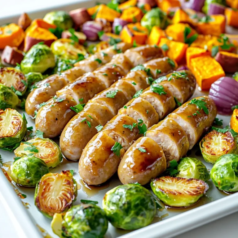 - 1 pound chicken sausages, sliced - 2 cups Brussels sprouts, halved - 2 sweet potatoes, diced into cubes - 1 red onion, cut into wedges - 1/4 cup pure maple syrup - 2 tablespoons Dijon mustard - 2 tablespoons olive oil - 1 teaspoon garlic powder - 1 teaspoon smoked paprika - Salt and pepper to taste - Fresh parsley, chopped The main ingredients create a great base for this dish. Chicken sausages add protein and flavor. The fresh vegetables, like Brussels sprouts and sweet potatoes, bring color and nutrition. The red onion adds a slight sweetness when roasted. For the glaze, maple syrup gives a sweet touch. Dijon mustard adds a tangy kick. Olive oil helps everything cook evenly. The garlic powder and smoked paprika bring depth to the flavor. Salt and pepper round it all out. As for the optional garnish, fresh parsley adds a pop of color and a hint of freshness. It makes your dish look great and taste even better. 1. Preheat your oven to 425°F (220°C). This high heat helps the food cook fast and brown well. 2. Line a large sheet pan with parchment paper. This makes cleanup easy and keeps the food from sticking. 1. In a small bowl, whisk together the glaze. Mix 1/4 cup maple syrup, 2 tablespoons Dijon mustard, 1 teaspoon garlic powder, and 1 teaspoon smoked paprika. Add salt and pepper to taste. This glaze gives a sweet and tangy flavor. 2. In a large bowl, toss the sliced chicken sausages and vegetables. Use 2 cups Brussels sprouts, 2 diced sweet potatoes, and 1 red onion. Drizzle with 2 tablespoons olive oil. Make sure every piece is coated well. 1. Pour the maple glaze over the sausage and vegetables. Toss everything again until well coated. This step adds flavor to all the ingredients. 2. Spread the mixture evenly on the prepared sheet pan. Make sure it is in a single layer. This helps everything cook evenly. 3. Bake in the preheated oven for 25-30 minutes. Stir halfway through to help with even cooking. The sausage should be hot and caramelized, and the veggies should be tender. To make a great glaze, balance sweetness and tanginess. Start with 1/4 cup of pure maple syrup. This adds sweetness and flavor. Then, mix in 2 tablespoons of Dijon mustard. This will give a nice tang. You can adjust the amounts to suit your taste. If you want it sweeter, add more syrup. If you prefer it tangier, add more mustard. Taste the glaze before pouring it on the food. For even cooking and caramelization, spread ingredients in a single layer. Use a large sheet pan to avoid crowding. This helps the sausages and veggies cook well. Stir halfway through baking to ensure all sides cook evenly. Aim for a golden-brown color on the sausage. This shows they are perfectly cooked and full of flavor. Pair your maple glazed chicken sausage with sides that complement its flavors. Roasted vegetables or a fresh salad work well. You can also serve it with mashed potatoes for a cozy meal. For drinks, try a light white wine or sparkling water. These drinks balance the sweetness of the glaze. Enjoy your meal with family or friends for a perfect dining experience! {{image_2}} If you want to switch things up, consider using turkey sausage instead of chicken sausage. Turkey sausage offers a leaner option with a similar taste. If meat isn't your thing, try plant-based sausage. It works well and keeps the meal hearty. For vegetables, use what you have on hand. Seasonal veggies like carrots, zucchini, or butternut squash add great flavor. You can also mix in some asparagus or green beans for a fresh twist. To amp up the flavors, add spices like thyme or rosemary. These herbs bring a lovely earthiness. If you want some heat, sprinkle in red pepper flakes or cayenne. It adds a nice kick! You can also experiment with different syrups. Try honey or agave instead of maple syrup for a sweeter glaze. Each syrup brings its unique taste, so feel free to mix it up. If you need a gluten-free option, use gluten-free sausage and ensure your mustard is also gluten-free. This way, you can enjoy the dish without worry. For a low-carb version, swap sweet potatoes for cauliflower. This change keeps the meal light and low in carbs while still filling and tasty. Store leftovers in an airtight container. This keeps them fresh. You can keep it in the fridge for up to three days. Make sure it cools down before sealing. Label the container with the date. This helps you remember when you made it. You can reheat your dish in different ways. The oven works great for keeping the flavor and texture. Preheat the oven to 350°F (175°C). Place the dish on a baking sheet and cover it with foil. Heat for about 15-20 minutes. You can also use the microwave. Just place the food in a microwave-safe dish. Heat in one-minute intervals, stirring in between. To freeze, let the dish cool completely. Transfer it to a freezer-safe container. Make sure to leave some space at the top. This allows for expansion. You can freeze it for up to three months. When ready to eat, thaw it in the fridge overnight. Reheat as explained earlier. Enjoy your tasty meal even after a month! Yes, you can use turkey sausage. Turkey sausage has a milder flavor. It may take a bit longer to cook. Make sure it reaches an internal temperature of 165°F. The maple glaze will add great flavor to turkey sausage too. Leftovers can last for three to four days in the fridge. Store them in an airtight container. Always check for signs of spoilage before eating. If they smell off or look strange, it's best to toss them out. You can serve this dish with many sides. Roasted carrots or green beans work well. A simple salad with a light dressing is also great. Serve it with rice or quinoa for a filling meal. These sides balance the meal and add nutrition. This recipe combines hearty chicken sausages and fresh veggies for a quick meal. The maple glaze adds a sweet touch, enhancing the flavors beautifully. Remember, you can swap ingredients, adjust sweetness, and make it your own. Don’t forget to store and reheat leftovers properly to enjoy later. Experiment with variations to keep it exciting. With these tips, you’ll create a tasty dish every time. Enjoy your cooking adventure and relish the delicious results.