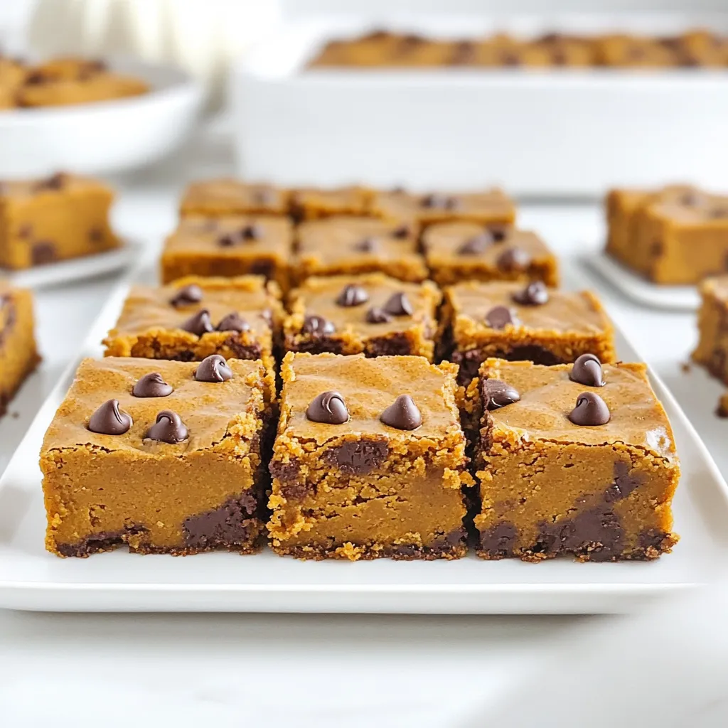 For these blondies, you will need the following key ingredients: - 1 cup unsalted butter (2 sticks) - 1 cup brown sugar - 1/2 cup granulated sugar - 2 large eggs - 1 cup pumpkin puree (canned or fresh) - 1 teaspoon vanilla extract - 2 cups all-purpose flour - 1 teaspoon baking powder - 1/2 teaspoon baking soda - 1/2 teaspoon salt - 1 teaspoon ground cinnamon - 1/2 teaspoon ground nutmeg - 1 cup semi-sweet chocolate chips Each ingredient plays a vital role. The unsalted butter adds richness. Brown sugar gives a deep flavor. Pumpkin puree keeps the blondies moist and adds a lovely orange hue. You can customize these blondies easily. Here are some options: - Nut Butter: Swap half the butter for almond or peanut butter for added flavor. - Spices: Add ginger or cloves for extra warmth. - Sweeteners: Use maple syrup or coconut sugar for a different sweetness. These changes let you adjust flavor to your liking. For the best taste, I recommend semi-sweet chocolate chips. They add just the right amount of sweetness. Dark chocolate chips give a richer taste, while milk chocolate offers a creamier texture. You can even mix different types for fun. Remember, the quality of chocolate matters. Choose a good brand for the best results. To start, take a medium saucepan and place it on the stove. Turn the heat to medium. Add 1 cup of unsalted butter to the pan. As the butter melts, keep stirring it often. This helps prevent burning. After about 5 to 7 minutes, the butter will turn a nice golden color. You'll smell a nutty aroma, which is a good sign. Once it looks right, remove it from the heat. Let it cool for a few minutes while you prepare the batter. Grab a large mixing bowl. Combine 1 cup of brown sugar and 1/2 cup of granulated sugar in it. Pour the warm brown butter into the bowl, mixing well. Next, add 2 large eggs, 1 cup of pumpkin puree, and 1 teaspoon of vanilla extract. Stir everything together until it’s smooth. In another bowl, whisk together 2 cups of all-purpose flour, 1 teaspoon of baking powder, 1/2 teaspoon of baking soda, 1/2 teaspoon of salt, 1 teaspoon of ground cinnamon, and 1/2 teaspoon of ground nutmeg. Gradually add this dry mix to the wet mix. Stir gently until just combined. Be careful not to overmix. Finally, fold in 1 cup of semi-sweet chocolate chips, making sure they’re evenly spread through the batter. Now, you are ready to bake! Preheat your oven to 350°F (175°C). Grease a 9x13 inch baking pan or line it with parchment paper. Pour the batter into the pan, spreading it evenly. Bake for about 25 to 30 minutes. To check if they are done, insert a toothpick into the center. It should come out clean or with a few moist crumbs. Once baked, let the blondies cool in the pan on a wire rack. After cooling, slice them into squares for serving. Enjoy your delicious brown butter pumpkin chocolate chip blondies! To make brown butter, start with unsalted butter. Use a medium saucepan over medium heat. Melt the butter slowly while stirring often. Watch for the bubbles; they will start to foam. After about 5-7 minutes, the butter will turn golden brown. You'll smell a nutty aroma as it cooks. Be careful not to walk away, or it can burn. Once browned, remove it from heat and let it cool slightly before using it in your recipe. This step adds a rich, deep flavor to your blondies. Avoid using too high of heat when making brown butter. This can cause it to burn quickly. If you overcook it, the flavor can turn bitter. Another mistake is not stirring enough. Stirring helps to cook the butter evenly. When mixing the wet and dry ingredients, don't overmix. Overmixing can make your blondies tough instead of soft and chewy. Lastly, make sure to line your pan with parchment paper. This makes it easier to remove the blondies after baking. You can easily change the flavor of your blondies. Try adding chopped nuts for a crunchy texture. Walnuts or pecans work well. You can also mix in dried fruits like cranberries or raisins for a sweet twist. If you love spices, consider adding ginger or cloves for warmth. For a fun flavor boost, try using flavored chocolate chips, like dark chocolate or sea salt caramel. Each option brings a new taste to your blondies, making them even more delightful. {{image_2}} You can make a gluten-free version of these blondies. Use a gluten-free flour blend instead of all-purpose flour. Make sure it has a good mix of flours. Almond flour or oat flour also work well. Just remember, the texture may change a bit. They might be denser, but still delicious! Feel free to get creative with your blondies! You can add nuts like walnuts or pecans for crunch. Try dried cranberries or cherries for a fruity twist. You can also mix in white chocolate chips for a fun flavor change. Just keep the total amount of mix-ins to about 1 to 1.5 cups. If you want to play with flavors, switch up the spices. Instead of cinnamon, try cardamom or allspice for a warm touch. Ginger can also add a nice kick. You can even use pumpkin pie spice for a one-stop flavor boost. These small changes can really elevate your blondies! To keep your blondies fresh, place them in an airtight container. Line the bottom with parchment paper. This helps prevent sticking. You can stack the blondies with layers of parchment in between. This method keeps them moist and delicious. You can store blondies in the fridge for up to a week. If you want to freeze them, wrap each blondie tightly in plastic wrap. Place them in a freezer-safe bag or container. They can last for about three months in the freezer. Just remember to label the bag with the date. To reheat, you can use your microwave. Heat one blondie for about 15-20 seconds. Check to see if it’s warm throughout. For a crispier texture, place them in an oven at 350°F (175°C) for about 5-10 minutes. This will bring back their original taste and texture, making them feel fresh again. Yes, you can use store-bought pumpkin puree. It saves time and is easy to use. Just make sure to pick plain pumpkin puree, not pie filling. The flavor and texture will still be great. I often use canned pumpkin for convenience, and it works perfectly in this recipe. Blondies and brownies differ mainly in their flavors and ingredients. Blondies use brown sugar and often taste like caramel or toffee. Brownies, on the other hand, include cocoa powder, giving them a rich chocolate flavor. Blondies have a lighter color, while brownies are dark. Both are delicious, but their unique qualities make each special. To check if your blondies are done, insert a toothpick into the center. If it comes out clean or with a few moist crumbs, they are ready. Keep in mind that bakers often prefer blondies slightly underbaked for a chewy texture. Trust your instincts, and you will nail it! You’ve learned how to make delicious brown butter pumpkin chocolate chip blondies from scratch. We covered key ingredients, detailed steps, and helpful tips to avoid common mistakes. You now know about variations, like gluten-free options, and storage tips to keep your blondies fresh. Remember, simple changes can make your blondies unique. Bake them often and enjoy!