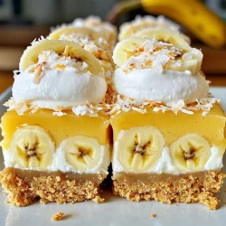 - 1 cup graham cracker crumbs - 1/2 cup unsweetened coconut flakes - 1/4 cup unsalted butter, melted - 2 ripe bananas, sliced - 1/2 cup brown sugar - 2 cups heavy cream - 1/2 cup powdered sugar - 1 teaspoon vanilla extract - 1/4 cup milk - 1 tablespoon cornstarch - 3 egg yolks - A pinch of salt These ingredients create a rich flavor. The graham cracker crumbs and coconut flakes form a tasty crust. The ripe bananas add natural sweetness and depth. The heavy cream makes it creamy and smooth. - Mixing bowls - Non-stick skillet - Saucepan - Whisk - 9x9 inch baking dish - Refrigerator You need simple kitchen tools for this recipe. A non-stick skillet helps caramelize the bananas without sticking. The whisk is vital for mixing ingredients smoothly. The baking dish holds everything together. - Substitute graham crackers with digestive biscuits for a different flavor. - Use almond milk instead of regular milk for a dairy-free option. - Replace heavy cream with coconut cream for a lighter texture. - Try maple syrup instead of brown sugar for a unique taste. These swaps can help fit your needs. Each change can alter the flavor and texture, so pick what you like best. To make the crust, gather your ingredients. You need graham cracker crumbs, coconut flakes, and melted butter. In a mixing bowl, combine one cup of graham cracker crumbs and half a cup of coconut flakes. Stir in a quarter cup of melted unsalted butter. Mix until it feels like wet sand. Next, press this mixture into a 9x9 inch baking dish. Bake it at 350°F for about 10 minutes. After baking, take it out and let it cool completely. Now, let’s caramelize the bananas. Slice two ripe bananas into thin pieces. In a non-stick skillet, add the sliced bananas and half a cup of brown sugar over medium heat. Cook them for about 3 to 4 minutes. Stir gently as they cook. You want the bananas to turn a nice golden brown and become soft. Once done, remove them from the heat and set them aside. For the custard, start by whisking together a quarter cup of milk, one tablespoon of cornstarch, and a pinch of salt in a saucepan. Heat this mixture over medium heat until it starts to thicken. In a separate bowl, whisk three egg yolks until creamy. Slowly add a few spoonfuls of the hot milk mixture to the egg yolks. This is called tempering. After mixing, pour everything back into the saucepan and cook for another 2 to 3 minutes. Stir until it thickens again. Remove it from the heat and stir in one teaspoon of vanilla extract. Let it cool for about 10 minutes. When the custard is cool, it’s time to assemble. In another bowl, beat two cups of heavy cream with half a cup of powdered sugar until stiff peaks form. Gently fold half of this whipped cream into the cooled custard. Next, layer the caramelized bananas evenly over the cooled crust. Pour the custard mixture over the bananas. Smooth it out gently with a spatula. Finally, top with the remaining whipped cream, spreading it evenly. Now, cover the dish and refrigerate the bars for at least 2 hours. This helps them set nicely. Once they are firm, take them out and cut them into squares. Serve them chilled for the best taste. Enjoy your delicious caramelized banana cream pie bars! To caramelize bananas well, choose ripe ones. They should be yellow with some brown spots. Heat your skillet on medium. Add sliced bananas and brown sugar. Watch them closely. Stir gently for about 3 to 4 minutes. The sugar will melt, and the bananas will turn golden. This process brings out their natural sweetness and adds a lovely flavor. A smooth custard is key for these bars. Start by whisking the egg yolks until creamy. When adding the hot milk mixture, do it slowly. This step is called tempering. It helps prevent the eggs from cooking too fast. Keep stirring until everything thickens. Once thickened, remove it from heat and add vanilla for extra flavor. Fold in whipped cream gently. This keeps the mixture light and fluffy. To make your bars look stunning, use a colorful platter. Cut the bars into neat squares. Top them with the remaining whipped cream. Add banana slices and a sprinkle of toasted coconut on top. This adds color and texture. You can also drizzle some caramel sauce for an extra treat. It makes for a beautiful and delicious dessert! {{image_2}} You can change the crust for your bars. Instead of graham crackers, try a cookie crust. Use crushed Oreos or digestive biscuits for a fun twist. You can also use a nut crust made from almonds or pecans. Just blend the nuts with some melted butter. This gives a crunchy texture and rich flavor. Want to add more taste? Consider mixing in some spices. A pinch of cinnamon or nutmeg can enhance the banana flavor. You might also add chocolate chips to the custard for a sweet surprise. For a tropical vibe, try adding pineapple or coconut into the mix. These flavors pair well with bananas and make your bars stand out. You can make these bars fit different diets. For a vegan version, swap the eggs for flaxseed meal and use coconut cream in place of heavy cream. Use a vegan butter substitute for the crust. To make them gluten-free, choose gluten-free graham cracker crumbs or nut flour for the crust. These changes let everyone enjoy this tasty treat. Store your caramelized banana cream pie bars in an airtight container. This keeps them fresh. Place a piece of parchment paper between layers to avoid sticking. Make sure to keep them in the fridge. They taste best when chilled. These bars can last up to five days in the fridge. After that, they may lose their texture and flavor. If you notice any changes in smell or appearance, it’s best to toss them out. You can freeze these bars for longer storage. Cut them into squares and wrap each piece tightly in plastic wrap. Then, place them in a freezer-safe bag or container. They can last up to three months in the freezer. When ready to eat, let them thaw in the fridge overnight. Enjoy them cold for the best taste! Yes, you can use other fruits. Try berries, peaches, or apples. They add great taste. Just make sure to slice them thinly. Cook them like the bananas for a nice caramel flavor. You can use coconut cream or almond milk. Both can work well in this recipe. Coconut cream gives a rich taste. Almond milk is lighter but still creamy. The bars are set when they feel firm to touch. After chilling, they should not jiggle. If you press gently, they should hold their shape. Yes, you can make these bars a day ahead. They store well in the fridge. Just cover them to keep them fresh. Enjoy them chilled for the best flavor! You learned the key steps for making delicious bars. We covered ingredients, prep, and storage. Using the right tools and techniques makes a big difference. Customize your bars with fun flavor and texture changes. Store them well to enjoy later. Now, you can impress friends and family with your tasty treat. Enjoy the process and have fun experimenting in the kitchen!