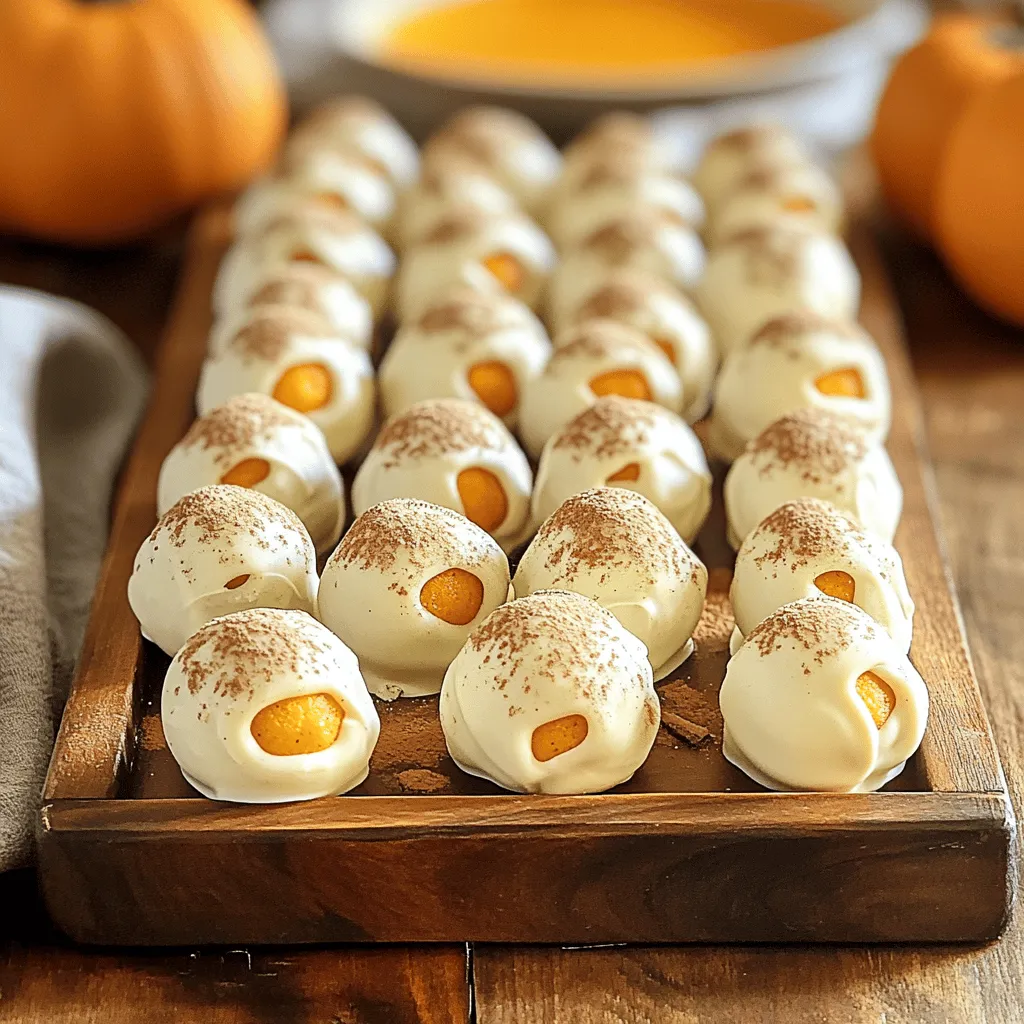 To make these tasty Pumpkin Cheesecake Oreo Truffles, you need to gather a few simple items. Here’s what you’ll need: - Oreo cookies (regular or gluten-free) - Cream cheese - Pumpkin puree - Pumpkin pie spice - Vanilla extract - White chocolate chips - Coconut oil (optional) - Crushed graham crackers and cinnamon for garnish Each ingredient plays a special role in making these truffles delicious. The Oreo cookies give a rich base, while the cream cheese adds creaminess. Pumpkin puree brings in that classic fall flavor. Pumpkin pie spice gives warmth and depth, and vanilla extract rounds it all out. You can use coconut oil to help thin the white chocolate. This makes dipping easier. Finally, the crushed graham crackers and cinnamon add a nice touch on top. You can switch up the flavors, but these ingredients make a great start! How to crush Oreo cookies To start, take your Oreo cookies and put them in a food processor. Pulse them until they are finely ground. If you don’t have a food processor, you can use a zip-top bag. Just place the cookies inside and crush them with a rolling pin. This method works great too! Mixing in cream cheese and pumpkin In a large bowl, combine the crushed Oreos with softened cream cheese, pumpkin puree, pumpkin pie spice, and vanilla extract. Use a spatula or spoon to mix everything together. Keep mixing until the mixture is smooth and well blended. Forming truffles Now it’s time to shape the mixture into truffles. Use a cookie scoop or your hands to form small balls, about 1 inch wide. Place each ball on a parchment-lined baking sheet. Make sure there is space between each truffle. Freezing the truffles Put the baking sheet with the formed truffles in the freezer. Let them freeze for about 30 minutes. This makes them firm and easier to dip in chocolate later. Melting white chocolate While the truffles freeze, prepare the chocolate. Place white chocolate chips in a microwave-safe bowl. Heat them in the microwave for 30 seconds at a time. Stir after each interval until the chocolate is smooth. If you want thinner chocolate, add a tablespoon of coconut oil. Dipping and decorating truffles After the truffles are firm, take them out of the freezer. Dip each truffle into the melted white chocolate with a fork. Lift them out and gently shake off the excess chocolate. Place the coated truffles back on the baking sheet. Before the chocolate sets, sprinkle crushed graham crackers and a bit of cinnamon on top. Chilling to set chocolate Put the truffles in the fridge to chill for about 30 minutes. This will help the chocolate harden completely. Displaying the finished truffles Once the chocolate is set, it's time to serve! Arrange the truffles on a beautiful serving tray. You can also drizzle some white chocolate over them for an extra touch. Using cupcake liners can make them look even more appealing! To make the best truffles, aim for a smooth and creamy mix. The mixture should hold together but not be too sticky. If it feels too wet, add a little more crushed Oreo. For a smooth chocolate coating, make sure your white chocolate is melted evenly. Stir it often and add coconut oil if needed. This helps thin it out for better dipping. Want to boost the flavor? Try adding a pinch of cinnamon or nutmeg to the mix. These spices enhance the pumpkin taste. You can also top the truffles with crushed nuts or sprinkles for added crunch. If you prefer a richer taste, consider using dark chocolate instead of white. It pairs nicely with pumpkin and adds depth. When serving, think about presentation. Arrange the truffles on a pretty platter. You can drizzle extra melted chocolate over them for flair. Placing them in colorful cupcake liners makes them look festive. Pair these treats with a warm drink, like spiced cider or hot chocolate. The flavors match perfectly and make for a cozy treat! {{image_2}} You can make these truffles your own. Try adding pumpkin spice to the mix. This will boost the fall flavor you love. You can also mix in nuts like pecans or walnuts. The crunch adds a nice texture. If you want more variety, try other flavors. Use mint Oreos for a fresh twist. Or, go for peanut butter Oreos for a creamy taste. The options are endless! For those with dietary needs, there are easy swaps. You can find gluten-free Oreos at the store. They work just as well in this recipe. If you want a dairy-free option, use vegan cream cheese. It blends nicely with pumpkin puree. You can also find dairy-free chocolate chips. They melt just like regular chocolate. As holidays approach, think about how to spice things up! Add in festive flavors like nutmeg or cinnamon. You can even drizzle caramel on top for a special treat. For Halloween, shape truffles into little pumpkins. Use orange candy melts to coat them. For Thanksgiving, use a sprinkle of crushed pecans as a garnish. These seasonal touches make your truffles even more fun and tasty! Store your Pumpkin Cheesecake Oreo Truffles in a cool place. The fridge works best. Keep them in an airtight container. This helps them stay fresh. They will last about one week in the fridge. If you want to keep them longer, freezing is a great option. To freeze truffles, first, place them on a baking sheet. Make sure they are not touching each other. Freeze them for about one hour. Once firm, move them to an airtight container. They can last up to three months in the freezer. When you are ready to enjoy, thaw them in the fridge for a few hours. This keeps them tasting fresh. Use glass or plastic containers for storage. They seal well and keep air out. You can also use a muffin tin with plastic wrap. This helps keep truffles from sticking together. Adding parchment paper between layers can also help. Enjoy your tasty treats anytime! Pumpkin Cheesecake Oreo Truffles can last about one week in the fridge. Store them in an airtight container. If you want them to last longer, you can freeze them. They will stay good for about three months in the freezer. Yes, you can make these truffles ahead of time. They store well in the fridge. You can prepare them a few days before your event. Just keep them covered in an airtight container. The best way to melt chocolate is in the microwave. Use a microwave-safe bowl and heat it in 30-second bursts. Stir after each burst until smooth. You can also use a double boiler for more control. Yes, you can use dark chocolate instead of white chocolate. Dark chocolate will give a richer flavor. Just remember that it may change the look of your truffles. Yes, you can use homemade cookies instead of Oreos. Just make sure they are similar in texture. This will help you achieve the right consistency for the truffles. In this post, I covered how to make Pumpkin Cheesecake Oreo Truffles. We discussed the key ingredients like Oreo cookies, cream cheese, and pumpkin puree. I also provided step-by-step instructions for making, freezing, and coating the truffles. Along with tips for texture and serving suggestions, we explored variations to fit different diets and seasons. These truffles are fun to make and taste great. They are perfect for sharing or enjoying on your own. Try them out and enjoy your tasty treats!