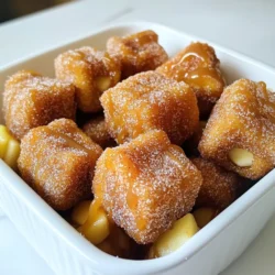 - 1 cup all-purpose flour - 1 tablespoon granulated sugar - 1/2 teaspoon baking powder - 1/4 teaspoon salt - 1/2 cup water - 2 tablespoons unsalted butter - 1 teaspoon vanilla extract - 1 medium apple, peeled and diced - 1/2 cup caramel sauce (store-bought or homemade) - 1/4 cup granulated sugar (for coating) - 1 teaspoon ground cinnamon These ingredients create a wonderful mix of sweet and warm flavors. The flour gives a sturdy base for the churro bites. Sugar adds sweetness, while baking powder helps them puff up. Salt brings out all the flavors in the dish. Water and butter combine to create a rich dough. Vanilla adds a lovely aroma. The diced apple gives a fresh crunch and a hint of tartness. Caramel sauce makes everything extra special. The sugar and cinnamon blend creates a sweet coating that makes each bite heavenly. Make sure to gather fresh apples and good-quality caramel sauce. This will enhance the taste of your churro bites. You can use store-bought caramel sauce for ease or make your own for a homemade touch. The choice is yours! To start, I mix water, butter, and sugar in a medium saucepan. I heat this over medium heat. My goal is to melt the butter and bring the mixture to a simmer. This takes just a few minutes. Once the butter melts, I know I’m ready for the next step. Next, I grab a bowl and combine flour, baking powder, and salt. I make sure these dry ingredients are well mixed. When the butter mixture simmers, I remove it from heat. I then stir in the dry mix until it becomes a dough. This step is key to creating a smooth churro base. At this point, I add one teaspoon of vanilla extract to the dough. I mix it in well. Then, I gently fold in the diced apple cubes. The apples add a nice crunch and sweetness to the bites. Now, I heat oil in a deep frying pan. I make sure it reaches about 350°F (175°C). Using a piping bag, I pipe small bites into the hot oil. Each bite is about one inch in diameter. I fry them for 2-3 minutes until they turn golden brown. Once they are done, I use a slotted spoon to remove them and let them drain on paper towels. While they are still warm, I mix granulated sugar and cinnamon in a small bowl. I toss the churro bites in this cinnamon sugar mixture. This final touch makes them extra sweet and tasty. To get the best churro bites, start with the right dough. The dough needs to be thick but smooth. If it's too runny, it won't hold shape. If it's too dry, it won't fry well. - Dough Consistency Tips: - Mix until it forms a ball and pulls away from the pan. - Use a piping bag for easy shaping. Frying temperature is key. If the oil is too hot, the churros burn. If too cool, they get greasy. - Frying Temperature: - Aim for 350°F (175°C). - Use a thermometer to check the heat. Presentation matters. Serve your churro bites in a fun way. A rustic bowl adds charm. You can also use a wooden board for a nice touch. - Best Presentation Tips: - Arrange churro bites in a circle for a beautiful look. - Drizzle caramel on top or serve it in a small bowl for dipping. Pair these bites with drinks or other treats. They work great with hot chocolate or apple cider. - Pairing Ideas: - Try them with vanilla ice cream. - Serve with a warm cup of coffee. Watch out for overcooking or undercooking. Overcooked churros will be hard, while undercooked ones will be doughy inside. - Cooking Tips: - Fry for about 2-3 minutes until golden brown. - Keep an eye on them while cooking. Also, correct measurements are important. Using too much flour or too little water can lead to bad results. - Measurement Tips: - Always use measuring cups for accuracy. - Double-check your ingredients before mixing. {{image_2}} You can mix up the flavors in your churro bites. Try adding different spices for a unique twist. Nutmeg adds warmth, while cardamom gives a hint of sweetness. Just a pinch can change everything. You can also swap fruits. Use diced pears or juicy peaches instead of apples. This keeps the recipe fresh and exciting. Each fruit brings its own taste, making every batch special. While caramel sauce is classic, there are many other fun dips. Chocolate sauce is rich and creamy. It pairs well with the warm churro bites. Peanut butter adds a nutty flavor that many love. For a lighter option, try flavored whipped cream or yogurt. Whipped cream can come in various flavors, like vanilla or even pumpkin spice. Each dip offers a new way to enjoy your churro bites. If you want a healthier version, a few easy swaps can help. Use whole wheat flour instead of all-purpose flour. This adds fiber and nutrients. You can also bake the churro bites instead of frying them. Baking cuts down on fat and calories. Just make sure to monitor them closely for that golden color. With these changes, you can enjoy a guilt-free treat without losing flavor. To keep your churro bites fresh, store them in an airtight container. Place parchment paper between layers to avoid sticking. They stay good in the fridge for up to three days. If you freeze them, they can last for about a month. When you want to enjoy your churro bites again, the oven works best. Preheat it to 350°F (175°C). Place the bites on a baking sheet for about 5-7 minutes. This keeps them crispy on the outside. If you use a microwave, you might lose some crunch. Heat them for just 10-15 seconds. For freezing, let the churro bites cool completely first. Then, arrange them in a single layer on a baking sheet. Freeze until firm, then transfer to a freezer bag. Squeeze out excess air before sealing. To thaw, place them in the fridge overnight or leave them at room temperature for a few hours. To make churro bites crispy, start with the right dough. Use the proper ratio of flour to liquid. The oil temperature is key too. Heat oil to about 350°F (175°C). Fry small batches to avoid cooling the oil. This keeps the outside crispy while the inside stays soft. After frying, drain them on paper towels. Toss them in cinnamon sugar while warm. This adds extra crunch and sweetness. Yes, you can prepare churro bites ahead of time. Make the dough and store it in the fridge. It will stay fresh for up to two days. You can also fry them in advance. Let them cool completely before storing them in an airtight container. They stay good in the fridge for about 3 days. When ready to serve, reheat them in a hot oven to restore some crispiness. You can find caramel apple churro bites at fairs and food festivals. Many food trucks and dessert shops sell them too. Some grocery stores may carry them in the frozen section. Look for local bakeries that specialize in unique desserts. Online ordering is another option. Many stores ship delicious treats right to your door. To make churro bites, gather these simple ingredients and follow the steps. Start by mixing butter, water, and sugar, then combine with dry ingredients. Shape the dough, fry until golden, and coat in cinnamon sugar. Don't forget tips for texture and serving ideas. Explore flavor variations and healthier options for fun twists. Store leftovers correctly to keep them fresh. Whether you make them yourself or find them at a store, enjoy these tasty treats!