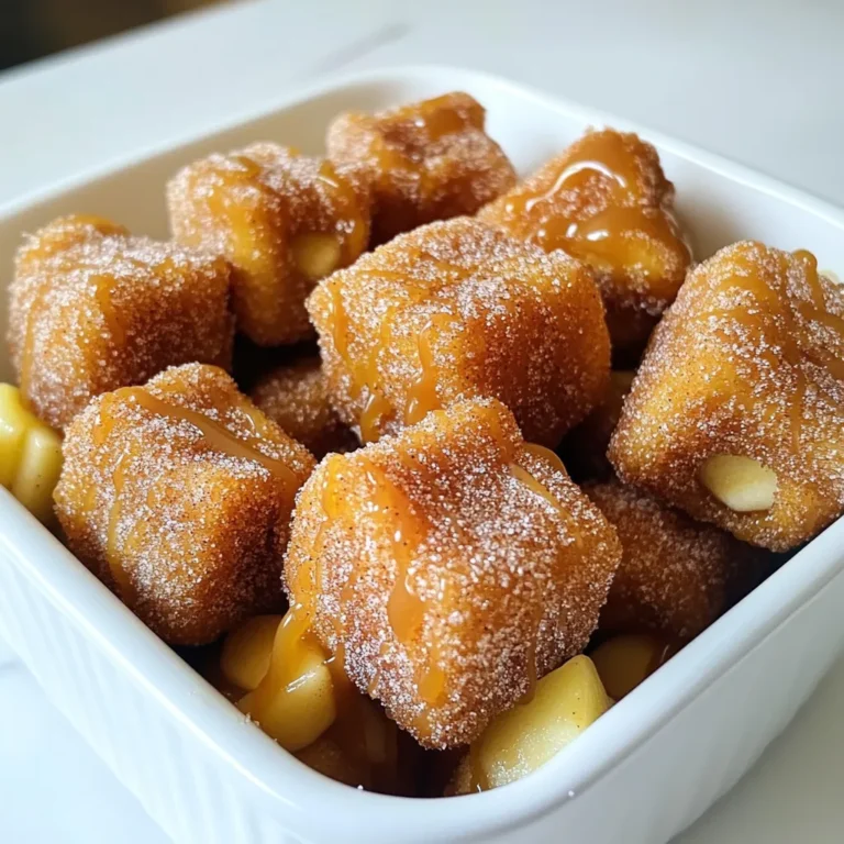 - 1 cup all-purpose flour - 1 tablespoon granulated sugar - 1/2 teaspoon baking powder - 1/4 teaspoon salt - 1/2 cup water - 2 tablespoons unsalted butter - 1 teaspoon vanilla extract - 1 medium apple, peeled and diced - 1/2 cup caramel sauce (store-bought or homemade) - 1/4 cup granulated sugar (for coating) - 1 teaspoon ground cinnamon These ingredients create a wonderful mix of sweet and warm flavors. The flour gives a sturdy base for the churro bites. Sugar adds sweetness, while baking powder helps them puff up. Salt brings out all the flavors in the dish. Water and butter combine to create a rich dough. Vanilla adds a lovely aroma. The diced apple gives a fresh crunch and a hint of tartness. Caramel sauce makes everything extra special. The sugar and cinnamon blend creates a sweet coating that makes each bite heavenly. Make sure to gather fresh apples and good-quality caramel sauce. This will enhance the taste of your churro bites. You can use store-bought caramel sauce for ease or make your own for a homemade touch. The choice is yours! To start, I mix water, butter, and sugar in a medium saucepan. I heat this over medium heat. My goal is to melt the butter and bring the mixture to a simmer. This takes just a few minutes. Once the butter melts, I know I’m ready for the next step. Next, I grab a bowl and combine flour, baking powder, and salt. I make sure these dry ingredients are well mixed. When the butter mixture simmers, I remove it from heat. I then stir in the dry mix until it becomes a dough. This step is key to creating a smooth churro base. At this point, I add one teaspoon of vanilla extract to the dough. I mix it in well. Then, I gently fold in the diced apple cubes. The apples add a nice crunch and sweetness to the bites. Now, I heat oil in a deep frying pan. I make sure it reaches about 350°F (175°C). Using a piping bag, I pipe small bites into the hot oil. Each bite is about one inch in diameter. I fry them for 2-3 minutes until they turn golden brown. Once they are done, I use a slotted spoon to remove them and let them drain on paper towels. While they are still warm, I mix granulated sugar and cinnamon in a small bowl. I toss the churro bites in this cinnamon sugar mixture. This final touch makes them extra sweet and tasty. To get the best churro bites, start with the right dough. The dough needs to be thick but smooth. If it's too runny, it won't hold shape. If it's too dry, it won't fry well. - Dough Consistency Tips: - Mix until it forms a ball and pulls away from the pan. - Use a piping bag for easy shaping. Frying temperature is key. If the oil is too hot, the churros burn. If too cool, they get greasy. - Frying Temperature: - Aim for 350°F (175°C). - Use a thermometer to check the heat. Presentation matters. Serve your churro bites in a fun way. A rustic bowl adds charm. You can also use a wooden board for a nice touch. - Best Presentation Tips: - Arrange churro bites in a circle for a beautiful look. - Drizzle caramel on top or serve it in a small bowl for dipping. Pair these bites with drinks or other treats. They work great with hot chocolate or apple cider. - Pairing Ideas: - Try them with vanilla ice cream. - Serve with a warm cup of coffee. Watch out for overcooking or undercooking. Overcooked churros will be hard, while undercooked ones will be doughy inside. - Cooking Tips: - Fry for about 2-3 minutes until golden brown. - Keep an eye on them while cooking. Also, correct measurements are important. Using too much flour or too little water can lead to bad results. - Measurement Tips: - Always use measuring cups for accuracy. - Double-check your ingredients before mixing. {{image_2}} You can mix up the flavors in your churro bites. Try adding different spices for a unique twist. Nutmeg adds warmth, while cardamom gives a hint of sweetness. Just a pinch can change everything. You can also swap fruits. Use diced pears or juicy peaches instead of apples. This keeps the recipe fresh and exciting. Each fruit brings its own taste, making every batch special. While caramel sauce is classic, there are many other fun dips. Chocolate sauce is rich and creamy. It pairs well with the warm churro bites. Peanut butter adds a nutty flavor that many love. For a lighter option, try flavored whipped cream or yogurt. Whipped cream can come in various flavors, like vanilla or even pumpkin spice. Each dip offers a new way to enjoy your churro bites. If you want a healthier version, a few easy swaps can help. Use whole wheat flour instead of all-purpose flour. This adds fiber and nutrients. You can also bake the churro bites instead of frying them. Baking cuts down on fat and calories. Just make sure to monitor them closely for that golden color. With these changes, you can enjoy a guilt-free treat without losing flavor. To keep your churro bites fresh, store them in an airtight container. Place parchment paper between layers to avoid sticking. They stay good in the fridge for up to three days. If you freeze them, they can last for about a month. When you want to enjoy your churro bites again, the oven works best. Preheat it to 350°F (175°C). Place the bites on a baking sheet for about 5-7 minutes. This keeps them crispy on the outside. If you use a microwave, you might lose some crunch. Heat them for just 10-15 seconds. For freezing, let the churro bites cool completely first. Then, arrange them in a single layer on a baking sheet. Freeze until firm, then transfer to a freezer bag. Squeeze out excess air before sealing. To thaw, place them in the fridge overnight or leave them at room temperature for a few hours. To make churro bites crispy, start with the right dough. Use the proper ratio of flour to liquid. The oil temperature is key too. Heat oil to about 350°F (175°C). Fry small batches to avoid cooling the oil. This keeps the outside crispy while the inside stays soft. After frying, drain them on paper towels. Toss them in cinnamon sugar while warm. This adds extra crunch and sweetness. Yes, you can prepare churro bites ahead of time. Make the dough and store it in the fridge. It will stay fresh for up to two days. You can also fry them in advance. Let them cool completely before storing them in an airtight container. They stay good in the fridge for about 3 days. When ready to serve, reheat them in a hot oven to restore some crispiness. You can find caramel apple churro bites at fairs and food festivals. Many food trucks and dessert shops sell them too. Some grocery stores may carry them in the frozen section. Look for local bakeries that specialize in unique desserts. Online ordering is another option. Many stores ship delicious treats right to your door. To make churro bites, gather these simple ingredients and follow the steps. Start by mixing butter, water, and sugar, then combine with dry ingredients. Shape the dough, fry until golden, and coat in cinnamon sugar. Don't forget tips for texture and serving ideas. Explore flavor variations and healthier options for fun twists. Store leftovers correctly to keep them fresh. Whether you make them yourself or find them at a store, enjoy these tasty treats!