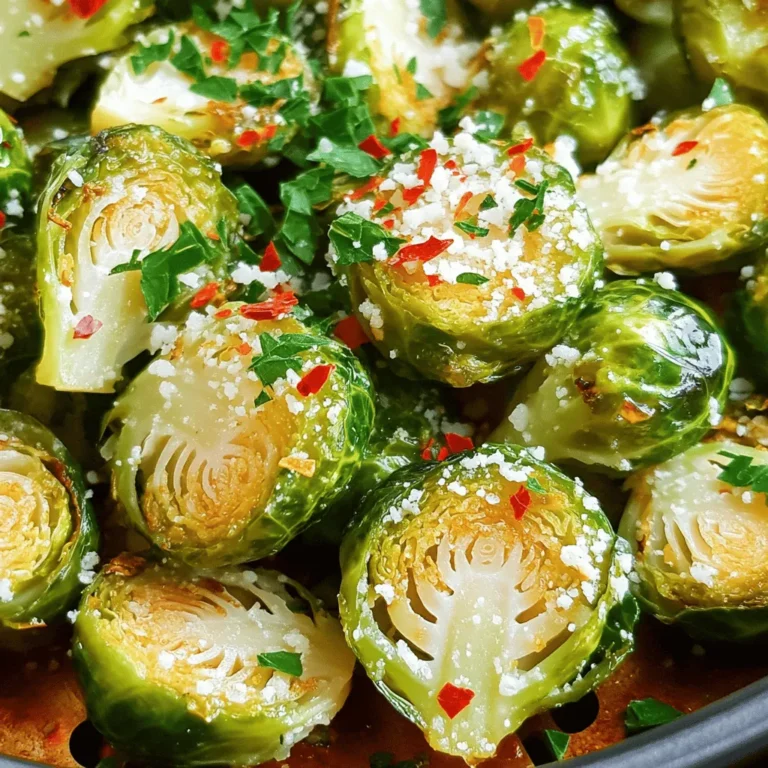 - 1 pound Brussels sprouts, trimmed and halved - 3 tablespoons olive oil - 4 cloves garlic, minced - 1/2 cup grated Parmesan cheese - 1 teaspoon garlic powder - 1/2 teaspoon onion powder - 1/2 teaspoon red pepper flakes - Fresh parsley, chopped When making Air Fryer Garlic Parmesan Brussels Sprouts, you need key ingredients. First, grab fresh Brussels sprouts. Look for firm, green sprouts. They should feel heavy and look tight. Next, you need olive oil. It adds flavor and helps the sprouts crisp up. Garlic is a must for this dish. Use fresh garlic for the best taste. Minced garlic makes each bite pop with flavor. For seasonings, grated Parmesan cheese is key. It melts and creates a tasty crust. Garlic powder adds a deeper garlic flavor, while onion powder gives a nice balance. You can spice things up with red pepper flakes if you like heat. Finally, fresh parsley is great for garnish. It adds color and a fresh taste. These ingredients come together to make a dish that is tasty and fun to eat! First, you need to trim the Brussels sprouts. Cut off the tough stem end and remove any yellow leaves. Next, slice each sprout in half. This helps them cook evenly. After that, preheat your air fryer to 375°F (190°C). Preheating makes sure your sprouts cook just right. In a large bowl, add the halved Brussels sprouts. Pour in 3 tablespoons of olive oil and add 4 cloves of minced garlic. Sprinkle in 1 teaspoon of garlic powder, 1/2 teaspoon of onion powder, and salt and pepper to taste. If you like some heat, add 1/2 teaspoon of red pepper flakes. Toss everything together until the sprouts are well coated. Now, add 1/2 cup of grated Parmesan cheese and mix again. This cheese will stick to the sprouts and add great flavor. Place the seasoned Brussels sprouts in the air fryer basket. Make sure they are in a single layer for even cooking. If your air fryer is small, cook in batches. Cook them for 15 to 18 minutes. Don’t forget to shake the basket halfway through. This helps them get crispy all around. When they are golden brown and crispy, they are ready to eat! To get those perfect crispy Brussels sprouts, set your air fryer to 375°F. This hot air helps them cook fast and stay crisp. Remember to shake the basket halfway through cooking. This step ensures that all sides get even heat. Don't be shy with spices! Add your favorite herbs or spices to boost the taste. Fresh herbs like parsley make a bright finish, while dried herbs are great too. Just remember, fresh herbs pack more flavor than dried ones. If your sprouts turn out soggy, check your oil amount. Too much oil can make them wet. If you own a smaller air fryer, cook in batches. This way, you allow enough air to circulate. Adjust the cooking time based on your air fryer model. Some cook faster than others, so keep an eye on them! {{image_2}} To add a tasty twist, consider adding bacon or pancetta. Cooked bacon bits bring a salty crunch that pairs well with the sprouts. Pancetta adds a rich, savory flavor. Just mix in a handful when you combine the sprouts with the oil and spices. Another fun way to enhance the dish is by incorporating lemon zest. Fresh lemon adds a bright, zesty note that balances the richness of the cheese. Grate a bit of lemon peel over the sprouts before air frying for a fresh flavor. If you seek a dairy-free or vegan option, simply swap the Parmesan cheese for a plant-based alternative. Nutritional yeast can also add a cheesy flavor without dairy. For gluten-free options, always check your seasoning labels. Most ingredients in this recipe are naturally gluten-free, making it easy to enjoy without worry. These Brussels sprouts make a great side dish. They pair well with roasted chicken or grilled fish. Serve them alongside quinoa or a light salad for a complete meal. You can also serve these sprouts as a fun appetizer. They are perfect for parties or gatherings. Just place them on a platter with toothpicks, and let your guests enjoy! To keep your Brussels sprouts fresh, cool them first. Let them sit at room temperature for about 30 minutes. After they cool, place them in a container. Use an airtight container for best results. This helps keep them from drying out. You can store them in the fridge for up to three days. When it’s time to enjoy leftovers, the air fryer works best. Set the air fryer to 350°F (175°C). Heat the Brussels sprouts for about 5-7 minutes. This keeps them crispy and tasty. You can also use an oven. Preheat your oven to 350°F (175°C) and bake for 10-12 minutes. Both methods will make them warm and delicious again. You can freeze cooked Brussels sprouts if you want to save some for later. First, let them cool completely. Then, place them in a freezer-safe bag. Remove as much air as you can before sealing. This helps prevent freezer burn. They can stay in the freezer for up to three months. To thaw them, simply place them in the fridge overnight or use the microwave on defrost. This helps keep their taste and texture. You should cook Brussels sprouts in an air fryer for 15 to 18 minutes at 375°F (190°C). Shake the basket halfway through to help them cook evenly. You want them to be golden brown and crispy. Cooking time may vary based on your air fryer model, so check for doneness. Yes, you can use frozen Brussels sprouts. However, they need a different cooking method. Frozen sprouts may release more moisture, which can make them soggy. Thaw them first, then proceed with the recipe. You might need to increase the cooking time by a few minutes to ensure they cook through. These Brussels sprouts pair well with many dishes. Here are some ideas: - Grilled chicken or fish - A hearty steak - Quinoa or rice bowls - Pasta with light sauce - A fresh salad Feel free to mix and match these options to create a balanced meal! In this post, we explored how to make crispy, flavorful air fryer Brussels sprouts. We covered key ingredients like Brussels sprouts, garlic, and Parmesan cheese. The step-by-step guide made it easy to follow along. Tips for achieving crispiness and variations to enhance flavor were also shared. As a final thought, these Brussels sprouts are a tasty, healthy side dish or snack. They’re simple to make and can be enjoyed in many ways. Try them out and enjoy your cooking!