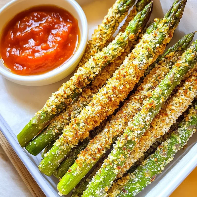 - 1 bunch of asparagus, trimmed - 1/2 cup grated Parmesan cheese - 1/2 cup breadcrumbs (panko recommended) - 1 teaspoon garlic powder - 1/2 teaspoon onion powder - 1/4 teaspoon black pepper - 1/4 teaspoon salt - 2 large eggs, beaten - Cooking spray or a drizzle of olive oil To make Air Fryer Parmesan Asparagus Fries, you need simple and fresh ingredients. First, get a bunch of asparagus. Trim the ends so they cook evenly. Next, you will need half a cup of grated Parmesan cheese. This adds a rich flavor and crispiness. Use panko breadcrumbs for the best crunch. They are light and airy. You also need some basic seasonings. Garlic powder gives a nice kick. Onion powder adds depth to the flavor. A little black pepper and salt balance everything. Finally, two large eggs are necessary. Beat them until smooth. They help the breadcrumb mixture stick to the asparagus. Don’t forget the cooking spray or olive oil. This helps the fries crisp up nicely in the air fryer. These ingredients come together to make a tasty snack that everyone will love. Set the temperature to 400°F (200°C). Preheating is key for crispy fries. This step ensures your asparagus fries cook evenly and get that perfect crunch. In a bowl, combine the grated Parmesan cheese, breadcrumbs, garlic powder, onion powder, black pepper, and salt. Mix well so every bite is tasty. In another bowl, beat the eggs until smooth. This will help the breading stick to the asparagus. Take each asparagus spear and dip it into the beaten eggs. Let any extra egg drip off. Then, roll the spear in the breadcrumb mixture. Ensure it is fully coated. Repeat this for all the asparagus spears. The more even the coating, the better the crunch! Lightly spray the air fryer basket with cooking spray or drizzle a bit of olive oil. This keeps the asparagus from sticking. Place the breaded asparagus in a single layer in the basket. If you have too many, cook in batches. This helps them fry evenly. Air fry for 8-10 minutes. Shake the basket halfway through to ensure all sides get crispy. When done, your asparagus fries will be golden brown and delicious! To make your asparagus fries really crispy, preheat your air fryer to 400°F (200°C). This step is key. A hot air fryer helps crisp up the coating. For even more crunch, use panko breadcrumbs. They are lighter and give a great texture. Mix them with the Parmesan cheese and seasonings for a tasty coating. Cook your asparagus fries in batches. Overcrowding the air fryer means some fries won’t cook evenly. When you place them too close together, they will steam instead of fry. This can lead to soggy fries. Give them room to breathe. Each batch should be in a single layer for the best results. These asparagus fries taste great on their own, but a dipping sauce makes them even better. Marinara sauce is a classic option. Its tangy flavor pairs perfectly with the cheese. You can also try ranch or garlic aioli for a fun twist. Choose a sauce that you love to dip! {{image_2}} You can boost flavor by adding herbs. Oregano and parsley work great here. Simply mix in a teaspoon or two of your chosen herb with the breadcrumb mixture. This will add freshness and extra taste to your fries. If you want to change up the cheese, try cheddar or mozzarella. Cheddar gives a sharper taste, while mozzarella adds a nice stretch. Just swap out the Parmesan for your favorite cheese in the same amount. This gives you tasty fries with a new twist. Asparagus isn’t the only vegetable you can use. Zucchini and eggplant are great substitutes. Slice them into sticks like the asparagus. Follow the same breading and cooking steps. You’ll get crispy fries that are just as delicious! To keep your leftover asparagus fries fresh, place them in an airtight container. Refrigerate them within two hours of cooking. They will stay fresh for about 2 to 3 days. Avoid stacking them to prevent sogginess. For the best taste and texture, reheat your asparagus fries in the air fryer. Set the air fryer to 350°F (175°C) and heat for about 5 minutes. This method helps restore their crispiness. Check them halfway through to ensure they warm evenly. You can freeze asparagus fries. Lay them flat on a baking sheet after breading. Freeze until solid, then transfer them to a freezer bag. They will last for about a month. When you're ready to eat, cook them directly from frozen in the air fryer. Adjust the time to about 12 to 15 minutes at 400°F (200°C). Yes, you can use frozen asparagus. However, fresh asparagus gives the best results. Frozen asparagus may have more moisture, which can affect the crispiness. If using frozen, thaw and drain it well. Pat it dry before breading. This will help it crisp up nicely in the air fryer. You will know the asparagus fries are done when they are golden brown. They should feel crisp to the touch. If they look light brown and feel soft, they need more time. Shake the basket halfway through cooking. This helps them cook evenly. These fries pair well with many dishes. Here are some great options: - Marinara sauce for dipping - Grilled chicken for a complete meal - A fresh salad for a light lunch - Homemade ranch dressing for extra flavor Feel free to get creative with your pairings! This blog post covered how to make crispy Air Fryer Parmesan Asparagus Fries. We went over the main ingredients, seasonings, and cooking methods. You learned tips for perfecting the dish and variations to try. Now, you have a simple way to enjoy tasty, healthy snacks. Experiment with flavors and serve these fries with your favorite dips. Enjoy making this easy recipe!