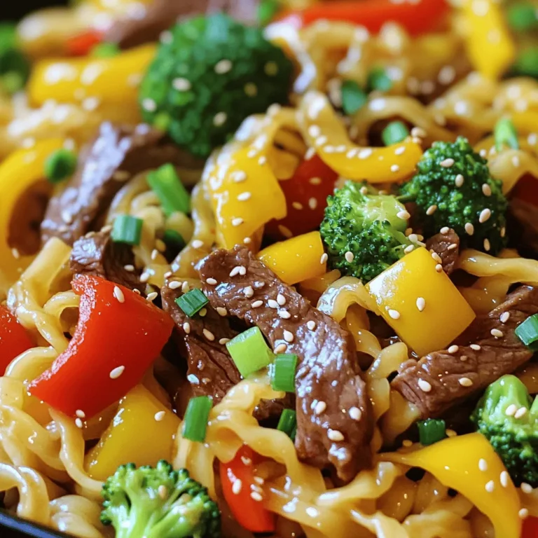 - 200g beef flank steak, thinly sliced - 200g egg noodles - 1 bell pepper (red or yellow), sliced - 1 cup broccoli florets - 2 tablespoons teriyaki sauce - 1 tablespoon soy sauce - 2 teaspoons sesame oil - 1 tablespoon fresh ginger, minced - 2 cloves garlic, minced - 1 tablespoon vegetable oil - Green onions and sesame seeds for garnish When making Teriyaki Beef Noodles, the right ingredients make all the difference. Start with 200g of beef flank steak. Thin slices ensure quick cooking and maximize flavor. You’ll also need 200g of egg noodles, which provide a lovely texture. Fresh veggies add color and crunch. A bell pepper, either red or yellow, adds sweetness. Broccoli florets give a nice bite and boost nutrition. For the sauce, use 2 tablespoons of teriyaki sauce to give that sweet, savory flavor. A tablespoon of soy sauce adds depth. Don't forget the aromatics! You need 2 teaspoons of sesame oil for richness. Fresh ginger (1 tablespoon, minced) and 2 cloves of minced garlic bring warmth. Lastly, use 1 tablespoon of vegetable oil to stir-fry everything. To finish, sprinkle chopped green onions and sesame seeds on top for added crunch and flavor. This combination creates a tasty and balanced dish that you can whip up quickly! To prepare the beef, start by slicing 200g of flank steak into thin strips. This helps the beef cook evenly. Place the sliced beef in a bowl and add 1 tablespoon of teriyaki sauce. Mix well to coat the beef. Let it marinate for 15-20 minutes. This step adds great flavor and makes the beef tender. Next, boil a pot of water. Add 200g of egg noodles and cook according to the package instructions. Usually, this takes about 3-5 minutes. When the noodles are done, drain them in a colander. To avoid sticking, rinse them under cold water briefly. Set the noodles aside until you're ready to mix them with the other ingredients. Now it's time to stir-fry the vegetables. Heat 1 tablespoon of vegetable oil in a large skillet or wok over medium-high heat. Add 2 cloves of minced garlic and 1 tablespoon of minced fresh ginger. Sauté for about 30 seconds until they smell great. Then, add 1 sliced bell pepper and 1 cup of broccoli florets. Stir-fry these for about 3-4 minutes until they're tender-crisp. Push the vegetables to one side of the skillet. Add the marinated beef to the other side. Cook for 3-4 minutes. This will allow the beef to brown nicely and cook through. Stir everything together once the beef is done. Now it's time to bring everything together. Add the cooked noodles to the skillet with the beef and veggies. Pour the remaining 1 tablespoon of teriyaki sauce, 1 tablespoon of soy sauce, and 2 teaspoons of sesame oil over the mixture. Toss everything well to coat the noodles evenly in the sauce. Finally, remove the skillet from the heat. To make your dish look nice, garnish with chopped green onions and a sprinkle of sesame seeds. This adds a nice crunch and flavor to your teriyaki beef noodles. Serve hot and enjoy your meal! To get the best beef texture, slice the beef flank steak thinly. This helps the meat cook quickly and stay tender. Aim for slices about 1/4 inch thick. Marinate the beef for 15-20 minutes with one tablespoon of teriyaki sauce. This adds flavor and helps keep the beef soft. You can also try adding a bit of soy sauce for extra taste. If you want a vegetarian option, swap the beef with tofu or tempeh. Both work well and soak up flavors nicely. Cut the tofu into small cubes for easy cooking. For the stir-fry, add a mix of your favorite veggies. Snap peas, carrots, and mushrooms are great choices. Cook them just until tender to keep some crunch. To boost the flavor, consider adding a splash of hoisin sauce or sriracha for some heat. Both can add depth to the dish. When choosing sauces, fresh is often best. Fresh teriyaki sauce has a bright taste. However, bottled sauces are convenient and can still be good. Just look for those with fewer preservatives for a healthier option. {{image_2}} You can vary the protein in this dish. Chicken is a great substitute for beef. Simply dice it into small pieces. Use the same marination method. Tofu is another excellent choice. For a vegetarian option, press and cube firm tofu. Marinate it like the beef. Seafood can also add a nice twist. Shrimp works well in this recipe. Just peel and devein them. Cook shrimp for a few minutes until pink. You can even try salmon for a richer flavor. If you want to change the noodles, rice noodles are a fantastic option. They cook quickly and soak up flavors well. Soak them in warm water before adding them to the stir-fry. Gluten-free noodles are also available. Many brands offer rice or quinoa noodles. They can replace egg noodles easily. To boost the flavor, consider adding spices. A pinch of red pepper flakes can add heat. You might also try five-spice powder for depth. Adding more vegetables will enhance the dish’s crunch. Carrots, snap peas, or baby corn can be great choices. Slice them thinly to cook evenly. You can also toss in some mushrooms for an earthy taste. These additions can make your Teriyaki Beef Noodles even more enjoyable. To keep your teriyaki beef noodles fresh, follow these steps: - Place leftovers in an airtight container. - Cool the noodles to room temperature first. - Store them in the fridge for up to three days. This method helps maintain flavor and texture. When it’s time to enjoy your leftovers, use these methods: - Microwave: Place noodles in a bowl. Add a splash of water. Cover and heat in short bursts, stirring frequently. - Stovetop: Heat a pan over medium heat. Add a little oil or water. Toss the noodles until heated through. These methods will help keep your noodles tasty and prevent them from drying out. If you want to save some for later, follow these tips: - Divide the noodles into portions. - Use freezer-safe containers or bags. Remove as much air as possible. - Store in the freezer for up to three months. To thaw, move the noodles to the fridge overnight. Reheat them using the stovetop or microwave as mentioned above. This keeps the flavor and texture nice! You can store teriyaki beef noodles in the fridge for up to three days. Keep them in an airtight container to maintain freshness. Make sure to let them cool before sealing. This helps keep the noodles from getting soggy. Yes, you can make teriyaki beef noodles in advance. Prepare the beef and noodles, then store them separately. This keeps the noodles from becoming mushy. You can stir-fry the veggies fresh when ready to serve. If you don't have teriyaki sauce, you can make a simple version at home. Mix soy sauce, a bit of honey, and rice vinegar. This blend gives you a similar sweet and salty flavor. You can also use hoisin sauce for a different twist. To make teriyaki beef noodles gluten-free, use gluten-free soy sauce. You can also choose rice noodles instead of egg noodles. These swaps will keep the dish tasty and suitable for gluten-free diets. Always check labels to ensure all your ingredients are gluten-free. Teriyaki beef noodles are easy to make and delicious. You learned about key ingredients like flank steak, egg noodles, and fresh veggies. We also covered steps like marinating beef and stir-frying everything to perfection. Remember, you can switch proteins or make it vegetarian. Now you have tips for storing leftovers and making the dish in advance. With simple variations, your teriyaki noodles can fit any taste. Enjoy this tasty meal and share it with friends!