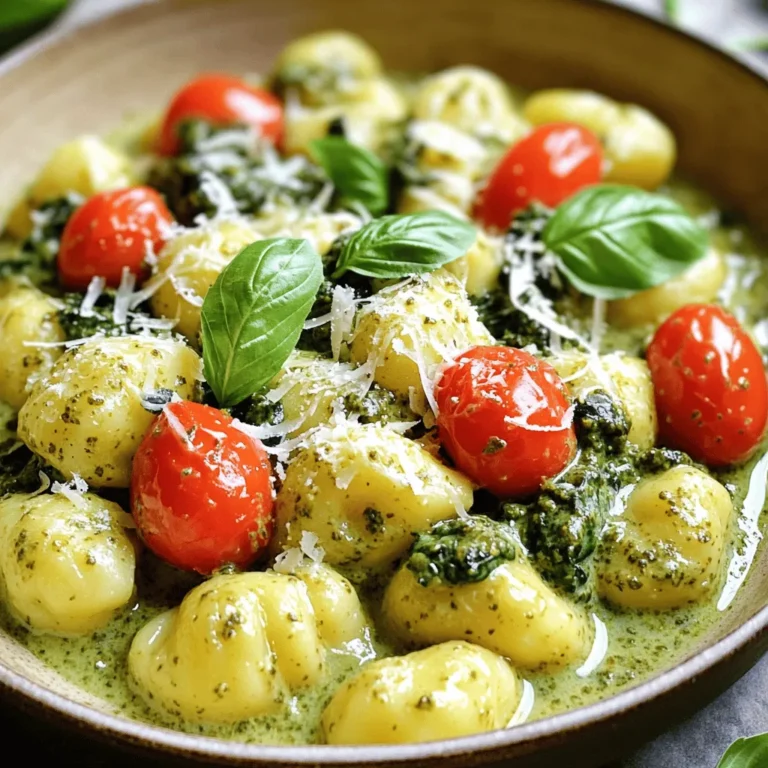 - 1 pound potato gnocchi - 1 cup heavy cream - 1/2 cup basil pesto - 3 cloves garlic, minced - 1 cup cherry tomatoes, halved - 1 cup spinach leaves - 2 tablespoons olive oil - 1/2 cup grated Parmesan cheese - Fresh basil leaves for garnish Using these ingredients makes a quick and easy meal. The potato gnocchi adds a soft, pillowy texture. Heavy cream gives the dish a rich, warm taste. Basil pesto brings a fresh and herby flavor that ties it all together. For aromatics, garlic is key. It adds depth and fragrance. Cherry tomatoes bring sweetness and a pop of color. Spinach leaves not only add nutrition but also a nice green touch. In seasoning, olive oil helps sauté the garlic and vegetables. Grated Parmesan cheese gives a salty kick and creamy texture. Finally, fresh basil leaves make a lovely garnish, enhancing the dish’s look and taste. Gather these ingredients, and you’re ready to create your creamy pesto gnocchi skillet. This dish is perfect for a busy weeknight. Boil a large pot of salted water. Add 1 pound of potato gnocchi to the pot. Cook them until they float, which takes about 2-3 minutes. This means they are done! Drain the gnocchi and set them aside. In a large skillet, heat 2 tablespoons of olive oil over medium heat. Once the oil is hot, add 3 cloves of minced garlic. Sauté the garlic for about 1 minute. You want it to smell great but not brown. Next, add 1 cup of halved cherry tomatoes to the skillet. Cook them for 3-4 minutes until they soften and start to blister. Then, toss in 1 cup of spinach leaves. Cook them until they are wilted, about 2 minutes. Pour in 1 cup of heavy cream and bring it to a gentle simmer. Stir in 1/2 cup of basil pesto and 1/2 cup of grated Parmesan cheese. Mix until smooth. Gently fold in the cooked gnocchi, ensuring they are well-coated. Cook for another 2-3 minutes to meld the flavors. Season with salt and pepper to taste. To cook gnocchi perfectly, watch for when they float. This shows they are done. It takes about 2-3 minutes in boiling salted water. If you overcook them, they become mushy. Using fresh herbs makes a big difference. Fresh basil gives a bright taste. Dried herbs are handy but lack the same punch. I recommend using fresh basil for the best outcome. You can mix dried herbs with fresh for added layers. To make your dish look great, serve it in a shallow bowl. Add a sprinkle of extra Parmesan on top. Drizzle a bit of olive oil for shine. Finish with fresh basil leaves for a pop of color. This simple touch makes the meal feel special and inviting. {{image_2}} You can easily swap out the cream and cheese in this dish. For a dairy-free option, try using coconut cream instead of heavy cream. It gives a rich flavor without dairy. For cheese, consider using nutritional yeast or a dairy-free cheese blend. These options still provide a creamy texture and taste. Feel free to change up the veggies based on what you have. Seasonal vegetables work great here. Try using zucchini, bell peppers, or asparagus for fresh flavors. You can also add frozen peas or broccoli for a quick option. Mixing in different greens adds color and nutrition to your dish. Want to add more to your meal? Toss in proteins like chicken or shrimp. Cook the proteins first in the skillet, then remove them before adding the sauce. Combine them back in when you add the gnocchi. This makes the dish heartier and gives it a nice boost in flavor. You can also sprinkle some red pepper flakes for a little heat. To keep your creamy pesto gnocchi fresh, use an airtight container. Make sure to cool the dish to room temperature before sealing it. This step helps prevent condensation, which can make the gnocchi soggy. Store in the fridge for up to three days. When you’re ready to enjoy it again, check for any signs of spoilage. When reheating, use a skillet over low heat. Add a splash of water or milk to keep the sauce creamy. Stir gently to coat the gnocchi evenly. This method helps the gnocchi warm without drying out. You want to avoid the microwave here; it can make the dish rubbery. If you want to save leftovers for later, freezing is a great option. Place the cooled gnocchi in a freezer-safe container. Leave some space for the sauce to expand. For best results, consume within two months. To reheat, thaw overnight in the fridge. Then, warm it in a skillet as mentioned above. Yes, you can use homemade pesto. In fact, it adds a fresh taste. Homemade pesto lets you control the flavor and ingredients. You can adjust the garlic, nuts, and cheese to your liking. Store-bought pesto is quick and easy, but it may not have the same bright flavor. If you have time, I always recommend making your own. Cooked gnocchi lasts about three to five days in the fridge. Store it in an airtight container. Make sure it cools down before sealing. If it smells off or changes texture, it's best to toss it. Always check for signs before eating leftovers. Yes, you can make this dish gluten-free! Look for gluten-free potato gnocchi. Many stores sell it now. You can also make gnocchi from scratch using just potatoes and gluten-free flour. This way, you can enjoy the creamy pesto gnocchi without worry. Just be mindful of cross-contamination if you have severe allergies. This blog post explored making a delicious gnocchi dish. We covered the main ingredients like potato gnocchi, heavy cream, and basil pesto. I shared steps for cooking and sautéing to build a creamy sauce. You learned tips for perfecting gnocchi, plus variations for your taste. Finally, I explained how to store leftovers and answered common questions. Now you're ready to create a tasty meal that impresses. Enjoy the cooking and the eating!