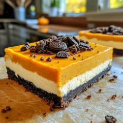 - 24 Oreo cookies, crushed - 1/4 cup unsalted butter, melted - 1 package (8 oz) cream cheese, softened - 1 cup pumpkin puree The main ingredients create a rich base for these bars. The Oreo cookies give a sweet and chocolatey crunch. Butter helps bind the crust together. Cream cheese adds creaminess, while pumpkin puree brings warmth and flavor. - 1 cup powdered sugar - 1 teaspoon vanilla extract - 1 teaspoon pumpkin pie spice - 1/2 teaspoon cinnamon Flavor enhancers bring the dessert to life. Powdered sugar sweetens the mix. Vanilla extract adds a hint of warmth. Pumpkin pie spice gives a cozy flavor, while cinnamon adds depth. Together, these make each bite delightful. - 1 cup whipped topping (like Cool Whip) - Extra crushed Oreos for garnish Toppings add a fun finish. Whipped topping creates a light and fluffy layer. Extra crushed Oreos on top add crunch and visual appeal. These toppings make the bars look and taste amazing, perfect for sharing. To start, grab a mixing bowl. Combine 24 crushed Oreo cookies with 1/4 cup of melted unsalted butter. Mix until the texture looks like wet sand. This should only take a minute or two. Next, take a greased 8x8 inch baking pan and press the mixture firmly into the bottom. Make sure it is even and compact. After that, chill the crust in the refrigerator for about 15 minutes. This step helps the crust hold together well. Now, let’s make the filling! In a clean bowl, beat 1 package (8 oz) of softened cream cheese with an electric mixer. Keep mixing until it is smooth and creamy. Then, add 1 cup of pumpkin puree, 1 cup of powdered sugar, 1 teaspoon of vanilla extract, 1 teaspoon of pumpkin pie spice, and 1/2 teaspoon of cinnamon. Mix everything together until it is well blended. Finally, gently fold in 1 cup of whipped topping. Be careful not to deflate the cream; you want it to stay light and fluffy. Next, spread the pumpkin cheesecake mixture evenly over the chilled Oreo crust. Use a spatula to smooth the top. Make it nice and neat! Now, cover the pan and refrigerate the bars for at least 4 hours, or until they are fully set. Once set, you can cut the bars into squares. For a fun touch, sprinkle some extra crushed Oreos on top as a garnish before serving. Enjoy your delicious creation! To get the best texture, start with room-temperature cream cheese. Cold cream cheese can make your filling lumpy. Mix it well until smooth. When you add the whipped topping, fold it in gently. This keeps your cheesecake light and fluffy. You can adjust the spices to fit your taste. If you like it spicier, add more cinnamon or pumpkin pie spice. For a twist, try using flavored whipped toppings like vanilla or chocolate instead of regular. This will change the taste in a fun way. Cut the bars into small squares for easy serving. I like to use a sharp knife dipped in warm water. This makes clean cuts. You can also serve them with whipped cream or a drizzle of chocolate sauce. Adding extra crushed Oreos on top gives a nice crunch and looks great! {{image_2}} You can change the cookie crust if you want. Try using graham crackers or chocolate wafers instead of Oreos. Both options give a nice twist to the bars. For flavors, switch out the pumpkin spice. You can use chai spice or even a little nutmeg for a unique taste. Mixing in some caramel or maple syrup can also boost the flavor. If you're looking for gluten-free options, use gluten-free Oreos or any gluten-free cookie. For dairy-free choices, try using vegan cream cheese. There are many brands available that work well in this recipe. You can also use coconut cream instead of whipped topping for a dairy-free twist. These bars are great for many holidays. For Thanksgiving, keep them as is. For winter, add peppermint extract for a fresh flavor. In spring, you can use lemon zest instead of pumpkin for a citrusy treat. In summer, add fresh berries on top for a bright, fruity finish. Each season brings a new chance to enjoy these bars! To keep your No-Bake Oreo Pumpkin Cheesecake Bars fresh, store them in the fridge. Use an airtight container to protect them from odors and moisture. If you have a glass container with a lid, that works great too. Just make sure it seals well. These bars will taste best for up to five days in the fridge. After that, they may lose some flavor and texture. Look for signs of spoilage, like a change in smell or texture. If they feel sticky or look watery, it’s time to throw them away. If you want to save these bars for later, you can freeze them. Cut them into squares before freezing for easy serving. Wrap each piece in plastic wrap, then place them in a freezer-safe container. To thaw, move them to the fridge for several hours or overnight. This helps keep their creamy texture. Yes, you can use a store-bought crust. It saves time and effort. Look for an Oreo crust for the best flavor match. Just make sure it fits your pan size. If you choose this option, skip the first step of the recipe. Simply spread the filling over the crust. The bars must chill for at least four hours. This helps them set properly. You can also leave them overnight for a firmer texture. Just be patient; this part is key for the best results. Cover the pan with plastic wrap to avoid odors. You can use sweet potato puree instead of pumpkin puree. It gives a similar taste and texture. If you want a lighter option, try Greek yogurt. This change will affect the flavor. Make sure it’s plain and not flavored. The spice mix still works well with these swaps. To cut the bars neatly, use a sharp knife. Dip the knife in hot water and dry it before each cut. This method helps the knife glide through the bars. Cut them into even squares for a nice look. You can also use a ruler to make sure they are all the same size. This blog covered all you need for making delicious pumpkin cheesecake bars. Start with a sweet Oreo crust, mix in rich cream cheese and pumpkin, and layer on whipped topping. Remember to chill it well for the best texture. You can customize flavors or even adapt the recipe for different diets. Store leftovers properly to keep them fresh. Enjoy these treats at any gathering or holiday. Happy baking!