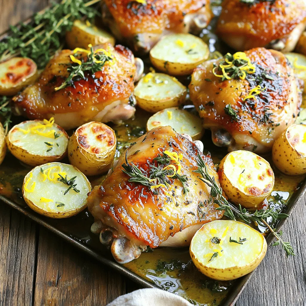 - 4 boneless, skinless chicken thighs - 1 lb baby potatoes, halved - 1 large lemon (zested and juiced) The main ingredients form the heart of this dish. The chicken thighs stay juicy and flavorful. Baby potatoes add a comforting touch. The lemon gives a bright, zesty flavor that wakes up the meal. - 3 tablespoons olive oil - 4 cloves garlic, minced - 2 teaspoons fresh rosemary, chopped - 2 teaspoons fresh thyme, chopped The marinade is key to great taste. Olive oil keeps the chicken moist while adding richness. Garlic gives a warm, savory aroma that fills the kitchen. Fresh rosemary and thyme bring earthy notes, enhancing the chicken and potatoes. - 1 teaspoon paprika - Salt and pepper to taste - Fresh parsley for garnish Paprika adds a subtle smokiness and color. Salt and pepper are the basics that bring out all the flavors. Fresh parsley at the end adds a pop of color and freshness. This simple touch makes your dish look and taste gourmet. 1. Preheat your oven to 425°F (220°C). This step gets your oven ready for roasting. 2. In a mixing bowl, combine the lemon juice, lemon zest, olive oil, minced garlic, rosemary, thyme, paprika, salt, and pepper. This mix will be your marinade. 1. Take the chicken thighs and place them in a resealable bag or a shallow dish. 2. Pour half of the marinade over the chicken. Make sure each piece gets coated well. Seal the bag or cover the dish. 3. Place the chicken in the fridge for 30 minutes to 1 hour. This time helps the flavors soak in. 1. In a separate bowl, toss the halved baby potatoes with the remaining marinade until they are evenly coated. 2. Spread the potatoes on one side of a large sheet pan. It’s important they have space to roast well. 3. After marinating, take the chicken out of the fridge. Place it on the other side of the sheet pan. 4. Roast in the preheated oven for 25-30 minutes. The chicken should reach 165°F (74°C) and the potatoes should turn golden brown and crispy. 5. For extra crispiness, switch the oven to broil for the last 3-5 minutes. Watch closely to avoid burning. 6. Once done, take the pan out. Let the dish rest for about 5 minutes. Garnish with fresh parsley before serving. To get great taste, marinate your chicken for at least 30 minutes. If you have time, an hour is even better. This lets the flavors soak in. You can also mix in other herbs. For a kick, try adding oregano or basil. A pinch of red pepper flakes can add heat too. For that crispy skin, broil the chicken at the end. Just 3-5 minutes under the broiler makes a big difference. Keep an eye on it to avoid burning. Monitoring the chicken’s internal temperature is key. It should reach 165°F (74°C) to be safe and juicy. Serve this dish with a fresh salad or steamed veggies. A side of rice or quinoa complements it well too. For presentation, arrange the chicken and potatoes nicely on a platter. Sprinkle fresh parsley on top for a pop of color. This makes your meal look and taste amazing! {{image_2}} You can easily swap proteins in this dish. Instead of chicken thighs, try chicken breasts. Pork chops also work well. These swaps change the flavor and texture but keep the dish delicious. For veggies, add carrots or bell peppers. They roast nicely and add great color. Toss them in the marinade with the potatoes. This gives extra taste and nutrition to your meal. Want a new twist? Try Latin flavors by adding cumin and chili powder. This gives a warm, bold taste. You can also use lime juice instead of lemon for a fresh finish. For an Asian vibe, use soy sauce and ginger. Swap the fresh herbs for cilantro and green onions. This creates a unique flavor profile that is fun and exciting. If you're gluten-free, rest easy. All the ingredients here are naturally gluten-free. Just check the labels on any sauces to be safe. For low-carb options, skip the potatoes. Instead, use zucchini or cauliflower. They roast well and absorb the flavors. This keeps your meal light and tasty without losing satisfaction. To keep your leftovers fresh, cool the dish quickly. After cooking, let it sit at room temperature for about 30 minutes. Then, place it in airtight containers. This helps lock in moisture and flavor. When reheating, use the oven for the best results. Preheat it to 350°F (175°C). Place chicken and potatoes on a baking sheet. Heat for about 10 to 15 minutes. This method keeps the chicken juicy and the potatoes crispy. You can also use a microwave, but the texture may change. If you do, heat in short bursts and check often. You can freeze this dish before or after cooking. If freezing before, marinate the chicken in a freezer-safe bag. Remove excess air and seal tightly. If freezing after cooking, let it cool completely first. Store in an airtight container or freezer bag. When ready to eat, thaw in the fridge overnight. Reheat in the oven or microwave as mentioned above for best taste. How long should I marinate the chicken? You should marinate the chicken for 30 minutes to 1 hour. This time allows the flavors to soak in well. If you have more time, you can marinate it longer for an even richer flavor. Can I use frozen chicken for this recipe? Using frozen chicken is not ideal for this dish. It is best to use fresh or thawed chicken. Frozen chicken may not cook evenly, and the marinade won't penetrate as well. What if my chicken isn't cooked through? If your chicken isn't cooked through, return it to the oven. Use a meat thermometer. The internal temperature should reach 165°F (74°C). Cook for a few more minutes if needed. How can I make the potatoes crispier? To make the potatoes crispier, try these tips: - Use a high temperature while roasting. - Spread them out evenly on the pan. - Broil them for the last few minutes of cooking. These steps help achieve a perfect golden-brown finish. Can I substitute fresh herbs with dried? Yes, you can use dried herbs instead of fresh ones. However, remember that dried herbs are more potent. Use about one-third of the amount called for fresh herbs. What type of potatoes work best? Baby potatoes work great in this recipe. They roast evenly and have a nice texture. You can also use Yukon Gold or red potatoes for good results. This blog post covered a tasty dish using chicken thighs, potatoes, and fresh herbs. You learned how to marinate and roast, ensuring rich flavors. Tips included ways to boost taste and perfect roast results. We also discussed variations to fit your tastes and storage tips for leftovers. In closing, try making this dish yourself. Enjoy the blend of simplicity and flavor. Cooking can be fun, and this recipe is a great start!