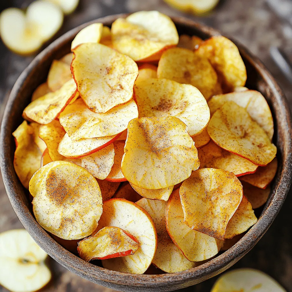 - 2 medium-sized apples (Granny Smith or Honeycrisp) - 1 teaspoon cinnamon - 1/2 teaspoon nutmeg - 1 teaspoon sugar (or coconut sugar) - 1/4 teaspoon salt - 1 tablespoon lemon juice - Optional additions (e.g., cayenne pepper) To make air fryer spiced apple chips, you need a few simple ingredients. Start with two medium-sized apples. I like using Granny Smith for their tartness or Honeycrisp for their sweetness. Both types work great! Next, gather your spices. You will need one teaspoon of cinnamon and half a teaspoon of nutmeg. These spices add warmth and flavor to the chips. Then, grab one teaspoon of sugar. If you want a healthier option, use coconut sugar instead. Add a pinch of salt, just a quarter teaspoon, to enhance all the flavors. You also need one tablespoon of lemon juice. This helps keep the apple slices from browning. If you want a little kick, consider adding a dash of cayenne pepper. It gives the chips a spicy twist that is fun! With these ingredients ready, you can start making your delicious apple chips. They are easy to prepare and make a great snack for any time of the day. Start by washing and drying the apples. This step is key for clean and tasty chips. After that, core the apples. Use a sharp knife to remove the seeds and center. Now, thinly slice the apples. Aim for about 1/8 inch thick slices. A mandoline slicer works great here. In a mixing bowl, combine the spices. Mix 1 teaspoon of cinnamon, 1/2 teaspoon of nutmeg, 1 teaspoon of sugar, and 1/4 teaspoon of salt. If you want a little heat, add a dash of cayenne pepper. This spice mix will add flavor to your apple chips. Preheat your air fryer to 300°F (150°C). Let it heat up for about 3-5 minutes. While it heats, toss the apple slices in a bowl with 1 tablespoon of lemon juice. This keeps them fresh and bright. Next, sprinkle the spice mixture over the apples. Toss them gently until they are evenly coated. Now, arrange the apple slices in a single layer in the air fryer basket. Don’t overcrowd them; this helps them crisp up nicely. You may need to cook in batches. Cook the apples for about 15-20 minutes. Remember to turn them halfway through to ensure even cooking. Keep an eye on them to avoid burning. Once golden brown and crispy, remove the chips. Let them cool on a wire rack for a few minutes. This helps them get even crisper. Enjoy your delicious air fryer spiced apple chips! For the best apple chips, slice apples about 1/8 inch thick. Thin slices cook evenly and become crispy. Use a mandoline slicer for consistent results. Preheating your air fryer is key. Set it to 300°F (150°C) for 3-5 minutes. This step helps the chips cook evenly and gain that perfect crunch. You can enjoy sweet or spicy apple chips. For sweet chips, stick with cinnamon and sugar. If you like a kick, add cayenne pepper. It gives a surprising twist to your snack. Pair your apple chips with yogurt or cheese. They also taste great with a warm drink, like cider or tea. This makes them a versatile snack for any time of day. {{image_2}} When making air fryer spiced apple chips, the type of apple matters. Some apples are juicier, while others are crisper. Granny Smith apples are tart and hold their shape well. Honeycrisp apples are sweet and crunchy. Both are great choices. You can also try Fuji or Braeburn apples for a different taste. Each apple will give a unique flavor and texture to your chips. You can mix up the flavors in your apple chips. Besides cinnamon and nutmeg, try adding ginger for warmth. Cloves can add a rich, deep taste. For a spicy kick, cayenne pepper is a fun choice. Adjust the amount to match your spice preference. If you want a sweeter chip, consider using maple syrup instead of sugar. Coconut sugar is a healthier substitute that adds a caramel note. You can even drizzle honey on top after cooking for added flavor and sweetness. With these twists, you can create your perfect apple chip! To keep your apple chips fresh, use an airtight container. This will help prevent moisture from getting in. You can use a glass jar or a plastic container with a tight lid. If you have silica gel packets, toss one in to absorb any excess moisture. I find that this really helps maintain their crunch. Apple chips taste best when fresh. Enjoy them within a few days for the best flavor and texture. If you store them properly, they can last up to a week. After that, they may lose their crispness. If they do lose some crunch, don’t worry! You can always pop them back in the air fryer for a few minutes to crisp them up again. Yes, you can use other fruits! Air fryers work well with many types. Think of pears, bananas, or even strawberries. Each fruit brings its own flavor. Just slice them thin. Use the same spice mix or try new ones. Always check the cooking time, as some fruits cook faster than apples. To reheat apple chips, use your air fryer. Set it to 300°F (150°C). Heat the chips for about 3 to 5 minutes. This warms them up and makes them crispy again. You can also use an oven. Place them on a baking sheet at 300°F for a few minutes. Yes, this recipe is healthy! Apples are full of vitamins and fiber. The air fryer uses less oil than frying. You can use coconut sugar for less impact on blood sugar. The spices add flavor without extra calories. Overall, this snack is a great choice! Air-fried apple chips are simple and fun to make. You need just a few ingredients like apples, spices, and some lemon juice. Follow the steps for perfect crispy chips. Remember to slice apples thinly and preheat your air fryer for best results. You can add your favorite spices for extra flavor or try different apples. Proper storage keeps them fresh longer. Enjoy your apple chips as a healthy snack or dessert alternative. Now, you have everything you need to create these tasty treats!