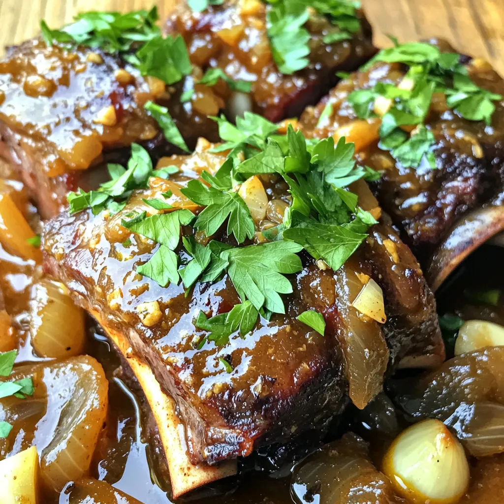To make savory slow cooker garlic butter short ribs, you will need: - 4 lbs beef short ribs - 1/2 cup unsalted butter, divided - 1 large onion, chopped - 6 cloves garlic, minced - 2 cups beef broth - 2 tablespoons soy sauce - 1 tablespoon Worcestershire sauce - 1 teaspoon dried thyme - 1 teaspoon freshly ground black pepper - Salt to taste - Fresh parsley, chopped (for garnish) These items create a rich, robust flavor that makes the ribs melt in your mouth. To take your dish to the next level, consider adding: - A splash of red wine for depth - Carrots or celery for extra veggies - A bay leaf for aroma These can add layers to the flavor, making each bite even more delightful. If you have allergies, here are some great swaps: - Use coconut aminos instead of soy sauce for a gluten-free option. - Replace butter with olive oil or a dairy-free spread. - Choose vegetable broth for a plant-based twist. These alternatives keep the dish delicious while accommodating different dietary needs. Start by seasoning the beef short ribs. Use salt and black pepper to coat them well. This step helps the meat taste great. Next, gather your ingredients. You will need beef broth, butter, onions, garlic, and some sauces. Having everything ready makes cooking easier. Now, let's sear the short ribs. Heat a large skillet on medium-high. Melt 1/4 cup of butter in the skillet. Add the ribs in batches. Cook each side for about 3 to 4 minutes until brown. This step adds rich flavor to the meat. Then, move the seared ribs to the slow cooker. In the same skillet, add chopped onions. Cook them for 2 to 3 minutes until soft. Then, stir in minced garlic and cook for 1 more minute. This will fill your kitchen with a lovely aroma. Next, pour in beef broth, soy sauce, and Worcestershire sauce. Scrape up any brown bits from the skillet. This adds more taste to your sauce. Stir in dried thyme and let it simmer. Pour the garlic butter sauce over the short ribs in the slow cooker. Cut the remaining butter into small pieces and place it on top. Cover the slow cooker. Cook on low for 8 hours or high for 4 hours. The ribs are ready when they are tender and fall off the bone. Once cooked, carefully remove the ribs. You can thicken the sauce if you like. Serve the ribs with sauce drizzled on top and garnish with fresh parsley. To get tender short ribs, choose well-marbled meat. The fat helps keep the ribs moist. Always season the ribs with salt and pepper before cooking. Searing them first adds great flavor. Cook on low heat for eight hours for the best results. This long cooking time breaks down tough fibers. You want the meat to fall off the bone with ease. After cooking, you may want to thicken the sauce. To do this, strain the liquid into a saucepan. Simmer it on medium heat until it reduces. This process deepens the flavor too. You can also mix a bit of cornstarch with cold water. Add this mix to the sauce and stir. Heat until it thickens to your liking. This will give you a rich, glossy finish. For a lovely presentation, serve the short ribs on a large plate. Drizzle the thickened sauce over the ribs for a nice shine. Garnish with freshly chopped parsley for color. You can also add sides like mashed potatoes or roasted vegetables. These complement the rich flavors of the dish. A sprinkle of black pepper on top adds a nice touch too. {{image_2}} You can change the sauce to fit your taste. Try using BBQ sauce for a sweet twist. A red wine sauce adds deep flavor, too. You could also mix in some honey or mustard. This brings a nice balance of sweet and tangy. For a spicy kick, add a splash of hot sauce. Each change makes the dish unique and fun! To make a vegan or vegetarian version, swap the beef for mushrooms. Portobello mushrooms work great for this. Use vegetable broth instead of beef broth. Replace butter with vegan butter or olive oil. You can keep the garlic and onion for great flavor. With these changes, you get a hearty meal that everyone can enjoy! If you want a faster method, try the Instant Pot. Sear the meat just like in the slow cooker. Then, add your sauce and cook on high pressure for about 45 minutes. Let the steam release naturally for best results. The flavors will still be rich and tasty, but in less time! To keep your short ribs fresh, store them in an airtight container. Make sure they cool down to room temperature first. This helps prevent moisture loss. You can keep them in the fridge for up to three days. For best taste, eat them sooner rather than later. If you want to save short ribs for later, freezing is a great option. Place the cooled ribs in a freezer-safe bag or container. Squeeze out as much air as you can before sealing. They can stay frozen for up to three months. Just label the bag with the date, so you remember when you froze them. When you’re ready to eat your ribs, thaw them in the fridge overnight. For reheating, the oven works best. Preheat it to 300°F (150°C). Place the ribs in a baking dish and cover it with foil. Heat for about 20-30 minutes. This keeps them moist and tender. You can also reheat them in a slow cooker on low for 1-2 hours. Enjoy the rich flavors just like when they were first made! You should cook short ribs for 8 hours on low or 4 hours on high. This slow cooking makes the meat tender and full of flavor. The long cook time allows it to soak up the garlic butter sauce and spices. Yes, you can use frozen short ribs! However, you will need to adjust cooking time. If starting from frozen, add an extra hour on low or 2 hours on high. Make sure they are fully cooked before serving. Garlic butter short ribs pair well with creamy mashed potatoes or buttery noodles. You can also serve them with roasted vegetables or a fresh salad. These sides will soak up the tasty sauce and balance the meal. Check if the meat is tender and easily pulls away from the bone. You can also use a meat thermometer; it should read at least 190°F for perfectly cooked short ribs. If you see it falling apart, you’ve hit the jackpot! Making garlic butter short ribs is simple and rewarding. We explored essential ingredients, techniques, and tips. I shared ways to ensure your ribs are juicy and flavorful. You learned how to serve, store, and reheat them. Remember, cooking is all about trying new things. Don’t hesitate to tweak the recipe or try other methods. Your kitchen is your stage, and these short ribs can shine on it. Enjoy your cooking journey!