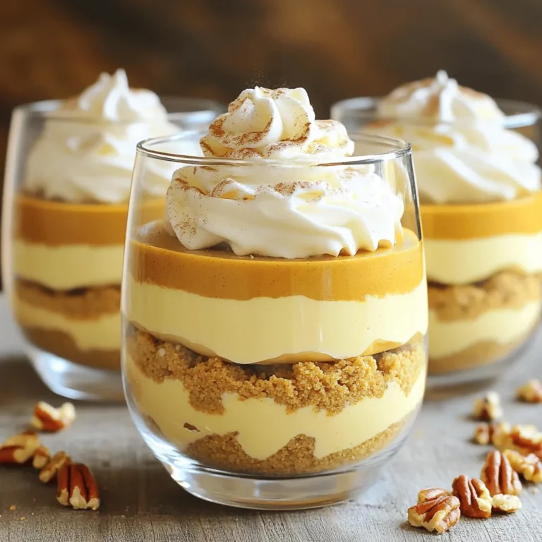 To make your no bake pumpkin cheesecake trifles, gather these key ingredients: - 16 oz cream cheese, softened - 1 cup powdered sugar - 1 cup pumpkin puree - 1 teaspoon vanilla extract - 1 teaspoon pumpkin pie spice - 1 cup heavy whipping cream - 1 ½ cups crushed graham crackers - 6 tablespoons unsalted butter, melted These ingredients form the base of your rich and creamy dessert. The cream cheese gives the trifles a smooth texture. The pumpkin puree adds a lovely fall flavor. I love to add a few extra touches to my trifles. Here are some optional garnishes: - 1/4 cup chopped pecans - Whipped cream, for garnish - Ground cinnamon, for garnish Chopped pecans bring a nice crunch. Whipped cream adds extra creaminess. A sprinkle of cinnamon gives a warm touch. You don't need fancy tools for this recipe. Here’s what I use: - Large mixing bowl - Hand mixer or whisk - Separate mixing bowl - Small dessert glasses or jars These tools make the process easy. You can whip the cream quickly and layer the trifles with ease. Start by grabbing a large mixing bowl. Add the softened cream cheese and powdered sugar. Use a hand mixer to beat them until the mixture is smooth and creamy. Next, pour in the pumpkin puree, vanilla extract, and pumpkin pie spice. Mix again until everything is well combined. This filling should be thick and fluffy. In another bowl, combine the crushed graham crackers and melted butter. Stir until the mix looks like wet sand. This step creates a tasty base for your trifles. The graham cracker base adds a nice crunch and flavor. Now, it’s time to layer your trifles. Take small dessert glasses or jars. Start with a layer of the graham cracker mixture at the bottom. Then, add a layer of the pumpkin cheesecake filling. Keep repeating this layering until the glasses are full. Make sure you finish with the cheesecake layer on top. For a final touch, add a dollop of whipped cream, a sprinkle of ground cinnamon, and some chopped pecans if you like. This will make your trifles look even more inviting! To get the right texture for your pumpkin cheesecake filling, start with softened cream cheese. If it's too cold, it won't mix well. Beat the cream cheese and powdered sugar until smooth. This step is key to a creamy filling. When you fold in the whipped cream, do it gently. This keeps your filling light and fluffy. If you mix too hard, it can lose air and get dense. Presentation makes your trifles stand out. Use clear dessert glasses or jars. This way, the layers show nicely. Start with a graham cracker layer at the bottom. Then, add the pumpkin filling on top. Repeat the layers until the glass is full. Finish with a dollop of whipped cream. A sprinkle of ground cinnamon and chopped pecans looks great too. These small touches make your dessert more appealing. One mistake is overmixing the filling. This can make it too dense. Also, be careful with the graham cracker base. If the mixture is too dry, it won’t hold together. Use enough butter so it packs well. Lastly, don’t skip the chilling time. While this recipe is no-bake, letting the trifles rest helps the flavors blend. Enjoy a creamy and delightful treat! {{image_2}} You can play with flavors in your No Bake Pumpkin Cheesecake Trifles. Instead of pumpkin puree, try using sweet potato puree. It gives a similar taste but adds a twist. You might also consider chocolate. Add cocoa powder to the cream cheese mix for a chocolate pumpkin cheesecake. For a fall-inspired treat, swap pumpkin pie spice for apple pie spice. This gives a lovely apple flavor. To make this dessert dairy-free or vegan, use a dairy-free cream cheese. Look for brands made with nuts or soy. Use coconut cream instead of heavy whipping cream. Chill a can of coconut milk overnight, then scoop out the thick part. This gives a rich, creamy texture. For sweetening, use maple syrup or agave syrup in place of powdered sugar. These swaps keep the dessert both tasty and friendly for different diets. Serving styles can change the vibe of your trifles. Use small jars for a rustic look. This makes each serving feel special. For a more elegant touch, serve in clear wine glasses. You can also layer the mixture in a big glass bowl. This works well for sharing at parties. Top with whipped cream and a sprinkle of cinnamon for flair. Each style not only looks great but also enhances the taste experience. To keep your No Bake Pumpkin Cheesecake Trifles fresh, cover them tightly. You can use plastic wrap or a lid on your dessert glasses. This method prevents them from drying out and keeps flavors intact. Store them in the fridge. They remain cool and tasty this way. If stored correctly, these trifles last for about three to four days in the fridge. After that, the texture may change. The whipped cream might lose its fluffiness, but the taste stays good. Always check for any signs of spoilage before enjoying leftovers. You can freeze the pumpkin cheesecake mixture if needed. However, I recommend freezing only the filling, not the layers. To freeze, place the filling in an airtight container. It lasts for about one month in the freezer. When you’re ready to use it, let it thaw overnight in the fridge. After thawing, whip fresh cream and assemble your trifles again for best results. Yes, you can use store-bought pumpkin puree. It saves time and works well. Look for pure pumpkin, not pumpkin pie filling. The flavor should be rich and smooth. This option keeps your trifle simple and easy. I often use it for quick desserts. You can make this recipe a day ahead. Just keep it in the fridge. Layer the trifles in dessert glasses, then cover them. Chill them overnight. The flavors will blend nicely. This makes your serving time stress-free and fun. You can use canned coconut cream as a swap for heavy cream. It whips up nicely and adds a hint of coconut flavor. You can also try almond milk mixed with a thickener like cornstarch. This keeps your trifle creamy and delicious, without heavy cream. This blog post covered how to make No Bake Pumpkin Cheesecake Trifles. You learned about the main ingredients needed, along with optional garnishes. We detailed each step to mix, prepare, and assemble your trifles. I shared tips for the best texture and how to present them well. Remember, you can change flavors or try vegan versions. Store leftovers properly for best taste. Enjoy making and sharing this easy dessert!