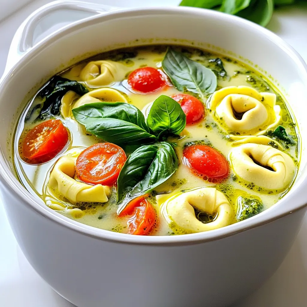 - 1 tablespoon olive oil - 1 medium onion, diced - 3 cloves garlic, minced - 4 cups vegetable broth - 1 cup heavy cream - 1 cup prepared basil pesto - 12 oz cheese tortellini (store-bought or homemade) - 1 cup cherry tomatoes, halved - 1 cup baby spinach - Salt and pepper to taste - Fresh basil leaves for garnish When picking your ingredients, focus on freshness. Choose firm, shiny cherry tomatoes. Look for vibrant green spinach without wilting. For onions, select ones that feel heavy and have dry skins. Fresh garlic should be firm and free of sprouts. If you can, check for pesto made from fresh basil. This will add a bright flavor to the soup. For pesto, I recommend brands like Basilico or Classico. Both offer great taste and quality. If you prefer homemade, use fresh basil, garlic, nuts, and olive oil. For tortellini, Buitoni and Rana provide tasty options. They have a good range of flavors. 1. First, take a large pot and heat 1 tablespoon of olive oil over medium heat. 2. Next, add 1 medium diced onion. Sauté until it turns translucent, about 5 minutes. 3. Then, stir in 3 minced garlic cloves. Cook for 1 more minute until fragrant. 4. Now, pour in 4 cups of vegetable broth. Bring the mixture to a gentle simmer. 5. After that, add 1 cup of heavy cream and 1 cup of prepared basil pesto. Stir well. 6. Introduce 12 ounces of cheese tortellini into the pot. Cook according to the package, usually 3-5 minutes. 7. Once the tortellini is tender, add 1 cup of halved cherry tomatoes and 1 cup of baby spinach. Stir until the spinach wilts. 8. Season with salt and pepper to taste. Adjust based on your preference. 9. Finally, remove the pot from heat and let it sit for a few minutes before serving. - Heating olive oil: 1 minute - Sautéing onion: 5 minutes - Cooking garlic: 1 minute - Simmering broth: 5 minutes - Cooking tortellini: 3-5 minutes - Wilting spinach and softening tomatoes: 2-3 minutes - The onion should look soft and clear after sautéing. - Garlic should smell strong but not brown. - The broth will bubble gently when simmering. - Tortellini will float to the top and look plump when cooked. - Spinach will change color from bright green to dark green when wilted. To make your creamy pesto tortellini soup even better, try these tips: - Use homemade pesto: It packs more flavor than jarred ones. - Add lemon juice: A splash brightens the soup. - Mix in fresh herbs: Thyme or parsley adds depth. - Use good-quality broth: This base shapes the soup's taste. - Finish with parmesan: A sprinkle adds a rich finish. Avoid these common pitfalls to ensure a great soup: - Don’t overcook the tortellini: Follow package times closely. Overcooked pasta can turn mushy. - Skip the salt: Taste before adding. Broth and pesto can be salty. - Add spinach too early: Stir it in just before serving for better texture. - Neglect garnish: Fresh basil and a drizzle of olive oil make it pop. You can easily modify the soup for your needs: - For a vegan version: Use coconut cream and plant-based tortellini. - Gluten-free option: Choose gluten-free tortellini or use rice noodles. - Dairy-free: Substitute heavy cream with almond milk or cashew cream. - Low-sodium broth: Use this for a healthier option. These adjustments keep the taste while meeting dietary needs. {{image_2}} You can make this soup even better by adding more veggies. Try including diced carrots, zucchini, or bell peppers. These vegetables add color and extra nutrition. You can also use kale or Swiss chard instead of spinach. Just chop them up and add them near the end of cooking. They will wilt nicely and add a lovely texture. If you want to add protein, consider using cooked chicken or sausage. Shredded rotisserie chicken works great. You can also use shrimp for a seafood twist. Just add them to the pot while the tortellini cooks. They will cook quickly and soak up all that flavor. You can even leave out the protein for a lighter soup. To make this soup vegan, swap the heavy cream for coconut milk or cashew cream. These will give you a creamy texture without dairy. Use a plant-based pesto made with nuts and olive oil. For the tortellini, choose a vegan version or use pasta without eggs. This way, you’ll still enjoy the rich flavors while sticking to your diet. To keep your creamy pesto tortellini soup fresh, let it cool first. Use an airtight container for storage. This helps keep out air and moisture. Store the soup in the fridge if you plan to eat it within three days. If you want to save it longer, consider freezing instead. When you're ready to enjoy your soup, reheat it gently. Pour the soup into a pot and warm it on the stove over low heat. Stir often to prevent burning. You can also use the microwave for quick reheating. Just heat in short bursts and stir in between. This keeps the creamy texture nice and smooth. If you freeze your soup, it can last up to three months. Make sure to use a freezer-safe container. Leave some space at the top of the container. This allows the soup to expand as it freezes. When you want to eat it, thaw it in the fridge overnight. Then reheat as mentioned above. Enjoy your delicious soup even after a long time! The soup lasts about three to four days in the fridge. Store it in an airtight container. Let it cool down before sealing. This keeps the soup fresh and tasty. Yes, you can use frozen tortellini. Just add them straight to the soup. Cook them for a little longer, usually five to seven minutes. This will ensure they are cooked all the way through. You can use half-and-half instead of heavy cream. For a lighter option, use whole milk. If you want a dairy-free choice, try coconut cream. Each option will change the flavor slightly but will keep the soup creamy. This blog post covered everything you need for making a delicious soup. We looked at the key ingredients, tips for picking fresh items, and brands you can trust. You learned step-by-step cooking instructions, cooking times, and visual cues to ensure success. I shared tips to improve flavors, common mistakes, and ways to adjust recipes for dietary needs. Now, you have storage advice and answers to common questions. Use this knowledge to create a great meal that fits your taste!