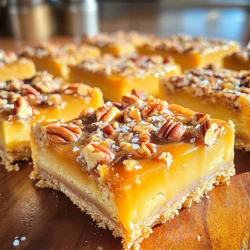 To create caramel pecan shortbread bars, you need the following: - 1 cup unsalted butter, softened - 2/3 cup powdered sugar - 2 cups all-purpose flour - 1/4 teaspoon salt - 1 cup pecans, chopped - 1 cup brown sugar, packed - 1/2 cup heavy cream - 1 teaspoon vanilla extract - 1/4 teaspoon sea salt (for topping) You can swap ingredients if needed. Here are some options: - Use coconut oil instead of butter for a dairy-free version. - If you don't have powdered sugar, blend granulated sugar until fine. - Substitute pecans with walnuts or almonds for a different nutty flavor. - Heavy cream can be replaced with coconut cream for a lighter option. Choosing the right ingredients makes a big difference. Here’s how: - Pick unsalted butter for better control of salt levels. - Use fresh pecans for the best flavor and crunch. - Choose pure vanilla extract over imitation for richer taste. - Look for brown sugar that is soft and moist to make a smooth caramel. - Always check the expiration dates on your ingredients to ensure freshness. To start, preheat your oven to 350°F (175°C). Grease a 9x9-inch baking dish. You can also use parchment paper to line it. In a large bowl, cream together 1 cup of softened unsalted butter and 2/3 cup of powdered sugar. Mix until the mixture is light and fluffy. Next, gradually add 2 cups of all-purpose flour and 1/4 teaspoon of salt. Blend until you form a soft dough. Stir in 1 cup of chopped pecans until they are evenly mixed. Spread the dough evenly in the prepared dish. Press it down with your fingers to create a smooth layer. Bake for about 20 minutes or until the edges turn lightly golden. Once baked, let it cool slightly. In a medium saucepan, combine 1 cup of packed brown sugar, 1/2 cup of heavy cream, and 1 teaspoon of vanilla extract. Heat the mixture over medium heat. Stir it constantly until it starts to bubble. Continue cooking for 5-7 minutes until it thickens into a lovely caramel sauce. Remove the saucepan from the heat. Pour the warm caramel sauce evenly over the baked shortbread base. Use a spatula to spread it out if needed. Next, sprinkle the remaining chopped pecans on top of the caramel layer. Finish with a light sprinkle of 1/4 teaspoon of sea salt for extra flavor. Return the dish to the oven and bake for an additional 10-15 minutes. You want the caramel to be bubbling. When done, take it out and let it cool completely before cutting it into bars. Enjoy this sweet delight! To get the best texture for your caramel pecan shortbread bars, focus on your butter. Make sure you use softened unsalted butter. This helps create a light and fluffy base. When mixing the butter and powdered sugar, aim for a creamy consistency. Do not rush; take your time to blend it well. When you add flour, mix gently. Overmixing can lead to tough bars. Make sure your pecans are chopped evenly. This keeps the bars from being too crunchy in some bites. Remember to press the dough firmly into the baking dish. This helps it hold together better. One common mistake is underbaking the shortbread base. You want it lightly golden around the edges. If it looks too pale, it may not hold well. Another mistake is rushing the caramel sauce. Stir constantly and let it bubble. If you stop stirring, it may burn. Don’t skip the sea salt on top. It adds a nice contrast to the sweet caramel. Lastly, let the bars cool completely before cutting. If you cut too soon, they may fall apart. These caramel pecan shortbread bars are great on their own. However, you can elevate them further. Serve them warm with a scoop of vanilla ice cream. The warm caramel adds a nice touch. Drizzle extra caramel sauce on top for a sweet treat. For a more festive vibe, try adding whipped cream. It lightens the richness of the bars. You can also pair them with a cup of coffee or tea. The flavors work nicely together. Enjoy sharing them at parties or family gatherings! {{image_2}} You can switch up the nuts in your bars. Try walnuts, almonds, or hazelnuts. Each nut brings a unique flavor and crunch. You can also add chocolate chips. Dark chocolate pairs well with the caramel and pecans. Milk chocolate adds sweetness. Just mix them in the shortbread base or sprinkle on top. For a gluten-free version, use gluten-free flour. Make sure it is a 1:1 substitute. You can also try almond flour. This gives a nutty flavor and a nice texture. The taste will be slightly different but still delicious. Ensure your nuts and caramel ingredients are gluten-free too. You can spice up your bars for the holidays. Try adding cinnamon, nutmeg, or ginger to the caramel. These spices give a warm, cozy flavor. You can also add dried fruits like cranberries or raisins. This adds a festive touch and a hint of tartness. Adjust the toppings to match the season for extra fun! To keep your caramel pecan shortbread bars fresh, store them in an airtight container. Place a piece of parchment paper between layers to avoid sticking. This will help keep the bars soft and tasty. Store them at room temperature for up to three days for the best flavor. Freezing is a great option if you want to save some for later. First, let the bars cool completely. Next, cut them into squares. Wrap each square in plastic wrap and place them in a freezer-safe bag. Be sure to squeeze out the air. These bars can stay good in the freezer for up to three months. When you’re ready to enjoy, simply thaw them at room temperature. The bars have a shelf life of about one week when stored properly. If you want a warm treat, you can reheat them gently. Place the bars in the microwave for about 10-15 seconds. Check to see if they are warm enough. Enjoy the gooey caramel and crunchy pecans all over again! Yes, you can make these bars a day or two ahead of time. Store them in an airtight container. This helps the flavors blend well and makes them even tastier. You can use walnuts or almonds in place of pecans. Both options bring a nice crunch. You can also use sunflower seeds for a nut-free choice. The caramel is ready when it bubbles and thickens. Stir it constantly for about 5-7 minutes. It should coat the back of a spoon without running off quickly. Yes, you can use salted butter if that's what you have. Just reduce the added salt in the recipe. This change can add a nice flavor to the bars. In this post, we covered everything from choosing the right ingredients to making perfect shortbread bars. You learned about ingredient substitutions and how to avoid common mistakes. Plus, we explored tasty variations and smart storage tips. Remember, the right ingredients and careful steps lead to delicious treats. Enjoy sharing these bars with friends and family. Happy baking!