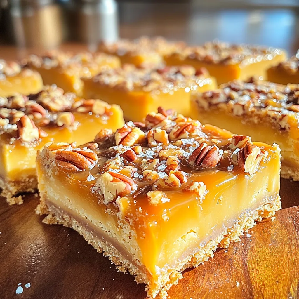 To create caramel pecan shortbread bars, you need the following: - 1 cup unsalted butter, softened - 2/3 cup powdered sugar - 2 cups all-purpose flour - 1/4 teaspoon salt - 1 cup pecans, chopped - 1 cup brown sugar, packed - 1/2 cup heavy cream - 1 teaspoon vanilla extract - 1/4 teaspoon sea salt (for topping) You can swap ingredients if needed. Here are some options: - Use coconut oil instead of butter for a dairy-free version. - If you don't have powdered sugar, blend granulated sugar until fine. - Substitute pecans with walnuts or almonds for a different nutty flavor. - Heavy cream can be replaced with coconut cream for a lighter option. Choosing the right ingredients makes a big difference. Here’s how: - Pick unsalted butter for better control of salt levels. - Use fresh pecans for the best flavor and crunch. - Choose pure vanilla extract over imitation for richer taste. - Look for brown sugar that is soft and moist to make a smooth caramel. - Always check the expiration dates on your ingredients to ensure freshness. To start, preheat your oven to 350°F (175°C). Grease a 9x9-inch baking dish. You can also use parchment paper to line it. In a large bowl, cream together 1 cup of softened unsalted butter and 2/3 cup of powdered sugar. Mix until the mixture is light and fluffy. Next, gradually add 2 cups of all-purpose flour and 1/4 teaspoon of salt. Blend until you form a soft dough. Stir in 1 cup of chopped pecans until they are evenly mixed. Spread the dough evenly in the prepared dish. Press it down with your fingers to create a smooth layer. Bake for about 20 minutes or until the edges turn lightly golden. Once baked, let it cool slightly. In a medium saucepan, combine 1 cup of packed brown sugar, 1/2 cup of heavy cream, and 1 teaspoon of vanilla extract. Heat the mixture over medium heat. Stir it constantly until it starts to bubble. Continue cooking for 5-7 minutes until it thickens into a lovely caramel sauce. Remove the saucepan from the heat. Pour the warm caramel sauce evenly over the baked shortbread base. Use a spatula to spread it out if needed. Next, sprinkle the remaining chopped pecans on top of the caramel layer. Finish with a light sprinkle of 1/4 teaspoon of sea salt for extra flavor. Return the dish to the oven and bake for an additional 10-15 minutes. You want the caramel to be bubbling. When done, take it out and let it cool completely before cutting it into bars. Enjoy this sweet delight! To get the best texture for your caramel pecan shortbread bars, focus on your butter. Make sure you use softened unsalted butter. This helps create a light and fluffy base. When mixing the butter and powdered sugar, aim for a creamy consistency. Do not rush; take your time to blend it well. When you add flour, mix gently. Overmixing can lead to tough bars. Make sure your pecans are chopped evenly. This keeps the bars from being too crunchy in some bites. Remember to press the dough firmly into the baking dish. This helps it hold together better. One common mistake is underbaking the shortbread base. You want it lightly golden around the edges. If it looks too pale, it may not hold well. Another mistake is rushing the caramel sauce. Stir constantly and let it bubble. If you stop stirring, it may burn. Don’t skip the sea salt on top. It adds a nice contrast to the sweet caramel. Lastly, let the bars cool completely before cutting. If you cut too soon, they may fall apart. These caramel pecan shortbread bars are great on their own. However, you can elevate them further. Serve them warm with a scoop of vanilla ice cream. The warm caramel adds a nice touch. Drizzle extra caramel sauce on top for a sweet treat. For a more festive vibe, try adding whipped cream. It lightens the richness of the bars. You can also pair them with a cup of coffee or tea. The flavors work nicely together. Enjoy sharing them at parties or family gatherings! {{image_2}} You can switch up the nuts in your bars. Try walnuts, almonds, or hazelnuts. Each nut brings a unique flavor and crunch. You can also add chocolate chips. Dark chocolate pairs well with the caramel and pecans. Milk chocolate adds sweetness. Just mix them in the shortbread base or sprinkle on top. For a gluten-free version, use gluten-free flour. Make sure it is a 1:1 substitute. You can also try almond flour. This gives a nutty flavor and a nice texture. The taste will be slightly different but still delicious. Ensure your nuts and caramel ingredients are gluten-free too. You can spice up your bars for the holidays. Try adding cinnamon, nutmeg, or ginger to the caramel. These spices give a warm, cozy flavor. You can also add dried fruits like cranberries or raisins. This adds a festive touch and a hint of tartness. Adjust the toppings to match the season for extra fun! To keep your caramel pecan shortbread bars fresh, store them in an airtight container. Place a piece of parchment paper between layers to avoid sticking. This will help keep the bars soft and tasty. Store them at room temperature for up to three days for the best flavor. Freezing is a great option if you want to save some for later. First, let the bars cool completely. Next, cut them into squares. Wrap each square in plastic wrap and place them in a freezer-safe bag. Be sure to squeeze out the air. These bars can stay good in the freezer for up to three months. When you’re ready to enjoy, simply thaw them at room temperature. The bars have a shelf life of about one week when stored properly. If you want a warm treat, you can reheat them gently. Place the bars in the microwave for about 10-15 seconds. Check to see if they are warm enough. Enjoy the gooey caramel and crunchy pecans all over again! Yes, you can make these bars a day or two ahead of time. Store them in an airtight container. This helps the flavors blend well and makes them even tastier. You can use walnuts or almonds in place of pecans. Both options bring a nice crunch. You can also use sunflower seeds for a nut-free choice. The caramel is ready when it bubbles and thickens. Stir it constantly for about 5-7 minutes. It should coat the back of a spoon without running off quickly. Yes, you can use salted butter if that's what you have. Just reduce the added salt in the recipe. This change can add a nice flavor to the bars. In this post, we covered everything from choosing the right ingredients to making perfect shortbread bars. You learned about ingredient substitutions and how to avoid common mistakes. Plus, we explored tasty variations and smart storage tips. Remember, the right ingredients and careful steps lead to delicious treats. Enjoy sharing these bars with friends and family. Happy baking!