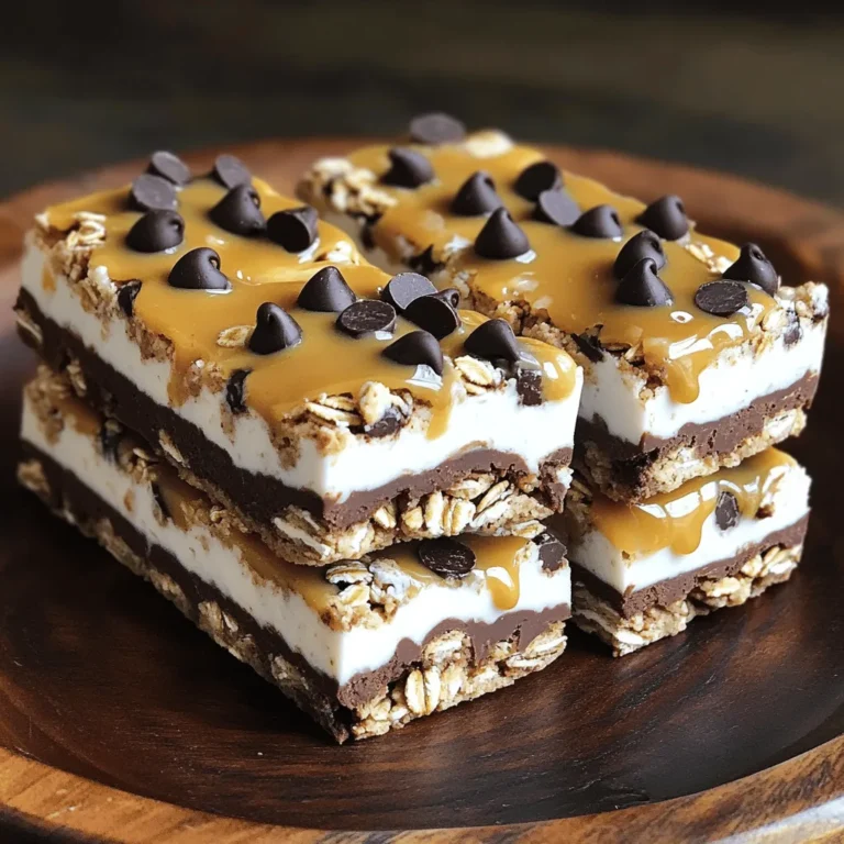 To make Cookies and Cream Protein Bars, you need these simple ingredients: - 1 ½ cups rolled oats - 1 cup vanilla protein powder - ½ cup almond butter - ¼ cup honey or maple syrup - ½ cup Greek yogurt - ½ cup crushed chocolate sandwich cookies - ¼ cup dark chocolate chips - 1 teaspoon vanilla extract - A pinch of salt These ingredients come together to create a tasty snack that packs a protein punch. The oats give a hearty base, while the protein powder boosts your energy. Almond butter adds creaminess and healthy fats. Honey or maple syrup sweetens the mix, and Greek yogurt adds moisture and protein. Crushed chocolate sandwich cookies give that classic cookies and cream flavor, while dark chocolate chips add extra chocolate goodness. Finally, a touch of vanilla and a pinch of salt enhance all the flavors. This recipe is not just easy, but it also uses ingredients you might already have in your kitchen. With these, you can create a delicious treat that satisfies your sweet tooth and fuels your day! - In a large bowl, combine 1 ½ cups rolled oats and 1 cup vanilla protein powder. - Stir well until the oats and protein powder mix evenly. - In a microwave-safe bowl, add ½ cup almond butter and ¼ cup honey or maple syrup. - Microwave for about 20 seconds until slightly melted. - Stir until smooth and creamy. - Add ½ cup Greek yogurt, 1 teaspoon vanilla extract, and a pinch of salt. - Mix until everything blends well. - Gradually add the wet mixture to the dry mix. - Stir until fully combined. The mix should be doughy, not too sticky. - Fold in ½ cup crushed chocolate sandwich cookies and ¼ cup dark chocolate chips. - Mix gently to spread them evenly. - Line an 8x8 inch baking dish with parchment paper. - Leave some overhang for easy removal. - Press the mixture firmly into the lined dish, spreading it out evenly. - Refrigerate for at least 1 hour or until set. - Once firm, lift it out using the parchment paper. - Cut into bars or squares. To make sure your bars aren’t too sticky, use the right ratio of dry to wet ingredients. Mixing the oats and protein powder first helps. When you add the wet ingredients, do so gradually. If the mixture feels too wet, add more oats or protein powder until it feels right. A good dough should hold together but not stick to your fingers. You can add fun mix-ins to boost flavor. Nuts like almonds or walnuts add crunch. Seeds like chia or flaxseed bring extra nutrition. You can also try adding dried fruits like cranberries or raisins. These additions make your bars unique and tasty. Just keep the total mix-ins to about one cup. How you serve your protein bars can make a big difference. Stack the bars on a plate for a nice look. Drizzle some melted almond butter on top for flair. You can also wrap each bar in parchment paper and tie it with twine. This makes them easy to grab and adds a rustic charm. {{image_2}} You can switch up the taste of your protein bars easily. Here are two fun ideas: - Chocolate Mint Protein Bars: Add a few drops of mint extract to the wet mix. You can also swap in chocolate protein powder. The mint gives it a fresh, cool vibe. - Peanut Butter Cookie Bars: Replace almond butter with creamy peanut butter. You can also mix in some chopped peanuts for a crunch. This gives a nutty flavor that many love. You can make these bars fit your diet. Here’s how: - Vegan Adaptations: Use plant-based protein powder. Swap almond butter for sunflower seed butter. Instead of honey, try maple syrup or agave. Use dairy-free yogurt to keep it vegan. - Gluten-Free Options: Ensure your oats are certified gluten-free. This way, everyone can enjoy these tasty bars! To keep your cookies and cream protein bars fresh, store them in the fridge. Place the bars in an airtight container. This will help them last longer and stay tasting great. If you want to keep them for a longer time, freezing is a great option. Wrap each bar in plastic wrap or foil. Then, put them in a freezer-safe bag or container. This protects them from freezer burn. In the refrigerator, these protein bars will stay fresh for about a week. If you freeze them, they can last for up to three months. Just remember to let them thaw for a few minutes before you eat them. This way, they will return to their delicious texture. Cookies and cream protein bars are tasty snacks. They mix sweet flavors with protein. These bars have rolled oats, almond butter, and Greek yogurt. They also contain crushed chocolate cookies and dark chocolate chips. Each bite gives you a sweet, creamy taste. Nutritionally, they offer protein for muscle growth and healthy fats for energy. They are great for a quick snack or meal replacement. Yes, you can swap some ingredients. If you don’t have almond butter, try peanut butter or sunflower seed butter. For sweeteners, honey and maple syrup work well. You can also use agave syrup. Just keep in mind that each swap may change the flavor a bit. To make these bars dairy-free, use dairy-free yogurt instead of Greek yogurt. Almond milk yogurt or coconut yogurt are good choices. For protein powder, find a plant-based option. These swaps keep the bars creamy and tasty without dairy. These protein bars are perfect for meal prep. You can make a batch ahead of time. Store them in an airtight container in the fridge. They last up to a week. For longer storage, freeze them. Just cut into bars and wrap them individually. This way, you have a quick snack ready for busy days. These protein bars are easy to make and tasty. You mix simple ingredients, like oats, protein powder, and almond butter. Then, you can customize with flavors or add-ins. Store them well to keep fresh for weeks. In closing, enjoy getting creative with this recipe. Snack smart and feel great with your homemade bars. Try different flavors and find your favorite. Your taste buds will thank you!