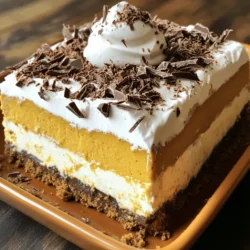 - 2 cups graham cracker crumbs - ½ cup unsalted butter, melted - 1 cup cream cheese, softened - 1 cup powdered sugar - 1 teaspoon vanilla extract - 1 cup heavy whipping cream - 1 cup pumpkin puree - 1 teaspoon pumpkin pie spice - ½ teaspoon cinnamon - ¼ teaspoon nutmeg - Salt, a pinch - Optional: chocolate shavings or whipped cream for decoration Using high-quality ingredients makes a big difference. Fresh cream cheese ensures a smooth mix. Look for real vanilla extract, not imitation. Pure pumpkin puree brings rich flavor. Choose heavy cream that is fresh for the best whipped texture. If you want a twist, try using a different crust. Oreo crumbs or almond flour can work well. You can swap cream cheese for mascarpone for a lighter taste. Coconut cream can replace heavy whipping cream for a dairy-free option. Start by mixing the graham cracker crumbs with melted butter. Use a bowl and stir until the crumbs are fully coated. This mixture will form the base of your cake. Next, press the crumb mixture into the bottom of a 9x9 inch square baking dish. Make sure it is even and compact. Once done, put the dish in the refrigerator while you make the filling. This helps the crust firm up. In a large bowl, beat the softened cream cheese until it is smooth. Use an electric mixer for the best result. Gradually add the powdered sugar while mixing. This will sweeten the filling. Then, pour in the vanilla extract and pumpkin puree. Add pumpkin pie spice, cinnamon, nutmeg, and a pinch of salt. Mix until everything is well combined. In a separate bowl, whip the heavy cream until soft peaks form. This step adds lightness to your filling. Gently fold the whipped cream into the pumpkin mixture. Be careful not to deflate the whipped cream. You want a fluffy texture. Spread half of the pumpkin cheesecake mixture over the chilled graham cracker crust. Smooth it out evenly with a spatula. Next, layer another set of graham crackers on top of the cheesecake. Then, spread the rest of the pumpkin cheesecake mixture over this second layer. Make sure it is spread evenly. Cover the dish with plastic wrap and refrigerate for at least 4 hours. For the best flavor and texture, you can let it chill overnight. Before serving, feel free to top the cake with chocolate shavings or whipped cream. When ready, cut into squares and serve cold. Enjoy your delicious pumpkin cheesecake icebox cake! To make the best whipped cream, start with cold tools. Chill your mixing bowl and beaters for a few minutes. This helps the cream whip better. Use heavy whipping cream for the best results. Pour the cream into the cold bowl. Beat on medium speed until soft peaks form. This takes about 2 to 3 minutes. Be careful not to overbeat. If you overbeat, the cream can turn into butter. Gently fold the whipped cream into your pumpkin mixture. This keeps the mixture light and fluffy. If you have leftover cake, store it in the fridge. Use plastic wrap to cover the dish tightly. This keeps the cake fresh and prevents it from drying out. The cake can last in the fridge for about three days. If you want to keep it longer, you can freeze it. Cut the cake into squares and place them in an airtight container. You can freeze it for up to three months. Just remember to let it thaw in the fridge when you are ready to enjoy it again. Serve this cake cold for the best taste. You can add a dollop of whipped cream on top for extra creaminess. Chocolate shavings also make a nice touch. They add a sweet crunch and look pretty. For a fun twist, try serving the cake with a scoop of vanilla ice cream. The mix of flavors and textures will impress your guests. Pair it with coffee or tea for a cozy dessert experience. Enjoy each bite of this delicious pumpkin cheesecake icebox cake! {{image_2}} You can make a no-bake version of this cake. Start with the same graham cracker crust. Mix the filling with cream cheese, pumpkin puree, and spices. Instead of whipping cream, use a store-bought whipped topping. This saves time and effort. Simply spread the filling over the crust and chill. It will still taste amazing! You can change the crust to your liking. Try using chocolate cookies for a rich flavor. A nut crust made from almonds or pecans adds crunch and a deeper taste. If you prefer gluten-free options, use gluten-free graham crackers. Each crust gives a new twist to your cake. Add fun ingredients to make your cake unique. Chopped nuts like walnuts or pecans give a crunchy bite. Chocolate chips add sweetness and richness. For a touch of spice, stir in some toffee bits or crushed ginger snaps. These add-ins make your cake festive and tasty. To store your pumpkin cheesecake icebox cake, cover it tightly with plastic wrap. This keeps it fresh and prevents it from absorbing other smells in the fridge. Place the covered dish in the refrigerator. Eating it cold enhances the flavors, so keep it chilled until serving time. You can freeze this cake too! First, cut it into squares. Wrap each square in plastic wrap. Then, place the wrapped pieces in a freezer-safe container or bag. This way, you can enjoy a slice later. When you want to eat it, thaw in the fridge overnight. Your pumpkin cheesecake icebox cake lasts about 3 to 5 days in the fridge. Check for any signs of spoilage, like off smells or changes in texture. If you freeze it, it can last up to 2 months. Remember, always label your containers with dates. This helps you use them in time! Your Pumpkin Cheesecake Icebox Cake is ready when it has chilled for at least four hours. After chilling, it should feel firm to the touch. If you press down gently, it should hold its shape. The filling should not be runny and should look creamy and smooth. Cut into squares to serve. This cake tastes best cold, so keep it in the fridge until you are ready. Yes, you can use fresh pumpkin. To do this, you'll need to cook the pumpkin first. Cut the pumpkin in half and remove the seeds. Bake it in the oven until it is soft, around 45 minutes. Let it cool, then scoop out the flesh and mash it. Make sure to measure out one cup for your recipe. Fresh pumpkin may give a slightly different taste, but it can be delicious. You can add many toppings to make your cake even better. Here are some ideas: - Whipped cream for a light touch. - Chocolate shavings for a rich flavor. - Chopped nuts, like pecans or walnuts, for crunch. - Caramel drizzle for sweetness. - A sprinkle of cinnamon or nutmeg for extra spice. Try different toppings to find your favorite! The blog post provided a clear guide on making a Pumpkin Cheesecake Icebox Cake. We covered key ingredients, methods, and tips for success. Using quality ingredients makes a big difference. Follow the steps for a tasty treat everyone loves. Remember to store your cake correctly to keep it fresh. Feel free to experiment with variations for fun twist. Now, you can impress friends with your new dessert skills! Enjoy making this cake and sharing it with others.