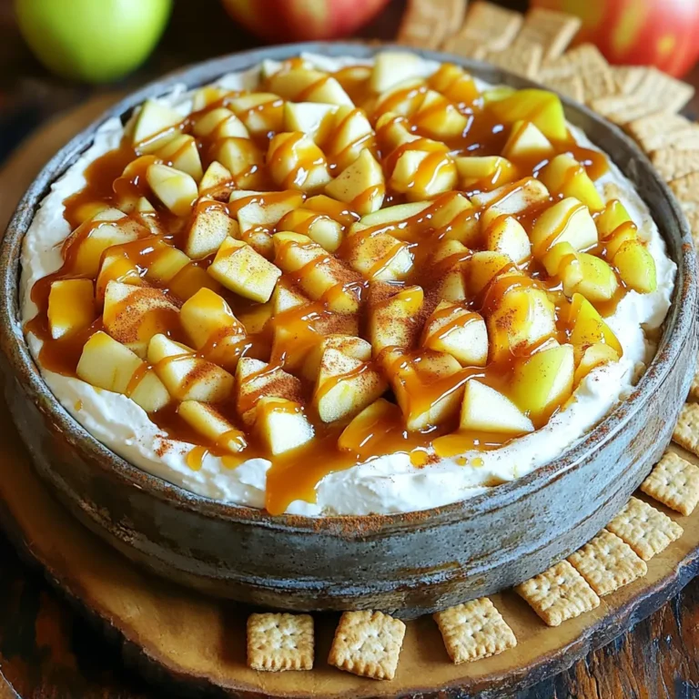 To make this tasty dip, gather these essential items: - 2 medium apples (Granny Smith or Honeycrisp), peeled, cored, and diced - 1 cup caramel sauce (store-bought or homemade) - 1 teaspoon lemon juice - 1 teaspoon ground cinnamon - ½ teaspoon ground nutmeg - 8 oz cream cheese, softened - ½ cup powdered sugar - 1 teaspoon vanilla extract - 1 cup whipped topping (or whipped cream) - Graham crackers, for serving These ingredients come together to create a sweet and creamy dip, perfect for sharing. You can add extra flavors to make it unique: - Chopped nuts (like pecans or walnuts) for crunch - A pinch of sea salt to enhance sweetness - A splash of maple syrup for a rich taste - Chocolate chips for a fun twist Feel free to mix and match these to suit your taste! For the best experience, serve your dip with: - Graham crackers for dipping - Sliced apples for a fresh crunch - Pretzels for a sweet and salty combo - Vanilla wafers for a classic touch These options make it fun to enjoy the dip in different ways! First, take the apples and peel them. I like to use Granny Smith or Honeycrisp apples for their crunch. Next, core the apples and dice them into small pieces. Once diced, place them in a medium bowl. Add one teaspoon of lemon juice to help keep them fresh. Now, sprinkle in one teaspoon of ground cinnamon and half a teaspoon of ground nutmeg. Toss the apples well to coat them with the spices. Set this bowl aside while you prepare the cream cheese mixture. In a large mixing bowl, start with eight ounces of softened cream cheese. It helps if the cream cheese is at room temperature. Using a hand mixer, beat it until it's smooth. Next, add half a cup of powdered sugar and one teaspoon of vanilla extract. Mix these together until they are creamy and well combined. Now, gently fold in one cup of whipped topping. This will make your dip light and fluffy. Make sure everything is mixed well. Grab a serving dish and layer the cream cheese mixture at the bottom. Spread it evenly across the dish. Next, spoon the apple mixture on top of the cream cheese layer. Make sure to distribute the apples evenly. Drizzle one cup of caramel sauce over the apples. You want to cover them nicely with the sweet sauce. If you like, you can add more whipped topping on top. To finish, sprinkle a little cinnamon for extra flavor. Serve this delightful dip with graham crackers for dipping. Enjoy the sweet and creamy mix! For this dip, I like using Granny Smith or Honeycrisp apples. These apples are crisp and have a nice balance of sweet and tart. This balance enhances the flavor of the dip. When picking apples, look for ones that are firm and bright in color. Avoid soft or bruised apples, as they may not taste good in your dip. To make the dip extra creamy, use softened cream cheese. This helps it blend well with the other ingredients. Beat the cream cheese and powdered sugar together until smooth. Make sure to fold in the whipped topping gently. This keeps the dip light and airy. If you want to add more creaminess, you can use extra whipped topping too. This dip is a great choice for parties! Serve it in a large bowl with graham crackers on the side. You can also add sliced apples or pretzels for variety. For a fun touch, drizzle extra caramel sauce over the top right before serving. Set out small plates or cups for easy sharing. Guests will love dipping and enjoying this sweet treat! {{image_2}} If you want to make a lighter version of caramel apple pie dip, consider these swaps: - Use Greek yogurt instead of cream cheese. - Replace caramel sauce with a fruit spread or pureed dates. - Choose low-fat whipped topping for fewer calories. These changes help lower fat and sugar while keeping flavor. You can add creativity to your dip with these flavor twists: - Mix in peanut butter for a nutty taste. - Add chocolate chips for a sweet surprise. - Try a splash of maple syrup for a warm flavor. Each option adds a unique touch to your dip. For a delightful crunch, consider these add-ins: - Chopped nuts, like pecans or walnuts, add great texture. - Toasted coconut flakes give a tropical flair. - Crushed graham crackers can enhance the pie vibe. These add-ins make your dip more exciting and enjoyable. To store your caramel apple pie dip, place it in an airtight container. Make sure the lid fits tightly. This keeps the dip fresh and prevents it from drying out. You can also cover the dish with plastic wrap. Store it in the fridge to keep it cool. You don’t need to heat this dip. It tastes best when served cold. If you want a warm treat, you can microwave it. Heat it in short bursts of 10 to 15 seconds. Stir between each burst to avoid overheating. Serve it with fresh graham crackers for a fun snack. Properly stored, the dip lasts about three to five days in the fridge. After that, it may lose its taste and texture. Always check for any signs of spoilage, like off smells or mold. If it looks or smells strange, throw it away. Enjoy your dip while it’s fresh for the best flavor! Yes, you can. I recommend using any firm apple. Fuji, Braeburn, or Pink Lady work well. These apples add sweetness and a nice crunch to the dip. Just remember, tart apples like Granny Smith add a great balance to the sweet caramel. To make this dip vegan, use vegan cream cheese. You can also swap the caramel sauce for a plant-based version. Replace whipped topping with coconut whipped cream for a similar texture. This way, everyone can enjoy the dip! If you don’t have whipped topping, you can use whipped cream. For a lighter option, try yogurt. Dairy-free yogurt works too if you want a vegan choice. Each option will give a creamy texture that complements the dip. Yes, you can prepare this dip ahead of time. Just layer the cream cheese mixture and apple filling in a dish. Cover it and place it in the fridge. Add the caramel sauce and whipped topping just before serving. This keeps everything fresh and tasty! This blog post covers how to make a delicious Caramel Apple Pie Dip. We discussed the main and optional ingredients, step-by-step instructions, and tips for serving. You learned about storing leftovers and making variations. In summary, this dip is easy to make and fun to share. Experiment with flavors and enjoy it at your next gathering. With these tips, you can create a treat that everyone will love!