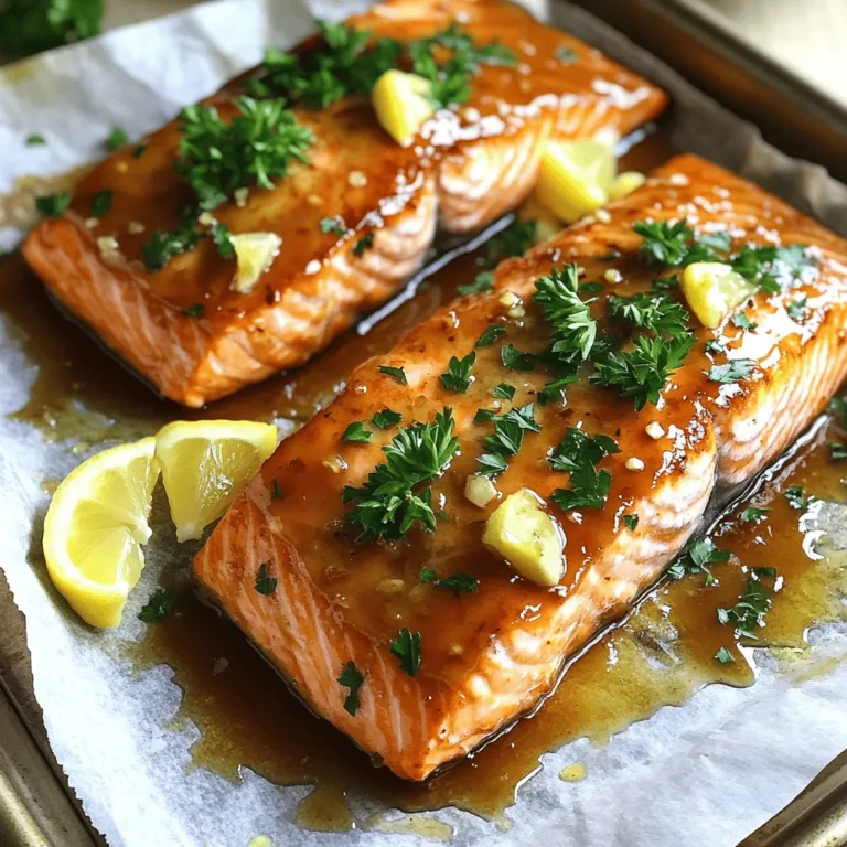 - 4 salmon fillets (about 6 ounces each) - 1/4 cup pure maple syrup - 2 tablespoons soy sauce (or tamari for gluten-free) - 3 cloves garlic, minced - 1 tablespoon fresh ginger, grated - 1 tablespoon olive oil - Salt and pepper - Fresh parsley or chives, chopped (for garnish) - Lemon wedges (for serving) When you gather your ingredients, focus on quality. Fresh salmon is key. Look for fillets that are bright and moist. Pure maple syrup brings a rich sweetness that pairs well with salmon. Choose a light soy sauce for a balanced flavor. Fresh garlic and ginger add depth and warmth. Olive oil helps combine everything and keeps the salmon moist. For seasoning, a sprinkle of salt and pepper enhances the salmon's natural taste. Fresh herbs like parsley or chives not only add color but also a fresh touch. Finally, lemon wedges bring brightness and acidity to your dish, making each bite pop. With these ingredients, you create a dish that feels special and tastes amazing. First, grab a mixing bowl. Add 1/4 cup of pure maple syrup, 2 tablespoons of soy sauce, 3 cloves of minced garlic, and 1 tablespoon of grated ginger. Whisk these ingredients well until they blend smoothly. This mix gives the salmon its sweet and savory flavor. Next, set aside half of this marinade for glazing later. This step is key to adding more flavor at the end. Now, take your 4 salmon fillets. Place them in a shallow dish. Pour the remaining marinade over the fillets. Make sure each piece is coated well. Cover the dish and let it marinate in the fridge for 30 minutes. This time allows the fish to soak up all the tasty flavors. While the salmon marinates, preheat your oven to 400°F (200°C). Get a baking sheet and line it with parchment paper or lightly grease it. After marinating, take the salmon out of the fridge. Place the fillets on the baking sheet, skin side down. Bake for 15 to 20 minutes. The salmon is done when it flakes easily with a fork. In the last 5 minutes of baking, brush the reserved marinade over the salmon. This adds an extra layer of yum. When the salmon is ready, take it out of the oven. Sprinkle with salt and pepper to taste. For a fresh touch, garnish with chopped parsley or chives. Serve hot with lemon wedges on the side for a bright finish. - Quality of ingredients used: Start with fresh salmon fillets. Use pure maple syrup, not imitation. Fresh garlic and ginger enhance the taste. Fresh herbs like parsley or chives add brightness. - Importance of marination time: Marinate the salmon for at least 30 minutes. This allows the flavors to soak in. If you have more time, marinate it for up to 2 hours. - Tips for perfect baking: Preheat your oven to 400°F (200°C). Line your baking sheet with parchment paper. Place the salmon skin-side down for even cooking. - Recommendations for checking doneness: Bake for 15-20 minutes. Check if the salmon flakes easily with a fork. It should be opaque in color. - Ideal side dishes: Serve with steamed broccoli or roasted asparagus. Quinoa or rice can make a great base. - Pairing flavors for a complete meal: Lemon wedges add brightness. A light salad with vinaigrette complements the dish well. {{image_2}} To make this recipe gluten-free, you can swap soy sauce for tamari or coconut aminos. Both options taste great and keep the dish safe for gluten-sensitive eaters. Tamari is richer and adds a nice depth of flavor. Coconut aminos is sweeter and milder. Both will blend well with the maple and garlic. You can take your glazed salmon to the next level by adding spices. A pinch of cayenne adds warmth without overpowering the dish. Smoked paprika brings a subtle smokiness that pairs well with the sweetness of maple. Fresh herbs like dill, mint, or basil can also brighten the flavors. Just mix them in the marinade or sprinkle over the top before serving. You have options when cooking this salmon. Grilling gives it a lovely char and smoky flavor. Just preheat your grill and cook the salmon for about six to eight minutes on each side. Baking is easier and requires less attention. It allows the salmon to cook evenly, especially in the oven at 400°F for 15-20 minutes. If you prefer pan-searing, heat some olive oil in a skillet. Cook the salmon skin-side down for about five minutes. Flip it over and cook for a few more minutes. Each method offers a unique taste and texture, so try them all! To keep your Maple Garlic Glazed Salmon fresh, use proper refrigeration techniques. First, let the salmon cool to room temperature. Then, place it in an airtight container. This helps keep moisture in and prevents odors from other foods. Store the salmon in the fridge. It will stay good for up to three days. When reheating the salmon, it's best to use gentle heat. The oven is a great choice. Preheat your oven to 300°F (150°C). Place the salmon on a baking sheet. Cover it with foil to keep it moist. Heat for about 10 minutes. This way, the salmon stays tender. Avoid overcooking it, as this can make it dry. Check it often to ensure it stays juicy. Yes, you can use frozen salmon. To thaw it, place the salmon in the fridge overnight. If you're short on time, you can seal the salmon in a bag and run it under cold water for about an hour. This keeps the fish safe and ready for cooking. You have a few good options if you want to swap maple syrup. Honey works well and adds a nice flavor. Agave syrup is another choice. Brown sugar mixed with water can also give you a sweet glaze. Just keep in mind that each option will change the taste a little. Look for a few signs to know your salmon is cooked. The fish should turn from a translucent pink to an opaque color. It should flake easily with a fork. If you have a food thermometer, aim for an internal temperature of 145°F (63°C) for perfect doneness. Yes, this recipe is great for meal prep. You can marinate the salmon a day ahead. Store the fillets in the fridge until you're ready to bake. Cooked salmon also keeps well. Just store it in an airtight container for up to three days. This blog post detailed how to create a delicious baked salmon dish. You learned about key ingredients, marination, and cooking methods. I shared tips to enhance flavor and suggested variations for different diets. Proper storage and reheating instructions help keep your meal fresh. Remember, using quality ingredients elevates your dish. This recipe is great for a quick dinner or meal prep. Enjoy the process and make this meal your own!