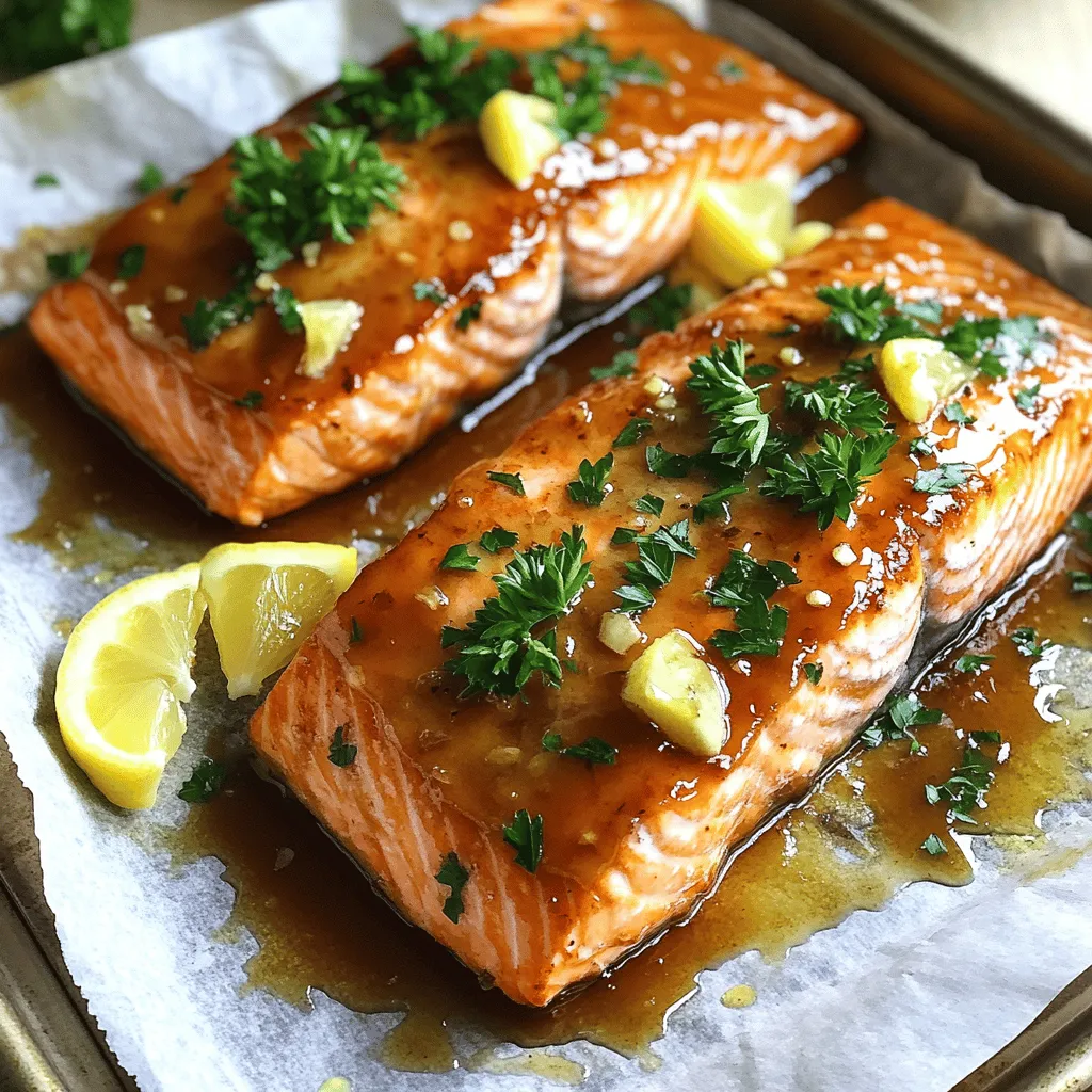 - 4 salmon fillets (about 6 ounces each) - 1/4 cup pure maple syrup - 2 tablespoons soy sauce (or tamari for gluten-free) - 3 cloves garlic, minced - 1 tablespoon fresh ginger, grated - 1 tablespoon olive oil - Salt and pepper - Fresh parsley or chives, chopped (for garnish) - Lemon wedges (for serving) When you gather your ingredients, focus on quality. Fresh salmon is key. Look for fillets that are bright and moist. Pure maple syrup brings a rich sweetness that pairs well with salmon. Choose a light soy sauce for a balanced flavor. Fresh garlic and ginger add depth and warmth. Olive oil helps combine everything and keeps the salmon moist. For seasoning, a sprinkle of salt and pepper enhances the salmon's natural taste. Fresh herbs like parsley or chives not only add color but also a fresh touch. Finally, lemon wedges bring brightness and acidity to your dish, making each bite pop. With these ingredients, you create a dish that feels special and tastes amazing. First, grab a mixing bowl. Add 1/4 cup of pure maple syrup, 2 tablespoons of soy sauce, 3 cloves of minced garlic, and 1 tablespoon of grated ginger. Whisk these ingredients well until they blend smoothly. This mix gives the salmon its sweet and savory flavor. Next, set aside half of this marinade for glazing later. This step is key to adding more flavor at the end. Now, take your 4 salmon fillets. Place them in a shallow dish. Pour the remaining marinade over the fillets. Make sure each piece is coated well. Cover the dish and let it marinate in the fridge for 30 minutes. This time allows the fish to soak up all the tasty flavors. While the salmon marinates, preheat your oven to 400°F (200°C). Get a baking sheet and line it with parchment paper or lightly grease it. After marinating, take the salmon out of the fridge. Place the fillets on the baking sheet, skin side down. Bake for 15 to 20 minutes. The salmon is done when it flakes easily with a fork. In the last 5 minutes of baking, brush the reserved marinade over the salmon. This adds an extra layer of yum. When the salmon is ready, take it out of the oven. Sprinkle with salt and pepper to taste. For a fresh touch, garnish with chopped parsley or chives. Serve hot with lemon wedges on the side for a bright finish. - Quality of ingredients used: Start with fresh salmon fillets. Use pure maple syrup, not imitation. Fresh garlic and ginger enhance the taste. Fresh herbs like parsley or chives add brightness. - Importance of marination time: Marinate the salmon for at least 30 minutes. This allows the flavors to soak in. If you have more time, marinate it for up to 2 hours. - Tips for perfect baking: Preheat your oven to 400°F (200°C). Line your baking sheet with parchment paper. Place the salmon skin-side down for even cooking. - Recommendations for checking doneness: Bake for 15-20 minutes. Check if the salmon flakes easily with a fork. It should be opaque in color. - Ideal side dishes: Serve with steamed broccoli or roasted asparagus. Quinoa or rice can make a great base. - Pairing flavors for a complete meal: Lemon wedges add brightness. A light salad with vinaigrette complements the dish well. {{image_2}} To make this recipe gluten-free, you can swap soy sauce for tamari or coconut aminos. Both options taste great and keep the dish safe for gluten-sensitive eaters. Tamari is richer and adds a nice depth of flavor. Coconut aminos is sweeter and milder. Both will blend well with the maple and garlic. You can take your glazed salmon to the next level by adding spices. A pinch of cayenne adds warmth without overpowering the dish. Smoked paprika brings a subtle smokiness that pairs well with the sweetness of maple. Fresh herbs like dill, mint, or basil can also brighten the flavors. Just mix them in the marinade or sprinkle over the top before serving. You have options when cooking this salmon. Grilling gives it a lovely char and smoky flavor. Just preheat your grill and cook the salmon for about six to eight minutes on each side. Baking is easier and requires less attention. It allows the salmon to cook evenly, especially in the oven at 400°F for 15-20 minutes. If you prefer pan-searing, heat some olive oil in a skillet. Cook the salmon skin-side down for about five minutes. Flip it over and cook for a few more minutes. Each method offers a unique taste and texture, so try them all! To keep your Maple Garlic Glazed Salmon fresh, use proper refrigeration techniques. First, let the salmon cool to room temperature. Then, place it in an airtight container. This helps keep moisture in and prevents odors from other foods. Store the salmon in the fridge. It will stay good for up to three days. When reheating the salmon, it's best to use gentle heat. The oven is a great choice. Preheat your oven to 300°F (150°C). Place the salmon on a baking sheet. Cover it with foil to keep it moist. Heat for about 10 minutes. This way, the salmon stays tender. Avoid overcooking it, as this can make it dry. Check it often to ensure it stays juicy. Yes, you can use frozen salmon. To thaw it, place the salmon in the fridge overnight. If you're short on time, you can seal the salmon in a bag and run it under cold water for about an hour. This keeps the fish safe and ready for cooking. You have a few good options if you want to swap maple syrup. Honey works well and adds a nice flavor. Agave syrup is another choice. Brown sugar mixed with water can also give you a sweet glaze. Just keep in mind that each option will change the taste a little. Look for a few signs to know your salmon is cooked. The fish should turn from a translucent pink to an opaque color. It should flake easily with a fork. If you have a food thermometer, aim for an internal temperature of 145°F (63°C) for perfect doneness. Yes, this recipe is great for meal prep. You can marinate the salmon a day ahead. Store the fillets in the fridge until you're ready to bake. Cooked salmon also keeps well. Just store it in an airtight container for up to three days. This blog post detailed how to create a delicious baked salmon dish. You learned about key ingredients, marination, and cooking methods. I shared tips to enhance flavor and suggested variations for different diets. Proper storage and reheating instructions help keep your meal fresh. Remember, using quality ingredients elevates your dish. This recipe is great for a quick dinner or meal prep. Enjoy the process and make this meal your own!