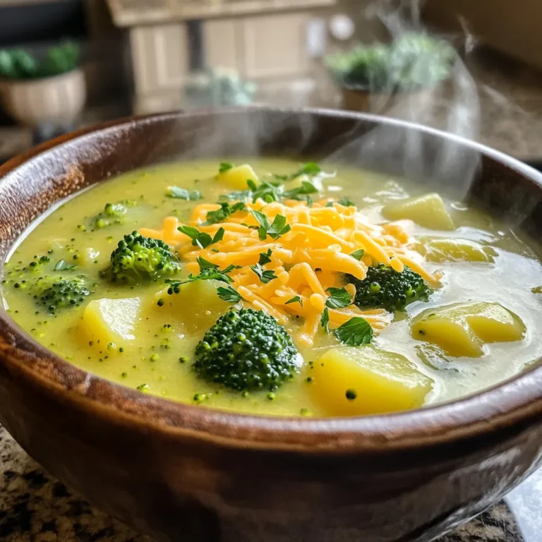 - 4 cups fresh broccoli florets - 2 large russet potatoes, peeled and diced - 1 onion, chopped - 4 cloves garlic, minced - 4 cups vegetable broth - 1 cup heavy cream (or coconut cream for a dairy-free option) - 1 teaspoon dried thyme - 1 teaspoon salt - 1/2 teaspoon black pepper - 1 tablespoon olive oil - 1/2 cup shredded cheddar cheese (optional, for garnish) - Fresh parsley, chopped (for garnish) Gather these ingredients before you start. Fresh broccoli gives a bright flavor. The russet potatoes add creaminess. Chop the onion and garlic for a good base. Vegetable broth keeps it light and tasty. You can use heavy cream or coconut cream, depending on your diet. Dried thyme adds a nice herbal note. Salt and black pepper enhance the flavors. Olive oil helps the veggies cook well. If you like, add cheddar cheese and parsley on top for a special touch. Having everything ready makes cooking easy and fun! To make this soup, start by preparing your ingredients. - Chopping onions and garlic: Use a sharp knife to chop one onion. Aim for small pieces. Mince four cloves of garlic until fine. These will add great flavor to your soup. - Dicing potatoes: Take two large russet potatoes. Peel them first, then cut them into small cubes. This helps them cook evenly and blend well in the soup. - Preparing broccoli florets: Take four cups of fresh broccoli florets. Cut them into smaller pieces if needed. This helps them cook faster and blend smoothly. Now, let’s move to the slow cooking part. - Combining ingredients in the slow cooker: In your slow cooker, add the chopped onion, minced garlic, diced potatoes, and broccoli florets. Pour in four cups of vegetable broth. Sprinkle in one teaspoon of dried thyme, one teaspoon of salt, and half a teaspoon of black pepper. Drizzle one tablespoon of olive oil over the top. This oil helps enhance the flavors. - Cooking times (low and high settings): Cover the slow cooker. Set it to cook on low for 6 to 8 hours or on high for 3 to 4 hours. Choose the time that fits your day best. - Techniques for achieving desired texture: When the cooking time is up, check if the potatoes are tender. If you want a smooth soup, use an immersion blender to puree the soup until creamy. If you like some chunks, blend just half of it. Now, let’s make the soup creamy. - Blending the soup for creaminess: After blending, you should have a nice, creamy texture. If you prefer a smoother soup, blend a little longer. - Adding heavy cream or coconut cream: Stir in one cup of heavy cream or coconut cream for a dairy-free option. Mix well and let it warm for about 15 minutes. Taste it now. If needed, add more salt or pepper. This is how you create a rich and creamy broccoli potato soup. Enjoy serving it hot! Seasoning is key to a great soup. Always taste your soup before serving. If it lacks flavor, add more salt or pepper. For this recipe, the dried thyme adds depth. If you want a stronger taste, try fresh herbs. They can make a big difference. Balancing the creaminess is also important. Too much cream can mask the fresh veggie flavors. Start with half the cream and mix it in. You can always add more later if needed. Using the right slow cooker size matters. A 6-quart slow cooker works well for this soup. It gives enough space for all the ingredients. For blending, I love using an immersion blender. It’s easy to handle and makes the soup smooth. If you want a chunkier texture, blend just half of the soup. You can use a regular blender, but be careful with hot soup. This soup pairs well with crusty bread or a simple salad. A light side helps balance the meal. For presentation, use a nice bowl and add a sprinkle of cheese and parsley on top. It makes the soup look inviting. A drizzle of olive oil can also enhance the look and flavor. Enjoy the warm, cozy vibes that this soup brings! {{image_2}} If you want a dairy-free soup, use coconut cream instead of heavy cream. Coconut cream gives the soup a rich and creamy texture. It also adds a hint of sweetness. This change makes the soup friendly for those who avoid dairy. The flavors of broccoli and potatoes still shine through. You can make this soup even heartier by adding protein. Try cooked chicken or beans. Beans like cannellini or navy beans work well. They add fiber and protein to the soup. You can also mix in other veggies. Carrots and celery are great options. They add color and nutrition. Just chop them up and toss them in with the other ingredients. To boost the flavor, add herbs and spices. Fresh herbs like basil or dill can brighten the soup. A sprinkle of smoked paprika adds a nice depth. For a cheesy finish, try different cheese options for garnishing. Besides cheddar, you could use parmesan or gouda. Each cheese brings its own twist to the dish. Experiment to find your favorite! To store your broccoli potato soup, let it cool first. Once cool, pour it into an airtight container. You can keep it in the fridge for up to three days. Make sure the lid is sealed tight to keep it fresh. When you’re ready to eat, just reheat it on the stove or in the microwave. If you want to save the soup for later, freezing is a great option. Use freezer-safe containers or bags. Leave some space at the top for expansion. The soup can last in the freezer for up to three months. To reheat, thaw it in the fridge overnight. You can warm it on the stove or in the microwave until hot. In the fridge, your creamy broccoli potato soup stays good for about three days. In the freezer, it lasts much longer, up to three months. Always check for changes in smell or color before eating. If anything seems off, it’s best to throw it away. Yes, you can make this soup in advance. Here’s how to do it: - Cook the soup completely: Follow the recipe steps and cook the soup. - Cool it down: Let the soup cool to room temperature. - Store it: Transfer the soup to an airtight container and place it in the fridge. - Reheat: When you’re ready to enjoy it, heat it on the stove or in the microwave until hot. This soup tastes even better the next day, as the flavors meld together. Making this soup vegan is easy. Here are some swaps: - Cream: Replace heavy cream with coconut cream. It adds a nice flavor. - Broth: Use vegetable broth instead of any meat broth. Make sure it is vegan. - Cheese: Skip the cheddar cheese or use a dairy-free cheese if you want some topping. These substitutes keep the soup creamy and delicious without any animal products. Yes, you can make this soup on the stovetop. Here’s how: 1. Prepare the ingredients: Chop the onion and garlic, dice the potatoes, and cut the broccoli. 2. Sauté: In a large pot, heat olive oil over medium heat. Add onion and garlic. Cook until soft. 3. Add vegetables: Stir in the potatoes and broccoli. Cook for a few minutes. 4. Pour in broth: Add vegetable broth, thyme, salt, and pepper. Bring to a boil. 5. Simmer: Reduce heat and simmer for 20 minutes, or until the potatoes are tender. 6. Blend: Use an immersion blender to puree the soup to your desired texture. 7. Finish: Stir in coconut cream or heavy cream and heat for 5 more minutes. This method is quick and keeps the soup tasty! This blog post covered how to make creamy broccoli potato soup. We discussed the ingredients, the steps to prepare, and the slow cooking method. I shared tips for flavor and recommended tools. We explored variations, storage advice, and common questions. Making this soup is simple and rewarding. Enjoy a bowl and share it with friends!