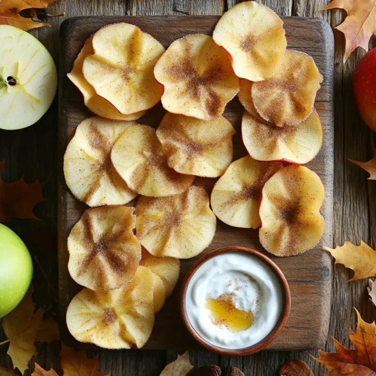 For this snack, choose three medium-sized apples. I love using Fuji or Honeycrisp apples. They are sweet and crisp. Their taste shines through when baked. Wash and core the apples before slicing. Thin slices work best, about 1/8 inch thick. This makes them crispy and delicious. To make the cinnamon sugar, gather a few simple items. You need 2 tablespoons of granulated sugar and 1 teaspoon of ground cinnamon. Mix these in a small bowl. This blend adds a sweet and spicy flavor to your apple chips. The cinnamon sugar makes them taste like a treat. The yogurt dip is easy to prepare and adds creaminess. Use 1 cup of Greek yogurt as your base. Add 1 tablespoon of honey for sweetness. For flavor, include 1/2 teaspoon of ground nutmeg and 1 teaspoon of vanilla extract. Finally, mix in 1 tablespoon of lemon juice to brighten the taste. This dip pairs perfectly with your crispy apple chips. Start by preheating your oven to 200°F (93°C). This low heat helps to dry the apples out slowly. Next, grab two baking sheets and line them with parchment paper. This will keep the chips from sticking and make cleanup easier. Wash three medium-sized apples. I like using Fuji or Honeycrisp for their sweetness. After washing, core the apples. Slice them very thin, about 1/8 inch thick. A mandoline slicer works best here. If you don’t have one, a sharp knife will do. In a small bowl, mix two tablespoons of granulated sugar with one teaspoon of ground cinnamon. This is your cinnamon sugar mixture. Set it aside for later. In another bowl, combine one cup of Greek yogurt with one tablespoon of honey and half a teaspoon of ground nutmeg. Don't forget to add one tablespoon of lemon juice and half a teaspoon of vanilla extract. Stir everything well to make a creamy dip. This dip adds a nice touch to the apple chips. Arrange the apple slices in a single layer on the lined baking sheets. Make sure they do not overlap. Lightly brush the slices with water. Then, sprinkle the cinnamon sugar mixture evenly over each slice. Bake the apple slices for 1.5 to 2 hours. Flip the slices halfway through to ensure they bake evenly. You’ll know they are done when they are crisp and slightly golden brown. Once baked, take them out and let them cool a bit. Enjoy your apple chips with the yogurt dip! To make your apple chips crispy, slice the apples thin. Aim for about 1/8 inch. Use a mandoline for even slices. This helps them bake evenly and get that perfect crunch. Remember to keep the slices in a single layer on the baking sheets. When they overlap, they won’t crisp up well. Bake them slowly at 200°F (93°C) for 1.5 to 2 hours. Flip them halfway through to ensure both sides crisp up nicely. The blend of cinnamon and sugar makes the apple chips tasty. Mix 2 tablespoons of sugar with 1 teaspoon of cinnamon. Sprinkle this on your apple slices. The sweetness of the apples pairs well with the spice. For the dip, use Greek yogurt mixed with honey and nutmeg. This creamy dip adds a rich taste that complements the chips. Don't forget the lemon juice; it brightens the flavors and keeps apples fresh. Serve your apple chips in a fun way! Place them in a bowl next to the yogurt dip. You can also stack them on a platter for a nice look. If you want a more exciting snack, add some nuts or granola on the side. This adds a nice crunch and texture. For a party, use small cups for individual servings. Kids love dipping, so make it easy and fun! {{image_2}} You can use different apple types for your chips. Fuji and Honeycrisp are sweet and crisp. Other great choices are Granny Smith, which adds a tart flavor, or Gala apples, which are sweet and juicy. Each apple type will give your chips a unique taste and texture. The dip can be changed to fit your taste. For a zesty twist, add some lime juice or zest. You can also mix in a bit of peanut butter for a nutty flavor. For extra sweetness, try adding maple syrup instead of honey. Each change will change the dip's taste, keeping it fun and fresh. If you want a healthier option, swap Greek yogurt for low-fat yogurt or dairy-free yogurt. You can also reduce sugar in the cinnamon mixture. Try using a sugar substitute like stevia or monk fruit. This way, you can enjoy a tasty snack while keeping it light and healthy. To keep your apple chips fresh, place them in an airtight container. This helps seal in the crunch. Make sure they are completely cool before storing. If you leave them warm, they may become soft. You can also use a resealable plastic bag. Just squeeze out the air before sealing. Store them in a cool, dry place. They will stay good for up to a week. If your apple chips lose their crispness, don't worry! You can easily recrisp them. Preheat your oven to 200°F (93°C). Spread the chips on a baking sheet. Bake for 10 to 15 minutes. This will help them regain their crunch. Keep an eye on them to avoid burning. Let them cool again before enjoying. To store your yogurt dip, transfer it to an airtight container. This will keep it fresh and tasty. It can last in the fridge for about 3 days. If you notice any separation, just stir it well before serving. For best flavor, enjoy it within the first couple of days. Yes, you can use other fruits. Try pears or bananas for a tasty twist. Just remember to slice them thin. They should bake well, just like apples. Apple chips can last up to a week. Store them in an airtight container at room temperature. If they start to lose crispness, you can bake them again for a few minutes. You can use regular yogurt if you want. Sour cream works too. For a dairy-free option, try coconut yogurt or cashew cream. Just pick what you like best. Yes, this recipe is great for meal prep. You can make apple chips in advance. Just keep the yogurt dip separate until you're ready to eat. Absolutely! A dehydrator works well for apple chips. Set it to 135°F (57°C) and dry them for about 6 to 8 hours. Check them often until they are crisp. This blog post covered how to make tasty apple chips and a yogurt dip. You learned to choose the right apples and spice them with cinnamon sugar. I shared clear steps for baking and making your dip. Tips helped you achieve that perfect crunch and enhance flavors. You can also try different apples and dip recipes. Store your snacks well to enjoy later. With these ideas, you can create simple treats for any time! Enjoy your homemade snacks!