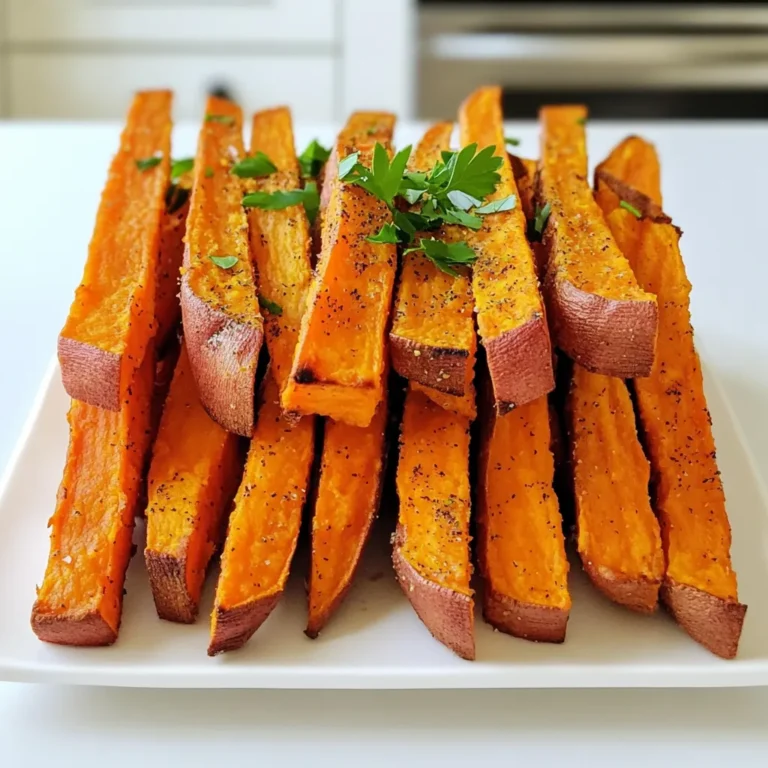 - 2 large sweet potatoes, cut into thin fries - 2 tablespoons olive oil - 1 teaspoon garlic powder - 1 teaspoon paprika - 1/2 teaspoon onion powder - 1/2 teaspoon salt - 1/4 teaspoon black pepper - Optional: Fresh parsley for garnish Gather these ingredients to make crispy sweet potato fries. Sweet potatoes are sweet and healthy. Olive oil helps them crisp up nicely. Garlic powder adds flavor, while paprika gives a lovely color. Onion powder, salt, and black pepper round out the taste. You can use fresh parsley as a pretty garnish. These simple ingredients make a tasty treat! First, set your air fryer to 400°F (200°C). Preheat it for about 5 minutes. This step helps the fries cook evenly and get crispy. Start by washing the sweet potatoes under cold water. Then, peel them with a vegetable peeler. Next, cut the sweet potatoes into thin strips. Aim for 1/4 inch thick fries. Keeping the size uniform is key. Uniform fries cook at the same rate. You want them all to be crispy and golden. In a large mixing bowl, add the cut sweet potatoes. Pour in 2 tablespoons of olive oil. Then, add 1 teaspoon of garlic powder, 1 teaspoon of paprika, 1/2 teaspoon of onion powder, 1/2 teaspoon of salt, and 1/4 teaspoon of black pepper. Toss the sweet potatoes well. Ensure they are fully coated with the seasonings. This makes every bite flavorful. Place the seasoned sweet potato fries in the air fryer basket. Make sure they are in a single layer. If your air fryer is small, cook in batches. Set the timer for 15 to 18 minutes. Shake the basket halfway through cooking. This helps them crisp up all over. Check for doneness. The fries should be golden brown and crispy. Once cooked, carefully remove the fries from the air fryer. Transfer them to a serving plate. For a pop of color and flavor, sprinkle with fresh parsley if you like. Enjoy your crispy sweet potato fries! To make your sweet potato fries super crispy, follow these tips: - Use a light coat of oil. Too much oil can make fries soggy. Use only two tablespoons for two large sweet potatoes. - Cut fries thin. Aim for 1/4 inch thick strips. Thinner fries get crispier. - Soak the fries. Soaking in water for 30 minutes removes excess starch. This helps them crisp up better. Shaking the basket during cooking is key. I recommend shaking it halfway through the cook time. This ensures even cooking. Your fries will turn out golden brown and crispy! Sweet potato fries pair well with various dips and sauces. Here are some tasty ideas: - Ketchup is a classic choice. - Garlic aioli adds a rich flavor. - Honey mustard gives a sweet and tangy twist. For main dishes, serve sweet potato fries with: - Grilled chicken or fish for a balanced meal. - Burgers for a fun twist on a classic combo. - Tacos to add a crunchy side. Using an air fryer is fun and easy. Here are some tips for cooking other veggies: - Zucchini fries: Cook for 10-12 minutes at 400°F. - Cauliflower bites: Air fry for 12-15 minutes at 400°F. - Brussels sprouts: Cook for 15-18 minutes at 375°F. To keep your air fryer in great shape, clean it often. Wipe down the basket and tray after each use. This prevents buildup and keeps flavors fresh. {{image_2}} You can get creative with sweet potato fries by adding different flavors. Here are a few ideas: - Sweet and Spicy Options: Mix in some cayenne pepper or chipotle powder for heat. You can also add a drizzle of honey after cooking for a sweet kick. - Herb-Infused Alternatives: Try adding dried herbs like thyme or rosemary. Toss the fries with these herbs before air frying for a fresh taste. You can cook sweet potato fries in ways other than an air fryer. Here’s how they compare: - Oven Baking: Oven-baked fries are great but may not get as crispy. Spread them out on a baking sheet, and bake at 425°F for about 20-25 minutes. Flip them halfway for even cooking. - Deep Frying Considerations: Deep frying gives a crunchy texture. However, it adds extra oil and calories. If you choose this, heat oil to 350°F and fry for about 5-7 minutes. You can adjust the recipe to fit your dietary needs and preferences: - Dietary Modifications: This recipe is already vegan and gluten-free. You can enjoy it without any worries! - Adding Additional Toppings: Feel free to top your fries with cheese or avocado for a richer flavor. You can also add a sprinkle of chili powder for a zesty finish. To keep your crispy sweet potato fries fresh, place them in an airtight container. Store them in the fridge. They stay good for about three days. When you're ready to eat them, reheat the fries in the air fryer. Set it to 375°F (190°C) for about 5-7 minutes. This method helps restore their crispiness. You can also use an oven if you don’t have an air fryer. Spread them on a baking sheet and heat until warm. If you want to save your sweet potato fries for later, freezing is a great option. First, let the fries cool completely after cooking. Then, place them in a single layer on a baking sheet. Freeze for about one hour until firm. After that, transfer them to a freezer bag. They can stay in the freezer for up to three months. To reheat frozen fries, air fry them straight from the freezer. Cook at 400°F (200°C) for about 10-12 minutes. Shake the basket halfway through. This will help them get crispy again. To make sweet potato fries crispier, you can adjust a few things: - Soak the fries: Soak them in water for 30 minutes. This removes excess starch. - Dry them well: After soaking, pat them dry with a towel. Moisture can make them soggy. - Use less oil: Too much oil can lead to sogginess. Stick to 1-2 tablespoons. - Cook in batches: Avoid overcrowding the basket. This helps air circulate and crisp them up. - Shake halfway: Give the basket a shake during cooking for even crisping. Yes, you can use other potatoes. Here are some options: - Russet potatoes: They are a classic choice for fries. They get nice and crispy. - Yukon Gold: These have a buttery flavor and a creamy texture. - Purple potatoes: They add a fun color and taste a bit nutty. Just remember to cut them into thin strips for best results. Sweet potato fries taste great with many dips. Here are some popular choices: - Ketchup: A classic that pairs well with any fry. - Ranch dressing: Creamy and tangy, it complements the sweetness. - Honey mustard: The sweet and savory mix works perfectly. - Chipotle mayo: Adds a spicy kick. - Homemade options: Mix yogurt with garlic or sour cream with herbs for a fresh dip. Check for these signs to know when they are done: - Color: They should be golden brown, not pale. - Crispiness: They should feel crispy to the touch. - Texture: A fork should easily pierce the fry, but it should not be soft inside. These cues will help you get perfect fries every time! You learned how to make tasty sweet potato fries. We covered key ingredients, from sweet potatoes to spices. I explained how to prepare, season, and cook them for the perfect crunch. Tips for crispiness and serving ideas helped you get the most from this dish. In the end, you can customize these fries to fit your tastes. Enjoy experimenting with flavors and variations. Remember, sweet potato fries are a fun and healthy treat!