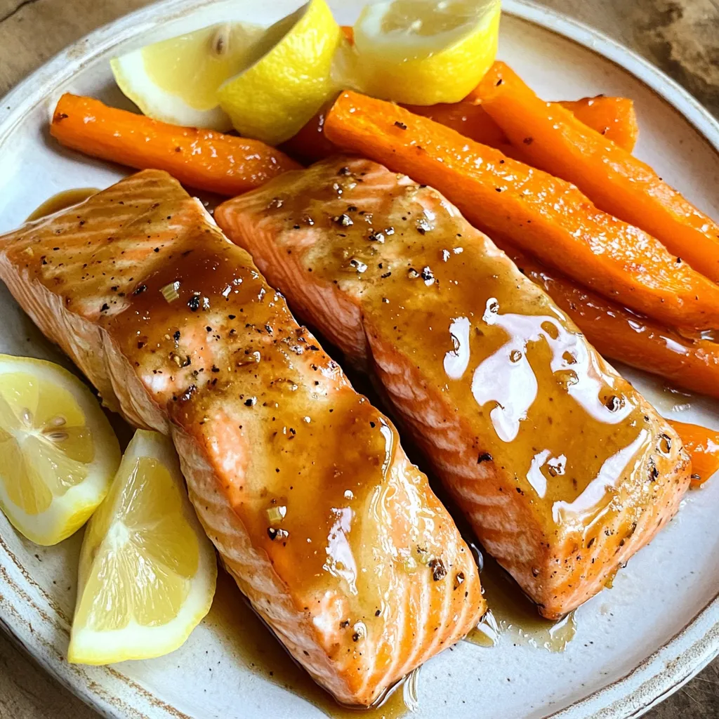 - 4 salmon fillets - 4 medium carrots, sliced into thin sticks - 1/4 cup pure maple syrup - 2 tablespoons olive oil - 1 tablespoon Dijon mustard - 2 cloves garlic, minced - 1 teaspoon fresh rosemary, chopped (or 1/2 teaspoon dried) - Salt and pepper to taste - Lemon wedges for garnish For this Maple Glazed Salmon and Carrots dish, you need specific amounts. You will use: - Salmon: 4 fillets, about 6 ounces each - Carrots: 4 medium carrots, cut into thin sticks - Maple Syrup: 1/4 cup for sweetness - Olive Oil: 2 tablespoons for a rich flavor - Dijon Mustard: 1 tablespoon for tanginess - Garlic: 2 cloves, minced for aroma - Rosemary: 1 teaspoon fresh or 1/2 teaspoon dried for herby notes - Salt and Pepper: To taste for seasoning - Lemon Wedges: For garnish, adding fresh zest You can easily change some ingredients if needed. Here are a few ideas: - Salmon: Try trout or cod if you prefer a different fish. - Carrots: Use zucchini or bell peppers for a different crunch. - Maple Syrup: Honey can work as a sweet substitute. - Olive Oil: Use avocado oil for a different flavor profile. - Dijon Mustard: Yellow mustard can be a simple swap. - Rosemary: Thyme or parsley can add a different herb flavor. - Garlic: Garlic powder can replace fresh garlic if necessary. These options keep the dish flavorful while allowing you to adapt to what you have at home. First, gather all your ingredients. You will need: - 4 salmon fillets - 4 medium carrots, sliced into thin sticks - 1/4 cup pure maple syrup - 2 tablespoons olive oil - 1 tablespoon Dijon mustard - 2 cloves garlic, minced - 1 teaspoon fresh rosemary, chopped (or 1/2 teaspoon dried) - Salt and pepper to taste - Lemon wedges for garnish Next, preheat your oven to 400°F (200°C). In a small bowl, whisk together the maple syrup, olive oil, Dijon mustard, minced garlic, rosemary, salt, and pepper. This will be your sweet glaze. Now, take a large sheet pan and lay out the sliced carrots. Drizzle half of your maple mixture over the carrots. Toss them well to coat evenly. This step helps the carrots absorb the flavors. Place the sheet pan with carrots in the oven. Roast them for 10 minutes. This makes them tender and starts the caramelization process. After 10 minutes, carefully remove the pan from the oven. Push the carrots to one side of the pan. Place the salmon fillets on the open side. Pour the remaining maple glaze over the salmon. Make sure it covers them well for a rich flavor. Return the pan to the oven and roast for another 15 to 20 minutes. The salmon will cook through and flake easily with a fork. The carrots will finish cooking and become beautifully caramelized. Once the cooking time is up, take the pan out of the oven. Let it rest for a couple of minutes. This helps the juices settle in the salmon. To serve, place the salmon and carrots on a plate. Garnish with lemon wedges for a zesty touch. The lemon will brighten the dish and enhance the sweet maple flavor. Enjoy your delicious meal! To cook perfect salmon, start with fresh fillets. Look for bright color and firm texture. Pat the fillets dry with a paper towel. This helps the glaze stick better. Make sure to season the salmon well with salt and pepper. This enhances the flavor. Use a meat thermometer to check doneness. Salmon is done when it reaches 145°F (63°C). It should flake easily when you touch it with a fork. Carrots need some love to caramelize well. Slice them thinly to help them cook faster. Toss the carrots in half of the maple glaze before roasting. This gives them a nice sweet flavor. Roast the carrots at 400°F (200°C) for about 10 minutes. This helps them soften up. Once you add the salmon, roast everything for another 15-20 minutes. This timing will give you tender, caramelized carrots that pair well with the salmon. Want to spice up your dish? Try adding a pinch of cayenne pepper for heat. A splash of soy sauce can add depth. Fresh herbs like thyme or parsley also work well. You can swap out the Dijon mustard for whole grain for a different taste. For a citrus twist, add orange juice to the glaze. Don't be afraid to play with flavors. Enjoy creating a dish that suits your taste! {{image_2}} You can change the veggies in this recipe. Try using sweet potatoes, zucchini, or bell peppers. Each adds a unique taste and texture. Just make sure to cut them to similar sizes for even cooking. For example, sweet potatoes need more time to cook. Slice them thinner to help them roast well with the salmon. Salmon is great, but you can swap it for other proteins. Try chicken breast or firm tofu for a different twist. Both will work well with the maple glaze. Chicken will take a bit longer to cook, about 25 to 30 minutes. Tofu gives a nice plant-based option that’s also tasty and healthy. The maple glaze is the star here. You can add a splash of soy sauce for more depth. Honey can replace maple syrup for a sweeter touch. Adding a pinch of cayenne pepper gives a spicy kick. You can also mix in fresh orange juice for a bright, citrusy flavor. Experiment to find your favorite blend! To store leftovers, let the salmon and carrots cool down first. Place them in an airtight container. This keeps them fresh. You can store them in the fridge for up to three days. Make sure to cover them well to prevent drying out. When you’re ready to eat leftovers, reheat them in an oven. Set the oven to 350°F (175°C). Place the salmon and carrots on a baking sheet. Heat for about 10-15 minutes. This helps maintain the flavors and texture. You can also use a microwave if you’re in a hurry. Heat in short intervals until warm. If you want to freeze this dish, it’s best to do so before cooking. Wrap the salmon and carrots tightly in plastic wrap. Then, place them in a freezer bag. Label the bag with the date. You can freeze it for up to three months. When ready to use, thaw it overnight in the fridge. Then, cook as per the recipe. Cooking salmon takes about 15 to 20 minutes at 400°F (200°C). It cooks fast because it's a thin fish. You can tell it's done when it flakes easily with a fork. If you're unsure, check the center; it should be opaque. Always ensure your salmon is fresh for the best flavor. Yes, you can use frozen salmon for this recipe. Just make sure to thaw it first. A good way to thaw it is overnight in the fridge. If you're in a hurry, you can run it under cold water. After thawing, pat it dry before you add the glaze. This helps to get a nice caramelization. You can serve many sides with maple glazed salmon and carrots. Here are some ideas: - Quinoa or rice for a filling grain. - A fresh green salad for a light touch. - Mashed potatoes for a creamy side. - Steamed broccoli for added color and nutrition. These sides complement the sweet and savory flavors of the salmon and carrots well. Enjoy mixing and matching! In this post, we explored the ingredients, cooking steps, tips, and variations for preparing maple glazed salmon and caramelized carrots. You now know how to cook salmon perfectly and enhance its flavors. Remember to store leftovers properly to keep them fresh. Experiment with different vegetables and proteins based on your tastes. Use these tips to impress friends and family at your next meal. Happy cooking!