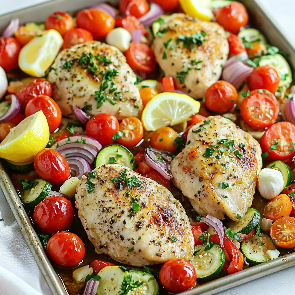 - 4 boneless, skinless chicken breasts - 2 cups cherry tomatoes, halved - 1 red bell pepper, chopped - 1 zucchini, sliced - 1 red onion, cut into wedges - 4 cloves garlic, minced The main ingredients in this recipe include juicy chicken breasts and fresh veggies. The colorful cherry tomatoes, red bell pepper, zucchini, and red onion add flavor and nutrition. You can always switch up the vegetables based on what you like or have on hand. - 1 teaspoon dried oregano - 1 teaspoon dried thyme - 1 teaspoon paprika - 1/2 teaspoon red pepper flakes (optional) - 4 tablespoons olive oil - Salt and pepper to taste Seasoning makes a big difference in this meal. The dried herbs like oregano and thyme give a nice Mediterranean flavor. The paprika adds a warm touch, while red pepper flakes can give a little kick if you want. Olive oil is key for cooking and helps blend the flavors. - Fresh parsley, chopped (for garnish) - Lemon wedges (for serving) To finish the dish, sprinkle fresh parsley on top. This adds a pop of color and taste. Serve with lemon wedges for a zesty twist that brightens the meal. You can place everything on the table directly from the sheet pan for a fun, casual meal! Preheating the oven First, set your oven to 425°F (220°C). Preheating is key for even cooking. Marinating the chicken In a large bowl, mix 4 chicken breasts with 2 tablespoons of olive oil. Add 4 minced garlic cloves, 1 teaspoon of oregano, 1 teaspoon of thyme, 1 teaspoon of paprika, and 1/2 teaspoon of red pepper flakes if you like some heat. Season with salt and pepper. Stir until each piece of chicken is coated well. Spreading chicken and vegetables on the sheet pan Grab a large sheet pan. Place the marinated chicken in the center. Now, add 2 cups of halved cherry tomatoes, 1 chopped red bell pepper, 1 sliced zucchini, and 1 red onion cut into wedges around the chicken. Drizzling olive oil and seasoning Take the remaining 2 tablespoons of olive oil and drizzle it over the veggies. Sprinkle some salt and pepper on top. Gently toss the vegetables on the pan to coat them evenly with oil and seasoning. Baking time and temperature Put the sheet pan in the oven for 20-25 minutes. The chicken should reach an internal temperature of 165°F (75°C), and the veggies should be tender. Optional broiling for char For a nice char, you can broil the dish for an additional 2-3 minutes. Just keep an eye on it so it doesn’t burn. Enjoy the flavors! - Ensuring chicken is cooked through: Use a meat thermometer. Aim for an internal temperature of 165°F (75°C). This step keeps your chicken juicy and safe to eat. - Best practices for vegetable tenderness: Cut vegetables into even sizes. This helps them cook evenly. Soft veggies like zucchini will cook faster, so check them early to avoid mushiness. - Presentation ideas: Serve right from the sheet pan for a casual look. Alternatively, transfer to a platter and drizzle pan juices over the top. This adds flavor and makes the dish visually appealing. - Ideal pairing options: Pair with warm pita bread or a fresh green salad. This adds flavor and makes for a balanced meal. - Leftover storage advice: Store leftovers in an airtight container. Keep them in the fridge for up to three days. This helps maintain freshness. - Reheating suggestions: Reheat in the oven at 350°F (175°C) for 10-15 minutes. This keeps the chicken and veggies from drying out. You can also use the microwave, but watch for overcooking. {{image_2}} You can switch the chicken for turkey or fish. Turkey breasts work well in this dish. They keep the same flavors and still taste great. Fish like salmon or cod can also shine here. Just adjust cooking times, as fish cooks faster than chicken. If you prefer a vegetarian option, use extra firm tofu or chickpeas. Both options soak up flavors nicely. Just marinate them like the chicken for the best taste. Using seasonal vegetables can boost your dish. Try asparagus in spring or squash in the fall. Broccoli and cauliflower are also great choices. They add texture and flavor. You can mix in different flavors by adding olives or artichokes. These ingredients bring a salty kick. Experiment with what you have on hand to keep it fresh. To spice things up, try adding other herbs. Rosemary and basil work well with this dish. They add a fragrant touch that brightens every bite. For a twist, drizzle some balsamic glaze or tahini sauce on top. This adds a rich flavor and an extra layer of taste. You can also sprinkle feta cheese for a creamy finish. - Each serving has about 350 calories. - The macronutrient blend is roughly 40% protein, 30% fats, and 30% carbs. - Chicken is a great source of protein. It helps build muscles and keeps you full. - The Mediterranean diet is rich in fruits, veggies, and healthy fats. It may lower heart disease risks. - This recipe is gluten-free. You can enjoy it without worrying about gluten. - If you want a low-carb meal, skip the potatoes or bread. Focus on the veggies and chicken. Can I use frozen chicken? Yes, you can use frozen chicken. Just make sure to thaw it first. This helps the chicken cook evenly. If you bake it from frozen, it will need more time in the oven. How do I know when the chicken is done? The chicken is done when its internal temperature reaches 165°F (75°C). You can check this with a meat thermometer. The juices should run clear, not pink. Can this recipe be meal-prepped? Yes, this recipe is great for meal prep. You can cook a batch and store it in containers. Just divide the chicken and veggies for easy meals during the week. How long can leftovers be stored? Leftovers can be stored in the fridge for up to 4 days. Make sure to keep them in an airtight container. You can also freeze them for up to 3 months. What can I use instead of olive oil? If you need a substitute for olive oil, you can use avocado oil or canola oil. These oils work well for roasting and have a mild flavor. Can I use dried herbs instead of fresh? Yes, you can use dried herbs instead of fresh. Use about one-third of the amount since dried herbs are more potent. For example, use 1 teaspoon of dried herbs. This blog post covered how to create a delicious oven-baked chicken dish. We explored key ingredients, from chicken and veggies to herbs and oil. I provided clear step-by-step instructions for preparation, cooking, and serving. You now have tips for cooking and storing leftovers, along with variations for customization. In summary, this recipe is flexible and healthy. It fits many diets, making it a great choice for any meal. Enjoy experimenting with flavors and ingredients to make it your own!