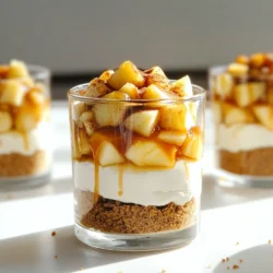 - 2 large apples (Granny Smith or Honeycrisp), peeled and diced - 1 tablespoon lemon juice - 1 teaspoon ground cinnamon - 1 tablespoon brown sugar - 1 cup graham cracker crumbs - 1 cup cream cheese, softened - 1 cup powdered sugar - 1 1/2 cups whipped cream - 1 cup caramel sauce To create these delightful Caramel Apple Cheesecake Parfaits, we start with fresh apples. I love using Granny Smith for their tartness or Honeycrisp for sweetness. The lemon juice adds zest and keeps the apples bright. Next, we have our baking essentials. The ground cinnamon and brown sugar bring warmth and depth to the apples. Mixing these with the diced apples makes them sweet and flavorful. The graham cracker crumbs provide a crunchy base and a nod to classic cheesecake. For the creamy layer, we use softened cream cheese. This gives our parfaits that rich taste. Powdered sugar adds sweetness, while whipped cream makes the mixture light and fluffy. Finally, the caramel sauce is the star on top. It adds a sweet finish and a delicious drizzle. With these ingredients, you have everything you need to make a treat that is easy and tasty! Start by tossing two large apples, like Granny Smith or Honeycrisp, in a medium bowl. Add 1 tablespoon of lemon juice to keep them fresh and bright. Next, sprinkle in 1 teaspoon of ground cinnamon and 1 tablespoon of brown sugar. Mix everything well. Let the apples sit for about 10 minutes. This step helps the apples soak up the flavors. In a large bowl, beat 1 cup of softened cream cheese with an electric mixer. Make sure to get it nice and smooth. Gradually add 1 cup of powdered sugar and 1 teaspoon of vanilla extract. Keep mixing until the mixture is creamy and well combined. Then, gently fold in 1 1/2 cups of whipped cream. This will give your cheesecake a light texture. Get your serving glasses or parfait cups ready. Start by adding a layer of graham cracker crumbs at the bottom. Next, add a layer of the cream cheese mixture. Follow this with a layer of your caramelized apple mixture. Keep repeating these layers until you reach the top. Finish with a layer of the cream cheese mixture. Drizzle caramel sauce over the top and sprinkle a bit of extra graham cracker crumbs for garnish. Chilling is key! Place your parfaits in the refrigerator for at least 30 minutes before serving. This time allows the flavors to meld together and the layers to set properly. Enjoy your delicious treat! To make tasty caramel apple cheesecake parfaits, start with good apples. Granny Smith or Honeycrisp work best. These apples balance sweetness and tartness. When you prepare the apples, peel and dice them first. Then, toss the diced apples in a bowl with lemon juice, ground cinnamon, and brown sugar. The lemon juice helps keep the apples fresh and adds zing. Macerate the apples for about 10 minutes. This step softens them and enhances their flavor. The cream cheese mixture needs to be smooth and creamy. First, beat the softened cream cheese with an electric mixer. Mix until it's fluffy and lump-free. Gradually add the powdered sugar and vanilla extract. This gradual addition keeps the texture right. When it’s mixed well, gently fold in the whipped cream. Use a spatula to keep it airy. This folding technique helps the mixture stay light and fluffy. Layering is key to a great parfait. Start with graham cracker crumbs at the bottom of your serving glass. This gives a nice crunch. Next, add a layer of the cream cheese mixture. Then, follow with a layer of the caramelized apples. Repeat these layers until you fill the glass. Make sure the last layer is the cream cheese mixture. This will look pretty when you top it with caramel sauce. For a finishing touch, drizzle caramel sauce on top. Sprinkle a bit of extra graham cracker crumbs for added flair. This not only looks good but adds flavor too. {{image_2}} You can easily change the flavor of your parfaits. Try different apple types like Fuji or Gala for sweetness. They add a nice twist to the dish. You can also mix in spices. For instance, nutmeg can give warmth. A pinch of ginger can add a kick, too. Feel free to experiment until you find your favorite flavor! Want to add some crunch? Consider nuts! Chopped pecans or walnuts work great. They add a nice bite to the creamy layers. You can also add chocolate pieces for a sweet surprise. Dark chocolate chips can balance the sweetness of the caramel. These additions make each bite more exciting! If you need gluten-free options, use gluten-free graham crumbs. They taste just as good! For a vegan version, swap cream cheese for cashew cream. You can make this by blending soaked cashews with a little lemon juice and maple syrup. For whipped cream, use coconut cream instead. These swaps keep the deliciousness while catering to your needs! To keep your caramel apple cheesecake parfaits fresh, store them in the fridge. Use an airtight container or cover them tightly with plastic wrap. This will help prevent any drying out or absorbing smells from other foods. Enjoy your leftovers within three days for the best taste and texture. You can freeze these parfaits for a longer shelf life. However, freezing may change the texture of the whipped cream. To freeze, layer the parfaits in freezer-safe containers. Leave space at the top for expansion. Just remember to consume them within a month for the best flavor. When you're ready to eat, thaw them in the fridge overnight. For the best flavor and texture, enjoy your parfaits within two days of making them. The apples stay crisp and the layers remain distinct. If you wait too long, the whipped cream may lose its fluffiness. So, treat yourself soon after making these tasty treats! Yes, you can make these parfaits ahead of time! Prepare the layers and store them in the fridge. I recommend assembling the parfaits up to 24 hours in advance. Just keep the caramel sauce separate until serving. This way, the layers stay fresh and tasty. If you need a cream cheese substitute, try using Greek yogurt or mascarpone cheese. Both options give a creamy texture and a nice flavor. You can also use a vegan cream cheese if you want a dairy-free version. Just remember, the taste may change a bit. To make this recipe gluten-free, use gluten-free graham crackers or crushed nuts. Almond flour or crushed oats can also work well. Just ensure your caramel sauce is gluten-free too. This way, everyone can enjoy the dessert without worries. Leftovers can stay fresh in the fridge for up to three days. Make sure to cover them well. The parfaits may soften a bit, but they will still taste good. Just give them a quick stir before serving if needed. This post shared an easy recipe for caramel apple parfaits. We explored fresh apples, creamy mixtures, and sweet toppings. You learned to layer them beautifully and chill for the best taste. Use tips to perfect each step and make fun variations. Don’t forget about storage for leftovers! Enjoy making these treats with your friends and family. They will love the delicious layers! Happy cooking!