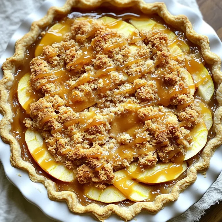 For this pie, you will need the following ingredients: - 6 medium apples (mix Granny Smith and Honeycrisp for a sweet-tart flavor) - 1 cup granulated sugar - 1/4 cup brown sugar - 1 tablespoon lemon juice - 1 teaspoon cinnamon - 1/4 teaspoon nutmeg - 1 tablespoon cornstarch - 1 pie crust (use store-bought or make your own) - 1/2 cup rolled oats - 1/2 cup all-purpose flour - 1/4 cup cold unsalted butter, cubed - 1/4 teaspoon salt - 1/2 cup caramel sauce (buy it or make it at home) These ingredients work well together. The apples provide a nice tartness. The sugars add sweetness, and the spices bring warmth to the flavor. You can add fun twists to this pie with these optional ingredients: - 1/2 cup chopped nuts (like walnuts or pecans) for crunch - 1/4 teaspoon vanilla extract for extra flavor - A pinch of ginger for a spicy kick These additions can make your pie unique. Feel free to experiment with these options based on your taste. To make this pie, gather the following tools: - A large mixing bowl for combining the ingredients - A 9-inch pie dish to bake the pie - A rolling pin to roll out your crust - A pastry cutter or your fingers to mix the crumble - A sharp knife for slicing the apples Having these tools ready will help you make the pie efficiently. Enjoy the process of baking! Start by peeling and slicing six medium apples. I like to mix Granny Smith and Honeycrisp. The tartness pairs well with the sweet caramel. Place the sliced apples in a large bowl. Add one cup of granulated sugar and a quarter cup of brown sugar. Squeeze in one tablespoon of lemon juice. Then, sprinkle in one teaspoon of cinnamon and a quarter teaspoon of nutmeg. Mix in one tablespoon of cornstarch. Toss everything well and let it sit for about 15 minutes. This helps the apples soak up the flavors. Roll out your pie crust. You can use store-bought or make your own. Fit the crust into a 9-inch pie dish. Press it gently into the sides. Trim any extra dough hanging over the edges. Pour the apple mixture into the crust. Spread the apples evenly to ensure every slice has a good amount of filling. In a separate bowl, mix half a cup of rolled oats, half a cup of all-purpose flour, and a quarter cup of brown sugar. Add a pinch of salt too. Then, cut in a quarter cup of cold unsalted butter. You can use a pastry cutter or your fingers. Mix until it looks like coarse crumbs. This gives the pie its crunchy topping. Sprinkle the crumble topping over the apple filling. Drizzle half a cup of caramel sauce over the top. Preheat your oven to 350°F (175°C). Bake the pie for 45 to 50 minutes. You want the apples to be tender and the topping to turn golden brown. Let the pie cool for at least 30 minutes before serving. This helps the filling set. When serving, drizzle the rest of the caramel sauce over each slice for a sweet touch. For a great pie crust, use cold butter. This helps keep the crust flaky. Mix the butter into the flour until it looks like sand. Don’t overwork the dough. Just bring it together gently. If you use a store-bought crust, let it sit at room temperature for a bit. This makes it easier to fit into your pie dish. When cutting apples, use a mix of Granny Smith and Honeycrisp. This gives a nice sweet-tart taste. Peel the apples first to get rid of any bitterness. Slice them thinly for even cooking. Toss the slices in lemon juice right away. This keeps them from browning and adds a fresh zing. For a crunchy topping, use cold butter. Cut it into the dry mix quickly. This keeps some small chunks of butter. When baking, these chunks melt and create a crisp texture. You can also add oats for extra crunch and flavor. A pinch of salt in the topping balances the sweetness too. {{image_2}} For a gluten-free version, swap the all-purpose flour for a gluten-free flour blend. Many brands work well. You can also use almond flour or oat flour for a unique taste. Ensure your pie crust is gluten-free too. Most store-bought options are labeled clearly. With these changes, you still get a tasty pie that everyone can enjoy. To make this pie vegan, replace the butter with coconut oil or vegan butter. Use a vegan pie crust to keep it dairy-free. For the caramel sauce, look for a vegan brand or make your own with coconut milk and brown sugar. This pie will be just as rich and delicious, perfect for plant-based eaters. You can add nuts like walnuts or pecans to your crumble topping. Chop them roughly and mix them in with the oats and flour. This adds extra crunch and flavor. You can also mix in other fruits like pears or berries for a fun twist. Just be careful with the amount of sugar you add. The extra fruits can make it sweeter. Experiment to find your favorite mix! After enjoying your pie, let it cool. Cover it with plastic wrap or aluminum foil. You can also use an airtight container. Store the pie in the fridge. It will stay fresh for about 3 to 4 days. If you have more pie than you can eat, freeze it! First, let the pie cool completely. Wrap it tightly in plastic wrap. Then, wrap it again in aluminum foil. This helps keep out air and moisture. You can freeze the pie for up to 3 months. When you're ready to enjoy it, just thaw it in the fridge overnight. To reheat your pie, preheat the oven to 350°F (175°C). Cover the pie with foil to prevent it from burning. Heat for about 15-20 minutes or until warm. If you like, drizzle fresh caramel sauce over it before serving. This adds a nice touch! Enjoy your pie warm for the best flavor. Yes, you can use different apples. I recommend Granny Smith and Honeycrisp. Granny Smith adds tartness. Honeycrisp brings sweetness. Mixing them gives a great flavor balance. Other good options include Fuji or Braeburn. Just make sure to pick apples that hold their shape while baking. Making caramel sauce is easy! You need granulated sugar, butter, and heavy cream. Start by melting sugar in a pan. Stir it until it turns golden brown. Then add butter and stir until melted. Finally, slowly pour in cream while stirring. Let it cool before use. Homemade sauce tastes fresh and rich. You can serve the pie with many treats! Vanilla ice cream is a classic choice. Whipped cream adds a light touch. You might also enjoy it with a dollop of yogurt. Caramel sauce drizzled on top enhances the flavors too. These add-ons make each slice even more delightful. The pie lasts up to four days in the fridge. Make sure to cover it well. Use plastic wrap or foil to keep it fresh. Before serving leftovers, you can warm slices in the oven. This brings back the pie's cozy flavors and aroma. Caramel apple crumble pie is a delicious treat that anyone can make. We covered the main ingredients, tools, and the step-by-step process to bake it perfectly. You learned tips for a great pie crust and options for variations, like vegan or gluten-free. Store leftovers properly or freeze them for later. Remember, using different apples can change the flavor. Enjoy your baking journey and share your pie with family and friends. It's a warm dessert that brings joy to any table!