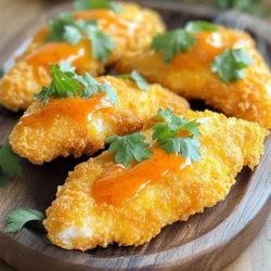 - 1 lb chicken tenders - 1 cup buttermilk (or yogurt mixed with milk) - 1 cup all-purpose flour - 1 teaspoon garlic powder - 1 teaspoon onion powder - 1 teaspoon paprika - 1 teaspoon cayenne pepper (adjust for spice preference) - 1/2 cup buffalo sauce (store-bought or homemade) - 1 tablespoon olive oil - Fresh parsley, chopped (for garnish) To make crispy and flavorful Air Fryer Buffalo Chicken Tenders, gather these key ingredients first. The chicken tenders serve as the base. They are tender and juicy, perfect for this recipe. Buttermilk or yogurt mixed with milk acts as a marinade. This mixture keeps the chicken moist and adds flavor. Next, we need all-purpose flour. This is crucial for the coating. It gives the chicken its crispy texture. For flavor, we add garlic powder, onion powder, and paprika. These spices enhance the taste and add depth. The buffalo sauce brings the heat. You can use store-bought sauce or make your own. Adjust the cayenne pepper based on your spice level. Finally, olive oil helps the tenders crisp up in the air fryer. Don’t forget parsley! It adds a nice touch of freshness for garnish. With these ingredients ready, you're set to create a dish that is both tasty and fun to eat. Marinating chicken is key. It adds flavor and helps keep the meat juicy. Use buttermilk or yogurt for the best results. Let the chicken sit in the marinade for at least 30 minutes. This gives the chicken time to soak up all that goodness. Mix your dry ingredients in a shallow dish. Use flour, garlic powder, onion powder, paprika, cayenne pepper, salt, and pepper. Stir well to make sure the spices mix evenly. This step is important for even coating. When you coat the chicken, press gently so the mixture sticks well. Start by preheating your air fryer to 400°F (200°C) for about 5 minutes. This step ensures the chicken cooks evenly. Lightly spray the air fryer basket with olive oil. Place the coated chicken tenders in a single layer. Do not overcrowd the basket. Spray the tops of the tenders with more olive oil. Cook the tenders for about 10-12 minutes. Flip them halfway through. Check that the internal temperature reaches 165°F (75°C). This cooking method gives you crispy, golden brown chicken every time. To get the best crispiness, set the air fryer to 400°F (200°C). This high heat helps the chicken cook fast and get crispy. Do not overcrowd the basket. If you add too many tenders at once, they will steam instead of fry. Fry in batches if needed. This step is key to getting that crunchy texture. Want more heat? Adjust the cayenne pepper to your taste. If you like it mild, use less. You can also try different sauces. BBQ sauce or garlic parmesan sauce are great options. Each sauce brings a new twist to the dish. Experiment with what you like best. These tenders pair well with classic sides. Think celery sticks, carrot sticks, or a crisp salad. You can also serve them with fries or onion rings for a fun meal. For a nice presentation, arrange the tenders on a colorful plate. Garnish with fresh parsley for a pop of color. This makes the dish look as good as it tastes. {{image_2}} You can swap chicken tenders for turkey or tofu. Turkey tends to be leaner, so it cooks quickly. For turkey, use the same cooking time as chicken. Tofu is a great option for a vegetarian take. Use firm tofu and press it to remove excess moisture. Cook tofu tenders for about 8-10 minutes. Both options will still give you that crispy finish. Want to change up the flavor? Try adding different seasonings to the coating. You can use Italian herbs, Cajun spice, or even ranch seasoning. For a sweet twist, mix in honey with your buffalo sauce. This honey buffalo variation adds a nice touch. The sweetness balances the heat, making it enjoyable for everyone. If you need a gluten-free option, swap all-purpose flour for gluten-free flour. Almond flour or rice flour works well too. Be mindful of cross-contamination if you have allergies. For best results, check your baking powder and buffalo sauce to ensure they are gluten-free. These small changes keep everyone happy and healthy. To store leftover buffalo chicken tenders, let them cool down. Once cooled, place them in an airtight container. This keeps them fresh and tasty. They will last up to three days in the fridge. Always check for any signs of spoilage before eating. You can freeze cooked tenders or uncooked ones. For cooked tenders, wrap them tightly in plastic wrap. Then, put them in a freezer bag. They can last for up to three months. For uncooked tenders, freeze them in a single layer on a baking sheet first. Then, transfer them to a freezer bag. To reheat frozen cooked tenders, thaw them overnight in the fridge. Reheat in the air fryer at 375°F for about 8 minutes. For uncooked tenders, cook straight from frozen. Air fry at 400°F for about 15-18 minutes, flipping halfway through. The air fryer is the best way to keep tenders crispy. Preheat the air fryer to 375°F before adding the tenders. This gives them a nice crunch. If you use a microwave, the tenders can become soggy. If you must use the microwave, heat them in short bursts. Always check to avoid overcooking. To keep your chicken tenders juicy, marinate them well. Use buttermilk for at least 30 minutes. This helps the chicken soak up moisture. When you coat them, don’t skip the spices. They add flavor and help keep the chicken moist. Make sure not to overcook the tenders. The ideal internal temperature is 165°F (75°C). Keep an eye on them while they cook. Yes, you can prep these tenders in advance. You can marinate the chicken the night before. This will save you time on the day you plan to serve them. After coating the chicken, you can freeze them. Just remember to thaw before cooking. This way, you can enjoy fresh, crispy tenders whenever you want. Buffalo chicken tenders pair well with many sauces. Blue cheese and ranch are popular choices. They balance the heat of the buffalo sauce. You can also try honey mustard or garlic aioli for a twist. For a homemade sauce, mix sour cream with a bit of blue cheese and add herbs. This adds a creamy touch that complements the heat nicely. In this post, I shared how to make delicious buffalo chicken tenders. We discussed main ingredients like chicken, buttermilk, and flour. I walked you through marinating, coating, and air frying for crispiness. You learned tips for flavor and serving ideas. Remember, you can swap proteins and adjust spices for variety. Store leftovers safely and reheat for best results. Enjoy your cooking, and have fun with new flavors!