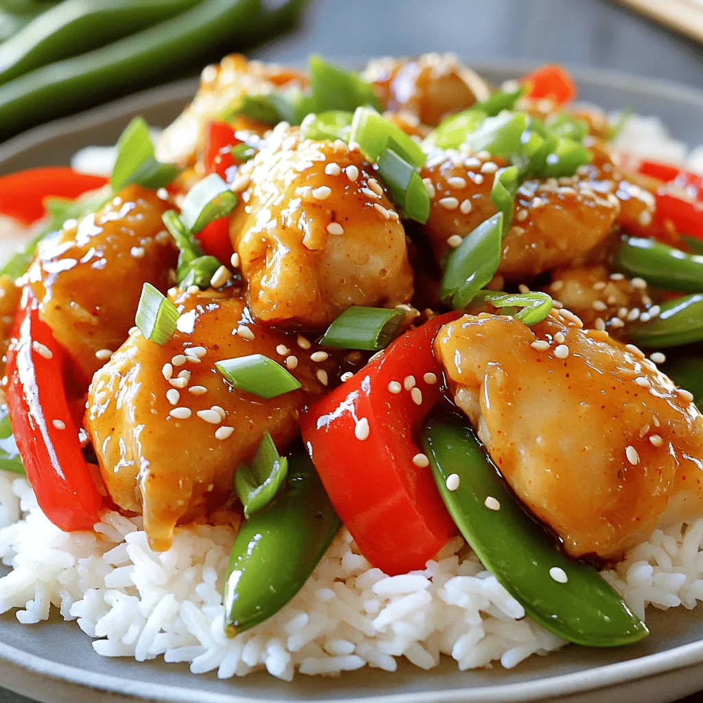 To make sweet chili chicken, gather these simple ingredients: - 1 lb (450g) boneless chicken thighs, cut into bite-sized pieces - 1/2 cup sweet chili sauce - 2 tablespoons soy sauce - 1 tablespoon ginger, grated - 2 cloves garlic, minced - 1 tablespoon cornstarch - 2 tablespoons water - 1 tablespoon sesame oil - 1 red bell pepper, sliced - 1 cup snap peas - 1 green onion, chopped for garnish - Sesame seeds for garnish You can swap some ingredients if needed. Use chicken breast instead of thighs for less fat. If you want a veggie option, try tofu or tempeh. You can replace sweet chili sauce with a mix of honey and hot sauce for a homemade twist. For soy sauce, you can use tamari for a gluten-free version. The quality of your ingredients can change your dish. Look for fresh chicken without any added hormones. Choose a good sweet chili sauce that has real flavor, not just sugar. Fresh ginger and garlic always taste better than dried. Fresh veggies, like bell peppers and snap peas, should be crisp and colorful for the best taste. Quality matters, and it shows in your final dish. 1. Start by mixing the sweet chili sauce, soy sauce, grated ginger, and minced garlic in a bowl. Set this aside. 2. In a small bowl, mix cornstarch and water until smooth. Stir this into the sweet chili mix. 3. Heat sesame oil in a large skillet over medium-high heat. Add the chicken pieces and cook for 5-7 minutes. Look for a golden brown color and ensure they are cooked through. 4. Once your chicken is ready, pour the sweet chili mixture over it. Stir well and let it simmer for 3-4 minutes. 5. Add sliced red bell pepper and snap peas to the skillet. Stir everything and cook for another 3 minutes. The veggies should be tender but still crisp. 6. Remove from heat. Garnish your dish with chopped green onions and sesame seeds. - Use boneless chicken thighs for juicy flavor. They cook faster and stay tender. - Make sure your skillet is hot before adding the chicken. This helps it brown nicely. - Don't overcrowd the pan. Cook in batches if needed to get that crisp texture. - Cook the chicken until it reaches an internal temperature of 165°F (75°C). Use a meat thermometer for accuracy. - Keep an eye on the cooking time. Overcooking can dry out the chicken. - Aim for a total cooking time of 25 minutes, including prep and cooking. This keeps everything fresh and tasty. One common mistake is overcooking the chicken. You want it to be juicy and tender. Cook it only until it’s golden brown. Another mistake is not using enough sauce. The sauce adds flavor, so coat the chicken well. Finally, avoid cooking the veggies too long. They should be crisp, not mushy. To boost the flavor, try adding lime juice. A squeeze of fresh lime brightens the dish. You can also add a pinch of red pepper flakes for heat. If you want more depth, add a splash of fish sauce. Fresh herbs like cilantro can also add a nice touch. Serve the Sweet Chili Chicken over steamed rice or quinoa. This makes a great base for the sauce. You can also add a side of sautéed veggies for color. A light salad with a tangy dressing pairs well too. Finally, don’t forget to drizzle extra sweet chili sauce on top! {{image_2}} You can turn sweet chili chicken into tasty wings. Just use chicken wings instead of thighs. Coat the wings in sweet chili sauce like in the original recipe. Bake them in the oven at 400°F for about 40 minutes. Flip them halfway for even cooking. This method gives you crispy skin and a sticky, sweet glaze. Enjoy these wings at parties or game days. For a quick meal, try a sweet chili chicken stir-fry. Cut boneless chicken thighs into small pieces. Heat sesame oil in a big pan. Add the chicken and cook until brown. Next, mix in your favorite veggies like bell peppers and snap peas. Pour the sweet chili sauce over the mix. Stir and cook for just a few minutes. Serve this dish over rice or noodles for a hearty meal. You don't have to stick to chicken! Tofu or shrimp can also work well. For tofu, use firm blocks and press them to remove water. Cut into cubes and sauté until golden. Shrimp cooks quickly, so add them in the last few minutes. For a vegetarian option, use a mix of colorful veggies and some cooked rice or quinoa. This way, you keep all the flavors of sweet chili while trying something new. To keep your Sweet Chili Chicken fresh, place leftovers in an airtight container. Make sure to cool it down first. Store it in the fridge for up to 3 days. If you want to keep it longer, consider freezing it. When you're ready to eat the leftovers, reheat them in a skillet. Use medium heat and add a splash of water. Stir until it's hot throughout. You can also use the microwave. Heat in short bursts, stirring in between to avoid hot spots. For freezing, pack the cooled chicken in a freezer-safe container. You can also use freezer bags. Remove as much air as possible. This will help prevent freezer burn. Sweet Chili Chicken can be frozen for up to 3 months. When you want to enjoy it again, thaw it in the fridge overnight before reheating. You can enjoy Sweet Chili Chicken with many sides. Here are some great options: - Steamed rice for a classic pairing. - Quinoa for a healthy twist. - A fresh salad for a crunchy contrast. - Stir-fried vegetables to add color and nutrition. - Noodles for a more filling meal. These sides will enhance the dish's flavors and make it more exciting. Yes, you can prepare Sweet Chili Chicken ahead. Cook the chicken and sauce, then cool it down. Store in an airtight container in the fridge. You can keep it for up to three days. When ready to eat, just reheat it in a skillet. Add a splash of water if needed to keep it moist. Making Sweet Chili Sauce at home is easy. Here’s a simple recipe: - Ingredients: - 1/2 cup sugar - 1/2 cup water - 1/2 cup rice vinegar - 2 tablespoons garlic, minced - 1 tablespoon red pepper flakes - 1 tablespoon cornstarch - 2 tablespoons water (for slurry) - Instructions: 1. In a pot, combine sugar, water, and rice vinegar. 2. Mix in garlic and red pepper flakes. 3. Bring to a boil, then reduce heat to a simmer. 4. In a small bowl, mix cornstarch and water until smooth. 5. Add the cornstarch slurry to the sauce. 6. Stir until it thickens, then cool before using. This sauce adds a personal touch to your Sweet Chili Chicken! This post explored how to make Sweet Chili Chicken deliciously. We covered key ingredients, their substitutions, and quality tips. The step-by-step guide offered detailed cooking tips for perfect chicken. I shared common mistakes, flavor enhancement ideas, and serving suggestions. You discovered how to create tasty variations, store leftovers, and reheat them properly. Use these insights to enjoy your cooking journey. Sweet Chili Chicken can become a family favorite!