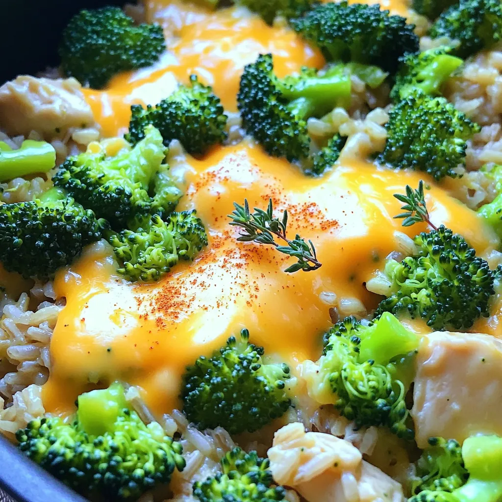 - 2 cups uncooked brown rice - 4 cups chicken broth - 1 pound boneless, skinless chicken breasts, cut into bite-sized pieces - 2 cups broccoli florets - 1 medium onion, diced - 2 cloves garlic, minced - 1 teaspoon paprika - 1 teaspoon dried thyme - Salt and pepper to taste - 1 cup shredded cheddar cheese - 2 tablespoons olive oil Gathering the right ingredients is key for this dish. First, I use brown rice because it adds a nutty flavor and is healthier than white rice. The chicken broth brings depth and richness. I cut the chicken into small pieces to ensure even cooking. For the veggies, I always choose fresh broccoli florets. Their bright color makes the dish pop. Next, I add aromatics like diced onion and minced garlic. They create a savory base that makes your kitchen smell amazing. I season with paprika and thyme. These spices enhance the flavor and make it more interesting. Finally, I mix in shredded cheddar cheese. It melts beautifully and adds creaminess. Olive oil helps cook the onions and chicken evenly, making everything taste great. Having all these ingredients ready makes cooking smooth and fun. You’ll love the cheesy, hearty mix of flavors in every bite! Start by heating the olive oil in a large pot over medium heat. Add the diced onion. Cook it for about 3-4 minutes until it turns translucent. This step builds a great base for flavor. Next, add the minced garlic and cook for one more minute. You want the garlic to become fragrant, not burnt. This adds depth to your dish. Now, add the chicken pieces to the pot. Season them with salt, pepper, paprika, and thyme. Cook the chicken for about 5-7 minutes. Stir occasionally to brown all sides. It’s important not to cook the chicken fully at this point. It will finish cooking later with the rice. This keeps the chicken tender and juicy. Once the chicken is browned, stir in the uncooked brown rice. Make sure it mixes well with the chicken and onions. Next, pour in the chicken broth. Bring the mixture to a boil. After it boils, reduce the heat to low and cover the pot. Let it simmer for about 30 minutes. The rice should be tender and absorb most of the broth. When the rice is cooked, it's time to add the broccoli florets. Do this right after the rice is tender. Cover the pot again and let the steam cook the broccoli for about 5 minutes. This timing helps the broccoli stay bright green and tender, not mushy. Remove the pot from the heat and stir in the shredded cheddar cheese. Keep stirring until the cheese melts and mixes well. Before serving, taste your dish. Adjust the seasoning with more salt and pepper if needed. This ensures every bite is flavorful. Finally, fluff the mixture with a fork to combine everything nicely. Serve it hot in bowls or on plates. For a garnish, consider adding fresh herbs like parsley or a sprinkle of extra cheese on top. This makes your dish look inviting and tasty. Enjoy your Cheesy Broccoli Rice Chicken One Pot Delight! Using brown rice adds more fiber and nutrients than white rice. Brown rice takes longer to cook, so plan for about 30 minutes in the pot. If you prefer white rice, cut the cooking time to about 15-20 minutes. You can also try jasmine or basmati rice, but adjust the liquid based on the type you choose. To enhance flavor, consider adding herbs like basil or parsley. A touch of cayenne pepper can add heat. Remember to season at each step. This builds layers of flavor, making your dish even tastier. One-pot meals save time and reduce cleanup. You cook everything in one pot, which means less mess. You can choose to cook on the stovetop or in the oven. Stovetop cooking allows for more control over heat, while the oven can give a nice even cook. {{image_2}} You can change the meat in this dish. Turkey or beef works well. Both add great flavor. For a vegetarian option, try tofu or beans. Tofu absorbs flavors well and adds protein. Beans like black beans or chickpeas also make it hearty. Cheese is key to this dish. While cheddar is tasty, you can swap it out. Mozzarella melts nicely and adds a creamy touch. Gouda brings a smoky flavor that many enjoy. If you're dairy-free, use plant-based cheese. It melts well and keeps the dish creamy. Get creative with veggies! Peas and carrots can add color and taste. You can mix in bell peppers for a sweet crunch. When using frozen veggies, add them at the end. This way, they stay bright and tender. Fresh veggies can go in earlier to cook through. They add more flavor and texture. To keep your Cheesy Broccoli Rice Chicken One Pot fresh, store it in an airtight container. This helps keep moisture in and prevents odors from mixing. You can place it in the fridge right after it cools down. It lasts about 3 to 4 days in the fridge. Always check for any off smells before eating. When reheating, aim to keep the dish moist. The best way is to use the stovetop. Add a splash of broth or water to the pot. Heat on low while stirring until warm. If you use a microwave, cover the dish with a damp paper towel. This helps steam the food and prevents it from drying out. Heat in short bursts, stirring in between. Freezing is a great option for leftovers. First, let the dish cool completely. Then, transfer it to a freezer-safe container. Make sure to label it with the date. It can be frozen for up to 3 months. To thaw, place it in the fridge overnight. When ready to eat, follow the reheating tips to warm it up well. Enjoy your meal again! Yes, you can use white rice. However, cooking time will change. White rice cooks faster, usually in about 15-20 minutes, compared to brown rice, which takes around 30 minutes. Keep an eye on it to avoid overcooking. Flavor also differs. Brown rice has a nuttier taste and chewier texture. White rice is softer and milder. If you want that extra bite, stick with brown rice. This recipe works great for meal prep. You can make it ahead of time and store it in the fridge. Keep the meal fresh by using airtight containers. It can last up to four days in the fridge. Portioning out servings helps too. Divide the dish into single servings. This makes it easy to grab and go. You’ll have tasty meals ready for busy days. To add some heat, try spices like cayenne pepper or red pepper flakes. You can also add diced jalapeños or a splash of hot sauce. Adjust the amount based on your taste. Start small and add more if needed. Experimenting with spices lets you tailor the dish. Mix in your favorites for a unique twist. The goal is to enjoy every bite! This blog post shared a tasty chicken and rice dish made with brown rice, chicken, and broccoli. I detailed each step, from sautéing onions and garlic to cooking the chicken and combining it with rice. I also covered tips for variations, storage, and reheating. As you prepare this dish, remember that food can be fun and flexible. Try new ingredients and make it your own. Enjoy the cooking process and savor each bite!