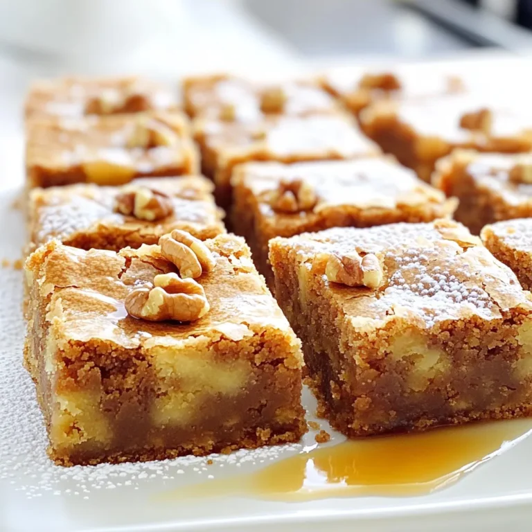 To make delicious maple brown sugar blondies, you need some key ingredients. These elements create a rich and sweet flavor that everyone will love. - 1 cup unsalted butter, melted - 1 cup brown sugar, packed - 1/2 cup granulated sugar - 1/4 cup pure maple syrup - 2 large eggs - 1 teaspoon vanilla extract - 2 cups all-purpose flour - 1 teaspoon baking powder - 1/2 teaspoon salt - Optional: 1 cup walnuts or pecans, chopped These ingredients work together to form a sweet, gooey treat. The combination of brown sugar and maple syrup gives it a warm, cozy flavor. Using unsalted butter helps control the saltiness, so we get just the right taste. If you want some crunch, add walnuts or pecans. They add a nice texture and complement the sweetness. I always recommend using pure maple syrup for the best flavor. It makes a big difference! Gather these ingredients before you start. This way, you’ll have everything ready to create your blondies. Happy baking! - Preheat your oven to 350°F (175°C). - Line a 9x13 inch baking pan with parchment paper. To start, it’s crucial to get your oven ready. Preheating ensures the blondies bake evenly. Lining the pan with parchment paper helps you lift the blondies out easily once they cool. - Combine melted butter, brown sugar, granulated sugar. - Stir in maple syrup, eggs, and vanilla extract. Next, you'll want to mix your wet ingredients. In a large mixing bowl, add melted butter, brown sugar, and granulated sugar. Mix them until smooth. Then, stir in maple syrup, eggs, and vanilla. This blend gives the blondies their rich flavor. - Whisk together flour, baking powder, and salt. - Gradually mix dry ingredients into the wet mixture. Now, let’s prepare the dry mix. In another bowl, whisk together the flour, baking powder, and salt. Slowly add these dry ingredients to the wet mixture. Mix until just combined. This step is key; you want to avoid overmixing for a soft texture. - Fold in chopped nuts (if using). - Pour batter into the pan and smooth the top. - Bake for 25-30 minutes; check for doneness with a toothpick. Finally, if you like nuts, fold in chopped walnuts or pecans. Pour the batter into the prepared pan and smooth the top. Bake in your preheated oven for 25-30 minutes. Use a toothpick to check for doneness. It should come out clean or with a few moist crumbs. This will tell you that your blondies are ready. To get the best texture in your blondies, avoid overmixing the batter. Overmixing can make them tough. Mix just until you see no dry flour. For the right bake, use the toothpick test. Insert a toothpick into the center after 25 minutes. If it comes out clean or with a few moist crumbs, they are ready. If it’s wet, bake a few minutes more. You can boost the flavor by adding chocolate chips or nuts. They add a nice crunch and richness. I love using walnuts or pecans in mine. Serve your blondies warm with a drizzle of maple syrup on top. Vanilla ice cream on the side makes it extra special. You can also dust with powdered sugar for a pretty touch. These small additions really make a big difference! {{image_2}} If you want a nut-free version of these blondies, you can easily switch out the nuts. Use seeds like sunflower or pumpkin seeds for crunch. These seeds still bring a nice texture without the allergens. You could also skip the nuts altogether. Your blondies will still taste sweet and rich. For chocolate lovers, add chocolate chips or cocoa powder to the batter. Just mix in one cup of chocolate chips before baking. You can also replace 1/4 cup of flour with cocoa powder. This change gives you a rich, chocolatey taste without losing the blondie texture. Each bite will be a delight! If you seek a healthier option, try using alternative sweeteners. You can use honey or coconut sugar instead of brown sugar. Whole wheat flour is another great swap. It adds fiber and nutrients while keeping the blondies soft. These changes let you enjoy a treat that is a bit better for you. To keep your blondies fresh, store them in an airtight container. This will help them stay soft and moist. You can place a piece of wax paper between layers if you stack them. This prevents sticking and makes for easy serving later. If you want to save blondies for later, freezing is a great option. First, let them cool completely. Cut the blondies into squares. Wrap each square in plastic wrap, then place them in a freezer bag. Label the bag with the date. They can last up to three months in the freezer. When you are ready to enjoy them, just thaw them in the fridge overnight. To get that fresh-baked taste, reheat blondies in the oven. Preheat the oven to 350°F (175°C). Place the blondies on a baking sheet. Heat for about 5-10 minutes. You can also microwave them for 10-15 seconds. This warms them up without drying them out. Enjoy your blondies warm and gooey! Maple brown sugar blondies are rich, sweet bars made with brown sugar and maple syrup. They have a soft, chewy texture. The taste is a mix of caramel and maple, making each bite delightful. Blondies are similar to brownies but lack cocoa. They are golden and creamy, perfect for dessert lovers. Yes, you can use other sugars, but it changes the taste. White sugar makes them less rich. Coconut sugar gives a hint of caramel flavor. Using honey or agave syrup may affect the texture. Each sugar brings its own unique taste and texture to the blondies. To check if the blondies are done, use a toothpick. Insert it into the center of the pan. If it comes out clean or with a few crumbs, they are ready. If the toothpick has wet batter, bake longer. Keep an eye on the edges; they should look set and slightly golden. For neat squares, let the blondies cool completely. Use a sharp knife to cut them. To prevent crumbling, score the top lightly first. Wipe the knife between cuts to keep the edges clean. This ensures beautiful, even pieces for serving. You now have a simple guide to making delicious maple brown sugar blondies. We covered essential ingredients, easy steps, and tips for great texture. You learned how to store and reheat them too. Remember, you can personalize your blondies with mix-ins or healthier options. Get creative and enjoy these treats with friends or family. Baking can be fun and rewarding, so don’t hesitate to explore new flavors and variations. Enjoy your baking journey!