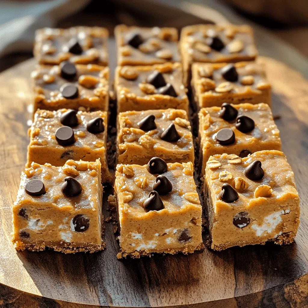 - 1 cup cottage cheese, drained - 1/2 cup peanut butter - 1/4 cup honey or maple syrup Cottage cheese is the star of these bars. It adds creaminess and protein. Peanut butter gives a rich taste and healthy fats. Honey or maple syrup sweetens the mix and keeps it moist. - 1 1/2 cups rolled oats - 1/2 cup almond flour - 1/2 teaspoon baking powder - 1/4 teaspoon salt Rolled oats provide a chewy texture. Almond flour adds a nutty flavor and helps bind the bars. Baking powder gives them a slight rise, while salt enhances all the flavors. - 1/2 cup mini chocolate chips - 1/2 cup chopped nuts (walnuts or pecans) These add-ins are fun! Mini chocolate chips bring sweetness and joy. Nuts add crunch and extra nutrients. You can mix and match based on your taste. Start by grabbing a large mixing bowl. Add 1 cup of drained cottage cheese. Then, scoop in 1/2 cup of peanut butter. Next, pour in 1/4 cup of honey or maple syrup for sweetness. Finally, add 1 teaspoon of vanilla extract for flavor. Mix everything until it becomes smooth and creamy. In another bowl, whisk together 1 1/2 cups of rolled oats, 1/2 cup of almond flour, 1/2 teaspoon of baking powder, and 1/4 teaspoon of salt. Make sure all the dry ingredients are well mixed. This step is key for even taste and texture in your bars. Now, it's time to combine the two mixtures. Gradually add the dry ingredients into the wet mixture. Stir well until everything is fully mixed. Then, fold in 1/2 cup of mini chocolate chips and 1/2 cup of chopped nuts if you want them. Ensure they are evenly spread throughout the dough. Next, line an 8x8 inch baking dish with parchment paper. This will help you remove the bars easily later. Pour the cookie dough mixture into the dish and press it down evenly with a spatula. Place the dish in the fridge and let it chill for at least 1 hour. This helps the bars set up nicely. Once firm, remove the bars using the parchment paper. Cut them into squares or rectangles. Store any leftovers in an airtight container in the fridge to keep them fresh and tasty. To get the best texture, start with draining the cottage cheese. Place it in a fine mesh strainer. Let it sit for about 10 minutes. This step removes excess moisture and makes your bars firmer. When mixing, use a large bowl. Combine the drained cottage cheese, peanut butter, honey, and vanilla. Blend until smooth. The mixture should be creamy and well combined. You can easily change the flavors of your bars. Want a nutty taste? Add walnuts or pecans. Prefer chocolate? Fold in extra mini chocolate chips. You can also try using different nut butters. Almond butter or cashew butter works well too. For a fun twist, add in dried fruits like cranberries or raisins. This will add sweetness and texture. When it’s time to serve, present the bars nicely. Arrange them on a platter for a stunning look. Drizzle extra peanut butter or honey over the top. This adds a touch of elegance. You can also sprinkle a few chocolate chips or nuts on top. This makes each bite inviting. Serve chilled for the best taste and texture. {{image_2}} You can switch up the peanut butter in this recipe. Try almond butter or sunflower seed butter for a change. If you want a different sweetener, use agave syrup or coconut sugar. These options will give you new flavors but keep the bars tasty. Want a gluten-free version? Use gluten-free rolled oats and almond flour. You can also make these bars vegan. Replace the honey with maple syrup. This keeps the bars sweet and friendly for everyone. Add some spice by mixing in cinnamon. Just a teaspoon can give your bars a warm taste. If you love dried fruit, throw in some raisins or cranberries. These will add sweetness and a chewy texture. You can also mix in seeds, like chia or flaxseeds, for extra nutrition. To keep your Cottage Cheese Cookie Dough Bars fresh, store them in an airtight container. This helps lock in moisture and flavor. I like to layer parchment paper between the bars. This prevents them from sticking together. Always keep them in the fridge, especially if you plan to eat them over a few days. These bars last about 5 to 7 days in the fridge. The moist texture helps them stay soft. Just check for any changes in smell or texture before eating. If they start to feel dry, it’s time to toss them. If you want to save some for later, freezing is a great option. Here’s how: 1. Cut the bars into squares or rectangles. 2. Place parchment paper between each bar. This keeps them from sticking together. 3. Put the bars in a freezer-safe bag or container. 4. Label it with the date. They’ll stay good for about 2 months. 5. When you’re ready to eat, just thaw them in the fridge overnight. Then, enjoy! Yes, you can make these bars without peanut butter. You can replace it with almond butter or sunflower seed butter. Both options give a nice taste and texture. You can also use tahini for a nut-free version. Just keep in mind that these swaps may change the flavor a bit. To check if your bars are set, feel the top gently. It should feel firm, not gooey. You can also press lightly with your finger. If it springs back, they are ready. After refrigeration, they should hold their shape when cut. If they are still soft, let them chill longer. Using fresh cheese can change the bars' texture. Fresh cheese is usually creamier and may not set well. Cottage cheese gives a nice balance of creaminess and firmness. If you want to try fresh cheese, consider adding more oats for better structure. This blog post covered how to make delicious and healthy bars. We explored the main ingredients, including cottage cheese and peanut butter, along with dry ingredients like oats and almond flour. Step-by-step instructions showed how to mix, chill, and serve your bars. I shared tips for the best texture and customization ideas. Finally, we discussed storage and variations to keep things fresh. Try these methods, and enjoy tasty bars that fit your style!