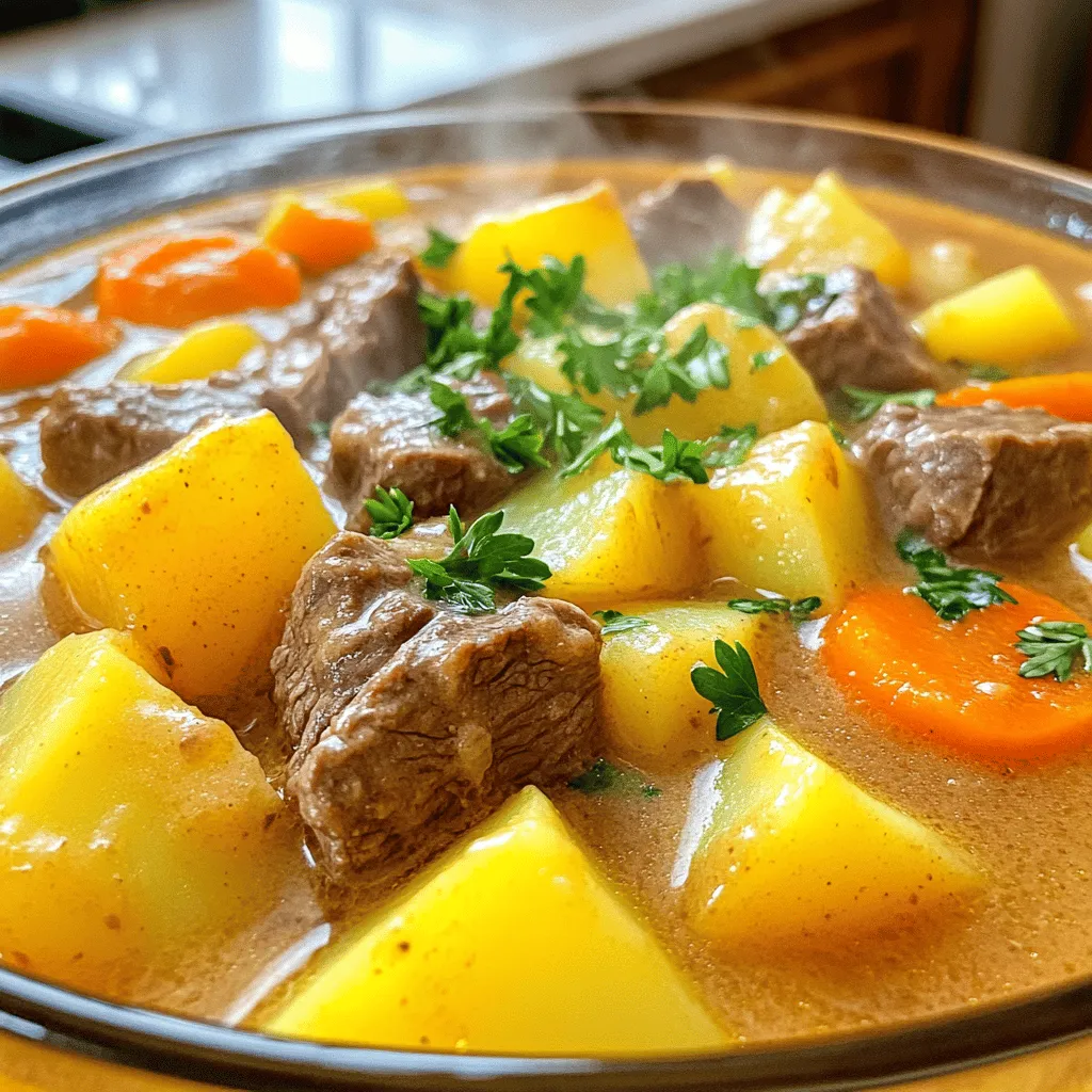 To make creamy beef and potato stew, you need these key items: - 1 lb beef chuck, cut into 1-inch cubes - 4 medium potatoes, peeled and diced - 2 carrots, sliced - 1 onion, chopped - 3 cloves garlic, minced - 4 cups beef broth - 1 cup heavy cream - 2 tablespoons all-purpose flour - 2 tablespoons olive oil - 1 teaspoon thyme - 1 teaspoon rosemary - Salt and pepper to taste - Fresh parsley for garnish You can swap some ingredients if you need to: - Use chicken or turkey instead of beef for a lighter option. - Substitute sweet potatoes for regular potatoes for a sweet twist. - Try vegetable broth for a vegetarian version. - Use coconut milk instead of heavy cream for a dairy-free choice. - Fresh herbs can be replaced by dried ones, but use less. Having the right tools makes cooking easier: - A large pot or Dutch oven for cooking. - A sharp knife for chopping. - A cutting board for safe prep. - Measuring cups and spoons for accuracy. - A stirring spoon for mixing ingredients. - Ladle for serving the stew. This blog post explored the key ingredients and steps for making a creamy beef and potato stew. You learned how to prepare beef and vegetables, cook them, and avoid common mistakes. We also shared tips for thickening the stew and suggested ingredient swaps. Don't forget the fun variations you can try with extra veggies and spices. As you cook, remember that practice leads to the best stew. Enjoy every spoonful of your creation!
