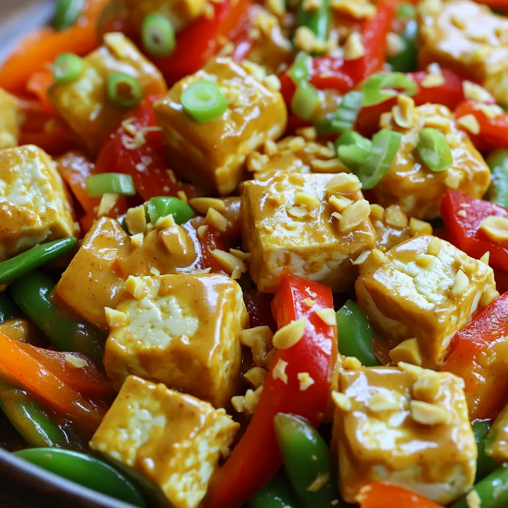 - 14 oz firm tofu - 2 tablespoons peanut oil - 1 red bell pepper - 1 cup snap peas - 1 cup carrots - 3 tablespoons soy sauce - 2 tablespoons peanut butter - 1 tablespoon sriracha - 1 tablespoon toasted sesame oil - 2 green onions - Crushed peanuts This recipe starts with firm tofu, which gives a nice texture. I love using peanut oil for cooking. It adds a great flavor and can handle high heat. You’ll also need fresh vegetables like red bell pepper, snap peas, and carrots. They keep the dish colorful and crunchy. For the sauce, I mix soy sauce, peanut butter, sriracha, and toasted sesame oil. This blend gives a spicy and nutty kick. You can adjust the sriracha to control heat levels. Finally, I garnish with sliced green onions and crushed peanuts. They add freshness and crunch to every bite. - Pressing the tofu: Start by pressing the firm tofu. This helps remove extra moisture. Wrap the tofu in a clean kitchen towel. Place a heavy object on top. Let it sit for about 15 minutes. This step is key for better texture. - Cutting into cubes: Once pressed, slice the tofu into bite-sized cubes. Aim for uniform pieces. This ensures even cooking and crispiness. - Heating the peanut oil: In a large skillet or wok, heat 2 tablespoons of peanut oil over medium-high heat. Make sure the oil is hot before adding the tofu. This helps create a nice golden crust. - Frying the tofu: Add the cubed tofu to the skillet. Fry for about 5 to 7 minutes. Turn the tofu occasionally. Remove it from the pan when it’s golden brown on all sides. Set it aside on a plate. - Sautéing garlic and ginger: In the same skillet, add 2 cloves of minced garlic and 1 tablespoon of minced ginger. Sauté for about 30 seconds. This step brings out their wonderful flavors. - Stir-frying vegetables: Next, toss in the sliced red bell pepper, trimmed snap peas, and julienned carrots. Stir-fry for 3 to 4 minutes. You want the veggies to be bright and crisp. - Combining sauce ingredients: In a small bowl, mix together 3 tablespoons of soy sauce, 2 tablespoons of peanut butter, 1 tablespoon of sriracha, and 1 tablespoon of toasted sesame oil. Stir until smooth. This sauce adds rich flavor to your dish. For this stir-fry, use firm tofu. Firm tofu holds its shape well during cooking. When preparing it, press the tofu first. This removes excess moisture. After pressing, cut the tofu into bite-sized cubes. This helps it cook evenly. To achieve the perfect texture, fry the tofu until golden brown. This usually takes about 5-7 minutes. The outer layer becomes crispy while the inside stays soft. This contrast adds to the dish’s appeal. Want to make it spicier? Adjust the sriracha. Start with a smaller amount. You can always add more later. If you prefer less heat, reduce the sriracha. You can also swap it for other spicy options. Try chili paste or red pepper flakes for different heat levels. Using a wok is great for stir-frying. A wok allows for even heat and quick cooking. However, a large skillet works just as well. Both tools can give you tasty results. To ensure even cooking, keep the heat high. Stir frequently to prevent burning. This way, the tofu and veggies cook evenly. The goal is tender-crisp vegetables and perfectly browned tofu. {{image_2}} You can mix up the vegetables in your stir-fry. Try using broccoli, zucchini, or bell peppers. These add color and crunch. Seasonal veggies work great too. In spring, use asparagus or snap peas. In fall, add butternut squash or kale. The key is to keep things fresh and fun! If you want different protein, swap the tofu for chicken or shrimp. Both cook quickly and absorb flavors well. Tempeh is a fantastic vegan option too. It has a nutty taste and firm texture. You can also use chickpeas for a hearty choice. Each option adds its own twist to the dish! Feel free to play with the sauce! Different nut butters like almond or cashew can change the flavor. You can also add lime juice for brightness. A splash of rice vinegar adds a nice tang. For more heat, try chili paste or garlic chili sauce. Adjusting the sauce keeps your stir-fry exciting and new! To keep your Minute Spicy Peanut Tofu Stir-Fry fresh, store it in an airtight container. Place the stir-fry in the fridge within two hours of cooking. This will help prevent bacteria growth. Properly stored, it lasts about 3 to 4 days. Always check for any off smells or changes in color before eating. You can freeze the stir-fry if you want to save it for later. Place it in a freezer-safe container. Make sure to leave some space for expansion. It can stay good in the freezer for up to 3 months. To reheat, let it thaw in the fridge overnight. Then, warm it in a pan over medium heat until hot. You can add a splash of water or broth for moisture. This stir-fry is a great choice for meal prep. You can make a big batch at the start of the week. Divide it into individual portions for quick meals. Store each portion in a meal prep container. You can pair it with rice or quinoa for a full meal. This makes it easy to grab and go on busy days. To make this Minute Spicy Peanut Tofu Stir-Fry gluten-free, simply use gluten-free soy sauce or tamari. Most brands offer a gluten-free version. Check labels to ensure they meet your needs. Also, make sure your peanut butter does not contain gluten. This small change keeps the dish tasty and safe for those who avoid gluten. Yes, you can make this stir-fry in advance. Cook the tofu and vegetables as directed. Store them in an airtight container in the fridge for up to three days. When ready to eat, reheat in a skillet over medium heat. Add a splash of water to keep it moist and flavorful. Pair this stir-fry with simple sides like: - Steamed jasmine rice - Quinoa for a protein boost - A fresh cucumber salad - Crispy spring rolls for added crunch These sides complement the stir-fry well and make your meal more complete. Enjoy mixing flavors and textures! This stir-fry recipe is simple and delicious. You learned about key ingredients like tofu and fresh veggies. We discussed helpful tips for perfect texture and spice levels. You explored variations with proteins and sauces to suit your taste. Plus, you got storage advice for leftovers and meal prep. Get ready to enjoy a tasty dish that's easy to customize and share!