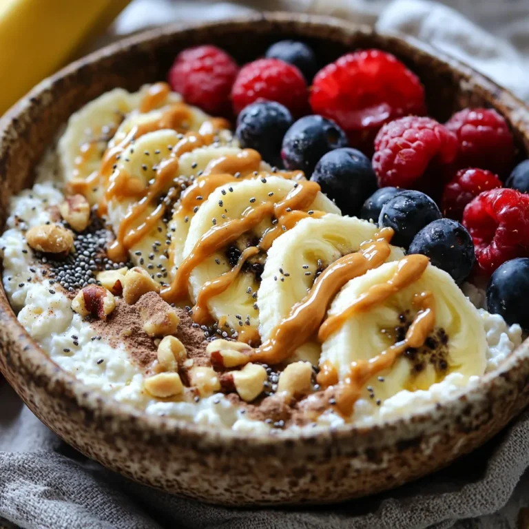- 1 cup cottage cheese - 1 ripe banana, sliced - 2 tablespoons natural peanut butter - 1 tablespoon honey (or maple syrup) - Fresh berries - Crushed nuts (almonds or walnuts) - Chia seeds - A pinch of cinnamon This bowl packs a powerful punch of nutrients. It has about 400 calories. The protein content is around 25 grams. You'll also find about 18 grams of fat and 40 grams of carbs. This dish gives you energy and helps you feel full. The cottage cheese provides protein and calcium. The banana adds potassium and natural sweetness. Peanut butter brings healthy fats and a rich flavor. Honey or maple syrup gives a touch of sweetness. Adding toppings like berries and nuts boosts fiber and antioxidants. Chia seeds add omega-3 fatty acids, which are good for your heart. Cinnamon can help with blood sugar control. This bowl is not just tasty; it’s also a balanced meal or snack. Enjoy it for breakfast, lunch, or a quick treat! First, grab a medium bowl. Add 1 cup of cottage cheese. Stir it until it is smooth and creamy. This makes a nice base for your bowl. Next, take your ripe banana. Slice it into thin pieces. Gently fold the banana slices into the cottage cheese. Be careful not to mash the banana. You want to keep the pieces whole for texture. Now, find a small bowl. Add 2 tablespoons of natural peanut butter to it. Then, add 1 tablespoon of honey or maple syrup. Mix them well until they combine. This mixture should be smooth and glossy. When you drizzle it, it should flow easily. It’s time for the fun part! Start layering your toppings. Drizzle the peanut butter mixture over the cottage cheese and banana. Sprinkle 1 tablespoon of chia seeds on top next. Add a pinch of cinnamon for a warm flavor boost. If you want more texture, toss on some fresh berries and crushed nuts, like almonds or walnuts. Serve it right away for the best taste. If you like it cold, chill it for a few minutes before eating. For a smooth and rich bowl, choose full-fat cottage cheese. It gives a nice texture. If you prefer low-fat, that works too, but it may be less creamy. To make it even smoother, try whipping the cottage cheese with a fork or whisk. It helps blend air in, making it light and fluffy. When picking peanut butter, natural is best. Natural peanut butter has no added sugars or oils. It’s simple and tasty. If you choose processed peanut butter, check for extra ingredients. They can change the flavor and health benefits. To add more taste, consider spices. A pinch of nutmeg or a splash of vanilla extract can brighten the bowl. These flavors mix well with banana and peanut butter. Just remember, a little goes a long way! {{image_2}} You can change the fruit in your bowl. Try using strawberries or peaches. These fruits add their own sweet taste. You can also mix berries for a burst of flavor. Just slice them up and fold them in. The key is to use ripe fruits. They will be sweeter and tastier. You can even experiment with apples or pears for crunch. Want more protein? You can add protein powder to your bowl. It blends well with cottage cheese. Just mix in a scoop before adding the banana. Another option is Greek yogurt. It adds creaminess and more protein. Swap out some cottage cheese for Greek yogurt. This makes your bowl extra filling and nutritious. If you avoid dairy, there are choices for you too. Look for non-dairy cottage cheese. Brands offer cashew or almond-based options. These can taste just as good! You can still enjoy the creamy texture. You can also use silken tofu for a similar feel. This keeps your bowl delicious and dairy-free. To keep your Peanut Butter Banana Cottage Cheese Bowl fresh, place it in an airtight container. This helps prevent any odors from the fridge from affecting the taste. Make sure to eat it within two days for the best flavor. If you want to store it longer, consider the freezing options below. You can freeze the Peanut Butter Banana Cottage Cheese Bowl, but it may change in texture. Cottage cheese can become grainy after freezing. To freeze, use a freezer-safe container. Leave some space at the top for expansion. Thaw in the fridge overnight before serving. If you want to reheat it, use a microwave. Heat on low power to avoid making it too hot. Stir it every 15 seconds until warm. This method helps maintain the creamy texture. Enjoy your bowl warm or chilled, as you prefer! Yes, you can prepare this bowl in advance. Just mix the cottage cheese and banana. Keep the peanut butter mixture separate until you are ready to eat. This way, it stays fresh and tasty. You can store it in the fridge for up to a day. Absolutely! This bowl is a fun and healthy choice for kids. It has a nice mix of flavors and textures. Plus, it packs protein from the cottage cheese and healthy fats from the peanut butter. The banana adds natural sweetness that kids love. Cottage cheese is a great source of protein. It helps build strong muscles and keeps you full. It is low in fat, making it a healthy option. Cottage cheese also contains calcium, which is good for bones and teeth. It has vitamins like B12 and riboflavin, too. This blog post covered a delicious Peanut Butter Banana Cottage Cheese Bowl recipe. We explored the main and optional ingredients, like cottage cheese, bananas, and honey. I shared step-by-step preparation and assembly instructions, plus tips for creaminess and flavor. You learned about variations and storage methods too. In summary, this bowl is healthy, easy, and fun to make. It’s great for breakfast, snacks, or any time you want something tasty. Enjoy creating your own versions!