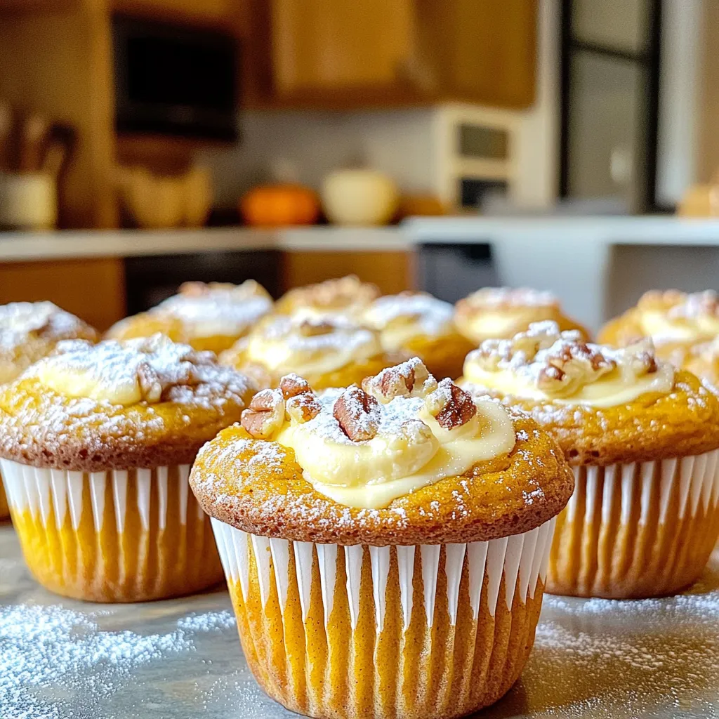To make these delicious pumpkin cheesecake muffins, gather the following ingredients: - 1 cup canned pumpkin puree - 1/2 cup granulated sugar - 1/2 cup brown sugar, packed - 1/2 cup vegetable oil - 3 large eggs - 1 teaspoon vanilla extract - 1 1/2 cups all-purpose flour - 1 teaspoon baking powder - 1/2 teaspoon baking soda - 1 teaspoon ground cinnamon - 1/2 teaspoon ground nutmeg - 1/4 teaspoon ground ginger - 1/4 teaspoon salt - 1 package (8 oz) cream cheese, softened - 1/4 cup powdered sugar - 1/2 teaspoon vanilla extract (for the cheesecake filling) You can add some fun twists to your muffins. Here are a few ideas: - 1/4 cup chopped pecans - 1/4 cup chopped walnuts - Chocolate chips for a sweet touch - Dried cranberries for a tart kick These add-ins make the muffins even more special. You can mix and match based on what you love. If you like your muffins less sweet, you can adjust the sugar amounts. Try using: - 1/3 cup granulated sugar instead of 1/2 cup - 1/3 cup brown sugar instead of 1/2 cup You can also use natural sweeteners like honey or maple syrup. Just remember, if you use liquid sweeteners, cut back on other liquids in the recipe. This helps keep the muffin texture right. Start by preheating your oven to 350°F (175°C). This step is key for even baking. While the oven warms up, grab your muffin tin. Line it with paper liners or lightly grease each cup. This helps the muffins release easily after baking. In a medium bowl, whisk together the dry ingredients. You need: - 1 1/2 cups all-purpose flour - 1 teaspoon baking powder - 1/2 teaspoon baking soda - 1 teaspoon ground cinnamon - 1/2 teaspoon ground nutmeg - 1/4 teaspoon ground ginger - 1/4 teaspoon salt Mix these well and set the bowl aside. This blend brings warm flavors to your muffins. In a large mixing bowl, combine the wet ingredients. Measure out: - 1 cup canned pumpkin puree - 1/2 cup granulated sugar - 1/2 cup brown sugar, packed - 1/2 cup vegetable oil - 3 large eggs - 1 teaspoon vanilla extract Mix them until smooth and fully combined. This mixture gives your muffins moisture and rich taste. For the cheesecake filling, take a separate bowl. Beat together: - 1 package (8 oz) cream cheese, softened - 1/4 cup powdered sugar - 1/2 teaspoon vanilla extract Beat until this mixture is creamy and lump-free. This filling adds a delicious twist to your muffins. Now, it’s time to fill the muffin tins. Start by spooning a tablespoon of the pumpkin batter into each cup. Next, add a teaspoon of the cream cheese mixture on top. Finally, cover this with another tablespoon of pumpkin batter. Make sure the cream cheese is fully enclosed. This layering creates a delightful surprise in each muffin. Place the muffin tin in the preheated oven. Bake for 18-20 minutes. To check if they are done, insert a toothpick into the center of a muffin. If it comes out clean, they are ready. Let them cool in the tin for about 5 minutes. Then, transfer them to a wire rack to cool completely. Enjoy the warm aroma while you wait! To get the best texture in your pumpkin cheesecake muffins, use fresh ingredients. Make sure your baking powder and baking soda are not expired. This ensures your muffins rise well. Mixing the wet and dry ingredients gently helps keep the muffins light. Aim for a batter that is just combined. A few lumps are okay; they add character. Overmixing can lead to tough muffins. When you combine wet and dry ingredients, stir slowly. Stop mixing as soon as no dry flour shows. This keeps the muffins soft and fluffy. Remember, a gentle touch goes a long way in baking. You want the muffins airy, not dense. Serve your muffins warm for the best flavor. A sprinkle of powdered sugar adds charm, while a drizzle of pumpkin spice glaze brings sweetness. You can also top them with chopped pecans or walnuts for a nice crunch. If you want something different, consider serving them with a dollop of whipped cream or a scoop of vanilla ice cream. This will turn your muffins into a delightful dessert! {{image_2}} You can make these muffins gluten-free easily. Just swap regular flour for a gluten-free mix. Look for one that works well in baking. This change keeps the muffins light and fluffy. You may not notice the difference in taste at all. To make vegan muffins, replace eggs with flax eggs. Mix one tablespoon of flaxseed meal with two tablespoons of water for each egg. Use a vegan cream cheese for the filling. These swaps keep the muffins tasty and suitable for everyone. You can boost the flavor of your muffins with spices. Try adding allspice or cloves for more warmth. A dash of maple extract can also add a nice twist. Adjust the spices to match your taste. It’s all about making these muffins your own! To keep your pumpkin cheesecake muffins fresh, store them in an airtight container. Place a piece of parchment paper between layers if you stack them. This helps prevent sticking. Keep them at room temperature for up to two days. For longer storage, move them to the fridge. They will last about a week when chilled. Freezing is a great option for these muffins. Start by letting the muffins cool completely. Wrap each muffin in plastic wrap tightly. Then, place them in a freezer-safe bag or container. Label the bag with the date. You can freeze them for up to three months. When you're ready to eat, simply thaw them in the fridge overnight. Reheating your muffins is simple. You can use the microwave or the oven. For the microwave, heat each muffin for about 15-20 seconds. Check to ensure they do not get too hot. If you prefer the oven, preheat it to 350°F (175°C). Place the muffins on a baking sheet and warm them for about 5-10 minutes. Enjoy them warm for the best taste! Yes, you can use fresh pumpkin. First, cook the pumpkin until soft. Then, puree it until smooth. Make sure to drain excess water. Fresh pumpkin adds a lovely flavor but may change the texture slightly. You can check if the muffins are done by inserting a toothpick into the center. If it comes out clean, they’re ready. Sometimes, the cream cheese filling may leave some residue, but that’s okay. Just avoid wet batter. If you need a substitute for cream cheese, you can use Greek yogurt. It gives a similar texture and taste. Another option is mascarpone cheese, which is rich and creamy. Silken tofu can also work for a vegan option. Yes, you can make these muffins ahead of time. Bake them and let them cool completely. Store them in an airtight container at room temperature for up to three days. You can also freeze them for longer storage. Serve these muffins warm or at room temperature. A light dusting of powdered sugar on top adds sweetness. You can also drizzle a pumpkin spice glaze for an extra touch. Pair with a cup of coffee or tea for a great treat! We explored how to make delicious pumpkin cheesecake muffins. You learned about the essential ingredients and optional add-ins, along with tips for adjusting sweetness. I shared step-by-step methods for mixing, baking, and cooling. You also discovered ideas for variations, storage, and creative serving. Baking these muffins is fun and rewarding. Enjoying them fresh from the oven is a treat. Remember, you can personalize this recipe to match your taste. Happy baking!