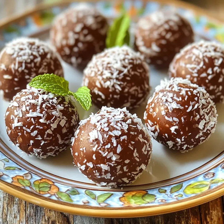 To make No Bake Chocolate Coconut Balls, you need: - 1 cup rolled oats - 1 cup unsweetened shredded coconut - 1/2 cup natural almond butter (or any nut butter of your choice) - 1/3 cup maple syrup (or honey for a non-vegan option) - 1/4 cup unsweetened cocoa powder - 1 teaspoon vanilla extract - A pinch of salt These ingredients mix well to create a rich, chewy treat. You can add a fun twist with these toppings: - Extra shredded coconut for rolling - Chopped nuts like almonds or walnuts - Mini chocolate chips for extra sweetness - A sprinkle of sea salt on top These options can make your treats even more delightful. If you need to switch things around, here are some ideas: - Swap almond butter for peanut butter or sunflower seed butter. - Use agave syrup instead of maple syrup. - Replace cocoa powder with carob powder for a different flavor. These substitutions can fit your taste and dietary needs. Start by taking a large mixing bowl. Add 1 cup of rolled oats, 1 cup of unsweetened shredded coconut, and 1/4 cup of unsweetened cocoa powder. Mix these dry ingredients well. This mix forms the base for your chocolate coconut balls. In another bowl, combine 1/2 cup of natural almond butter, 1/3 cup of maple syrup, 1 teaspoon of vanilla extract, and a pinch of salt. Stir these until the mixture is smooth. This mix adds creaminess and sweetness to your treats. Now, pour the wet mixture into the dry ingredients. Use your hands or a spatula to mix well. You want everything to combine fully. Once mixed, refrigerate the batter for about 15 minutes. This helps it firm up. After chilling, scoop out small amounts, about 1 tablespoon each. Roll them into balls with your palms. If you like, roll the balls in extra shredded coconut for a nice touch. Place them on a parchment-lined baking sheet. Refrigerate for at least 30 minutes. This allows them to set. Serve them chilled or at room temperature for a tasty snack. Enjoy your no-bake chocolate coconut balls! To get the best texture, use fresh ingredients. Old oats or coconut can make your balls dry. Mix until the mixture sticks together well. If it feels too crumbly, add a bit more nut butter. This will help bind everything nicely. Refrigerate the mixture for 15 minutes before rolling. This makes it easier to shape the balls. Store your chocolate coconut balls in an airtight container. This keeps them fresh for longer. They can last in the fridge for up to a week. If you want to keep them longer, freeze them. They stay good in the freezer for up to three months. Just remember to thaw them in the fridge before eating. One common mistake is not mixing well. If the ingredients do not combine fully, the balls won't hold together. Another mistake is skipping the chilling step. This step is key for easy shaping and a good texture. Lastly, be careful with the cocoa powder. Too much can make the balls too bitter. Stick to the amount in the recipe for the best taste. {{image_2}} You can easily change the flavor of your no bake chocolate coconut balls. Add 1/2 cup of chopped nuts, like walnuts or almonds. This adds crunch and flavor. You can also mix in spices like cinnamon or nutmeg for warmth. Try adding 1/4 cup of dried fruit, like raisins or cranberries, for a sweet twist. Each option gives a new taste to this treat. Coating your balls makes them look fun and taste great. You can roll them in cocoa powder for a rich finish. Crushed nuts give a nice texture and flavor. Try using colorful sprinkles for a festive look. You can also use powdered sugar for a sweet touch. Each coating option adds a different flair to your dessert. You can adapt this recipe to fit many diets. To make it vegan, stick with maple syrup and almond butter. For a gluten-free option, use certified gluten-free oats. If you need a nut-free version, try sunflower seed butter. These swaps keep the taste yummy while meeting dietary needs. Enjoy these treats no matter your diet! To keep your no bake chocolate coconut balls fresh, store them in an airtight container. Line the container with parchment paper to avoid sticking. This helps them stay tasty and keeps them from drying out. You can stack the balls, but space them out if you can. It adds a little care to your treats. In the fridge, these chocolate coconut balls last about one week. If you want them to last longer, freeze them. They can stay fresh in the freezer for up to three months. Just make sure to wrap them well. When you want to eat them, let them thaw in the fridge overnight. These treats are best served cold or at room temp. You don’t need to reheat them at all. If you want a fun twist, serve them with fresh fruit or a scoop of yogurt. You can also sprinkle some extra coconut on top for a nice touch. Enjoy sharing these sweet bites with friends and family! Yes, you can use other nut butters. Peanut butter, cashew butter, or sunflower seed butter all work well. Each will change the taste slightly, but they add great flavor. Just ensure the nut butter is creamy for easy mixing. To make them sugar-free, use a sugar substitute like stevia or erythritol. These options keep sweetness without adding calories. Just adjust the amount to taste. You can also skip the syrup and add mashed bananas for natural sweetness. Yes, you can freeze these balls. Place them in an airtight container or a zip bag. They can last for up to three months in the freezer. Just thaw them in the fridge before you enjoy them! If you don’t have maple syrup, honey works great as a substitute. Agave nectar is another good option. You can also try brown rice syrup for a different taste. Each will still keep your treats sweet and yummy. Each No Bake Chocolate Coconut Ball has about 100 calories. This can vary based on the nut butter and syrup you use. If you want a lighter option, make smaller balls to reduce the calorie count per treat. In this post, we covered everything about making delicious no-bake chocolate coconut balls. We discussed key ingredients, optional add-ins, and suitable substitutes. I outlined easy steps to prepare and shape your treats. Plus, I shared tips to get the best texture and how to store them for freshness. Remember, you can personalize your recipe with different flavors and coatings. With these tips, you can enjoy a treat that fits your needs. Now, go create your own tasty version!
