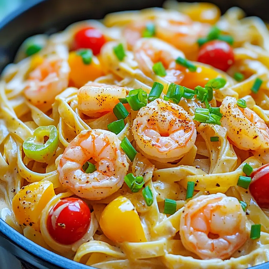 - 8 oz fettuccine pasta - 1 lb shrimp, peeled and deveined - 2 tablespoons Cajun seasoning - 2 tablespoons olive oil - 1 onion, finely chopped - 3 cloves garlic, minced - 1 bell pepper, diced (any color) - 1 cup cherry tomatoes, halved - 1 cup heavy cream - 1 cup chicken broth - 1 cup grated Parmesan cheese - Salt and pepper to taste This dish starts with fettuccine pasta. Fettuccine holds the sauce well. You will need one pound of shrimp, which should be peeled and deveined. The Cajun seasoning adds bold flavor. For the base, gather olive oil, onion, garlic, and bell pepper. These add depth to the dish. Cherry tomatoes bring sweetness and color. Finally, heavy cream makes the sauce rich and creamy. Chicken broth adds more flavor. Parmesan cheese ties it all together. Don’t forget to season with salt and pepper to taste! With these ingredients, you're ready to create a meal that is both easy and delicious! - Heat 2 tablespoons of olive oil in a large pot over medium heat. - Add 1 finely chopped onion and sauté until it turns translucent, about 3-4 minutes. - Next, mix in 3 minced garlic cloves and 1 diced bell pepper. Cook for another 2-3 minutes until softened. - Sprinkle 2 tablespoons of Cajun seasoning into the pot. Stir well and let it bloom for about a minute. - Add 1 pound of peeled and deveined shrimp. Cook until they turn pink, about 3-4 minutes. - Now, include 8 oz of fettuccine pasta, 1 cup of halved cherry tomatoes, 1 cup of chicken broth, and 1 cup of heavy cream. Mix everything together and bring it to a gentle boil. - Lower the heat and let it simmer, stirring occasionally, until the pasta is al dente and the sauce thickens, about 10-12 minutes. - If the sauce gets too thick, add more broth to reach your desired consistency. - Finally, remove from heat and stir in 1 cup of grated Parmesan cheese until it melts. Adjust seasoning with salt and pepper if needed. - How to avoid overcooking shrimp: Cook shrimp until they turn pink. This takes about 3-4 minutes. If they curl up tightly, they are overcooked. - Achieving creamy sauce consistency: Stir in cheese after cooking. If the sauce is too thick, add more broth slowly. This keeps it creamy. - Best sides to pair with the dish: A light salad or garlic bread works great. They balance the meal well. - Garnish options for enhanced flavor: Use sliced green onions or fresh parsley. They add color and fresh taste. - Recommendations for cookware: A large pot is key. It should be sturdy and safe for high heat. - Essential kitchen gadgets for ease: A good knife and cutting board make prep easy. A wooden spoon helps mix everything well. {{image_2}} You can easily switch shrimp for chicken. Use boneless chicken breasts or thighs. Cut the chicken into bite-sized pieces. Cook them just like the shrimp until they are golden and cooked through. This change gives you a tasty twist. For vegetarian options, try using mushrooms or tofu. You can sauté them until they are golden and add them at the same stage as the shrimp. This makes the dish hearty and filling without meat. If you need gluten-free options, there are many pastas to try. Brown rice pasta or chickpea pasta work well. They will give you a similar texture and flavor. Just follow the package instructions for cooking time. You can also experiment with other pasta shapes. Penne or rigatoni can hold the sauce nicely. They will give each bite a bit of a different feel. To add more heat, sprinkle in some cayenne pepper or red pepper flakes. Start with a small amount and taste as you go. This way, you can find the perfect level of spice for your taste. Incorporating vegetables boosts the nutrition. Spinach or kale can be great additions. Toss them in when you add the cream. They will wilt nicely and add color to your dish. To store leftovers, cool the pasta first. I recommend placing it in an airtight container. This keeps it fresh for up to three days. Make sure you seal it well to prevent moisture loss. Glass containers work best for this. They do not absorb odors and help keep flavors intact. When reheating, aim for low heat. This helps maintain flavor and texture. If using a microwave, cover the dish with a damp paper towel. This keeps moisture in and prevents drying out. Stir every minute to heat evenly. If you prefer the stove, place it in a pan with a splash of broth. Stir often until warmed through. Yes, you can freeze One-Pot Creamy Cajun Shrimp Pasta! To do this, let it cool completely. Then, place it in a freezer-safe container. Leave some space at the top for expansion. It can last for up to two months in the freezer. To thaw, move it to the fridge overnight. Reheat it on low heat and add a splash of broth to restore creaminess. Can I make this dish ahead of time? Yes, you can prep this dish ahead. Cook the pasta and shrimp, then mix them with the sauce. When ready to eat, just heat it on the stove. What can I substitute for heavy cream? You can use coconut milk or a mix of milk and flour. These options will keep the dish creamy without heavy cream. Is Cajun seasoning spicy? Cajun seasoning can be spicy, but it varies by brand. If you want less heat, use a small amount at first, then taste before adding more. How to tell when shrimp are cooked? Shrimp are done when they turn pink and curl up. They should feel firm to the touch, not mushy. How long does it take to cook this dish? It takes about 30 minutes from start to finish. This makes it a quick and easy meal. Can I make this dairy-free? Yes, use a dairy-free cream or coconut milk. This will keep your dish creamy and delicious without dairy. In this post, we explored making a delicious One-Pot Creamy Cajun Shrimp Pasta. We covered key ingredients, including pasta, shrimp, and spices, along with cooking steps and handy tips. You learned how to store and reheat leftovers, too. This dish is easy to customize and perfect for any meal. Dive into flavors that excite your taste buds. Enjoy cooking, and don’t hesitate to experiment with your own twists!