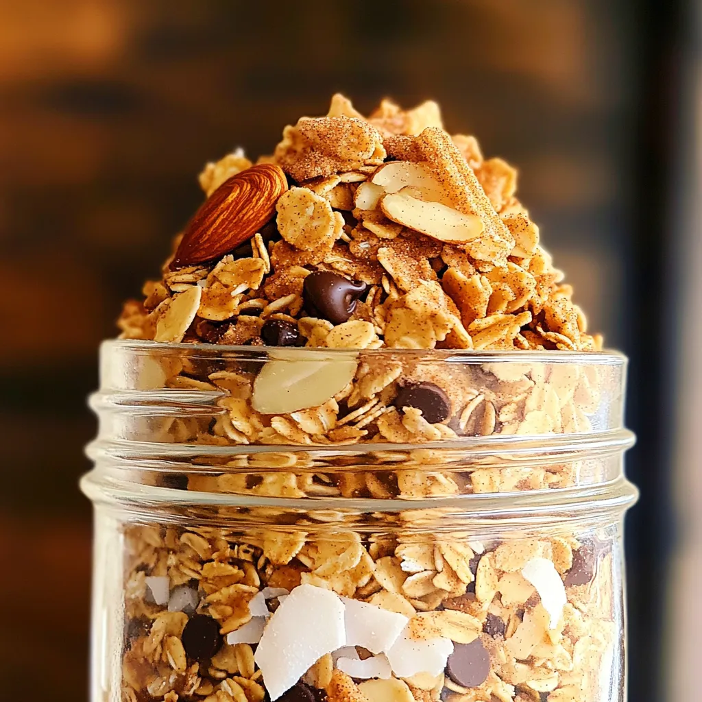 To make this tasty granola, you need a few key items: - 2 cups rolled oats - 1 cup nuts (almonds or pecans), chopped - 1/2 cup unsweetened shredded coconut - 1/4 cup packed brown sugar - 1/4 cup melted coconut oil - 1/4 cup honey or maple syrup - 1 tablespoon ground cinnamon - 1/2 teaspoon vanilla extract - 1/2 teaspoon sea salt - 1/2 cup mini chocolate chips (optional) These ingredients come together to create a crunchy treat that’s hard to resist. You can add your own twist to this granola. Consider these optional ingredients: - Dried fruit (like raisins or cranberries) - Seeds (such as sunflower or pumpkin seeds) - Other spices (like nutmeg or allspice) Feel free to experiment and make this snack your own! If you have specific dietary needs, you can easily adjust the recipe: - Use gluten-free oats for a gluten-free version. - Swap honey for agave syrup to keep it vegan. - Replace nuts with seeds for a nut-free alternative. These swaps help you enjoy this delicious granola while meeting your dietary needs. Start by preheating your oven to 350°F (175°C). This step is key to getting the right crunch. While the oven heats, line a baking sheet with parchment paper. This keeps your granola from sticking and makes cleanup easy. In a large mixing bowl, combine 2 cups of rolled oats, 1 cup of chopped nuts, and 1/2 cup of unsweetened shredded coconut. You can use almonds or pecans for the nuts. Stir these dry ingredients well. This mix gives your granola a nice crunch and a nutty flavor. In a separate bowl, whisk together 1/4 cup of packed brown sugar, 1/4 cup of melted coconut oil, and 1/4 cup of honey or maple syrup. Add 1 tablespoon of ground cinnamon, 1/2 teaspoon of vanilla extract, and 1/2 teaspoon of sea salt. Mix until everything is smooth and blended. This mixture brings sweetness and flavor to your granola. Pour the wet mixture over the dry ingredients. Stir it all together until every piece gets coated. Spread the granola mixture evenly on the prepared baking sheet. Bake in your preheated oven for 15-20 minutes. Stir halfway through to help it bake evenly. The granola is done when it turns golden brown and smells amazing. Once baked, let it cool completely on the sheet. It will get crispier as it cools. If you want, mix in 1/2 cup of mini chocolate chips after it cools. Store your granola in an airtight container at room temperature for up to two weeks. Enjoy! To bake your granola evenly, spread it out well on the baking sheet. Use a large sheet to avoid crowding. If the granola is too close together, it will not crisp up right. Stir the mixture halfway through baking to help it brown evenly. This gives you a nice, golden color all around. For great crunch, make sure to let your granola cool completely after baking. The cooling time helps it firm up. If you want it extra crunchy, you can bake it a bit longer. Just watch carefully to prevent burning. Adding nuts or seeds also boosts the crunch factor. Serve your granola in a clear jar or bowl. This shows off its beautiful layers. Add a sprinkle of cinnamon sugar on top for a nice touch. Pair it with yogurt, milk, or eat it alone as a tasty snack. You can even mix in some fruits for added flavor and nutrition. {{image_2}} You can make your granola unique by adding spices and extracts. Try adding nutmeg for warmth. A pinch of ginger can give it a nice kick. You might also enjoy adding almond or coconut extract for extra flavor. Mixing in a splash of maple extract can enhance the sweetness too. These simple tweaks can take your granola from good to great! If you want to change up the nuts, that’s easy! You can use walnuts or cashews instead of almonds or pecans. For a fun twist, add sunflower seeds or pumpkin seeds. These seeds add crunch and nutrition. If you are nut-free, just skip the nuts. Your granola will still taste fantastic! Making this granola fit your diet is simple. To make it gluten-free, use certified gluten-free oats. For a vegan option, swap honey for maple syrup. You can also replace the coconut oil with a different oil like avocado or vegetable oil. These swaps let everyone enjoy this tasty treat without worry about their dietary needs! To keep your cinnamon sugar churro granola fresh, store it in an airtight container. Glass jars work well, as they keep air out. You can also use plastic containers with tight lids. Make sure the granola is completely cool before sealing it. If it’s warm, moisture can build up inside and make it soggy. When stored properly, your granola can last up to two weeks at room temperature. If you want it to last longer, consider refrigerating it. In the fridge, it can last up to a month. You can also freeze the granola for up to three months. Just make sure to seal it tightly to prevent freezer burn. Always check your granola before eating it. If you see any mold or weird smells, throw it away. If it feels soft or chewy instead of crunchy, it may not be good anymore. Also, if the nuts taste bitter or stale, it’s best to discard it. Keeping an eye on these signs will help you enjoy your granola at its best! Yes, you can! You can swap honey with maple syrup or agave nectar. Each sweetener brings a unique taste. For a low-calorie option, try stevia or erythritol. Just remember, the sweetness level may change, so adjust to your liking. I love this granola with yogurt or milk. It makes a great breakfast or snack. You can also sprinkle it on ice cream for a sweet crunch. Try it in trail mix or just grab a handful on the go. It’s versatile and tasty! Yes, you can freeze it! Just place the cooled granola in an airtight container. It will stay fresh for up to three months. When you're ready to eat, thaw it at room temperature. You can even warm it in the oven for a few minutes for extra crunch! In this blog post, we explored making delicious granola from scratch. You learned about key ingredients, optional mixes, and substitutions for different diets. We provided clear step-by-step instructions and useful tips to ensure your granola turns out great every time. We also shared fun variations and storage tips to keep it fresh. Remember, homemade granola is easy and fun to make. Enjoy your tasty creations!