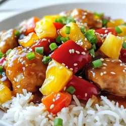 - 1 lb boneless, skinless chicken thighs, cut into bite-sized pieces - 1 cup fresh pineapple, diced - 1 red bell pepper, chopped - 1 yellow bell pepper, chopped - 1 small onion, sliced - 2 cloves garlic, minced - 1 tablespoon fresh ginger, grated - 3 tablespoons soy sauce - 2 tablespoons honey - 1 tablespoon rice vinegar - 1 teaspoon sesame oil - 1 tablespoon cornstarch mixed with 2 tablespoons water (for thickening) - 2 tablespoons vegetable oil (for cooking) - Salt and pepper to taste - Cooked rice for serving - Chopped green onions and sesame seeds for garnish The chicken thighs give a tender bite, while the fresh pineapple adds sweetness. The bell peppers bring color and crunch. Garlic and ginger boost the flavor, making every bite special. You can add a few extras for more taste: - Red pepper flakes for heat - Peas or snap peas for added crunch - A splash of orange juice for a citrus twist These add-ons can elevate the dish, making it even more delicious. Serve Pineapple Chicken over a bed of fluffy rice. The rice soaks up all the tasty sauce. Top it with chopped green onions and sesame seeds for a bright finish. You can also pair it with a side of steamed broccoli or a fresh green salad. Enjoy your meal! First, I take 1 pound of boneless, skinless chicken thighs. I cut them into bite-sized pieces. In a mixing bowl, I add the chicken with soy sauce, honey, rice vinegar, sesame oil, garlic, and ginger. I mix it all well. Then, I cover the bowl and let it marinate for at least 20 minutes. This makes the chicken tasty and juicy. Next, I heat 2 tablespoons of vegetable oil in a large skillet over medium-high heat. Once the oil is hot, I add the marinated chicken pieces to the skillet. I throw away the leftover marinade. I sauté the chicken for about 5 to 7 minutes. I cook it until it turns brown and is cooked all the way through. After that, I remove the chicken from the skillet and set it aside. In the same skillet, I add the sliced onion first. I stir it for a minute before adding the chopped red and yellow bell peppers. I keep stir-frying for 3 to 4 minutes until the veggies get a bit tender. This step brings out the sweet flavor of the peppers. Now, I add the diced pineapple back to the skillet with the sautéed vegetables. I return the cooked chicken to the pan as well. I stir everything together to mix it well. Next, I take a tablespoon of cornstarch and mix it with 2 tablespoons of water. I pour this mixture into the skillet and stir continuously for 2 to 3 minutes. This makes the sauce thick and coats the chicken and veggies nicely. I season with salt and pepper to taste. To finish, I serve the Pineapple Chicken over a bed of cooked rice. I like to garnish it with chopped green onions and sesame seeds. This adds a nice touch and makes the dish look great! For this recipe, I recommend using boneless, skinless chicken thighs. They stay juicy and tender, making your dish better. When buying chicken, look for pieces that are firm and pink. Avoid any with a gray or dull color. Fresh chicken makes a big difference in taste. To amp up the flavor, try adding some crushed red pepper flakes for heat. You can also sprinkle in some black pepper for a deeper taste. If you like it sweet, add a pinch of brown sugar. These spices can make your Pineapple Chicken really pop. Cook your chicken in a hot skillet. This helps to brown the meat quickly. Make sure not to crowd the pan; this keeps the chicken from steaming. Stir-fry the veggies until they are tender but still crisp. This gives a nice contrast to the soft chicken and pineapple. For a glossy finish, let the sauce coat everything well before serving. {{image_2}} You can add cashews for a nice crunch. Just toast them lightly before adding to the dish. This gives you a mix of sweet and salty flavors. Use about 1/2 cup of cashews. Stir them in when you combine the chicken and pineapple. The added texture makes the meal even better. Want some heat? Add red pepper flakes or sriracha. Start with 1 teaspoon of red pepper flakes. If using sriracha, add 1 tablespoon. Mix these into the marinade with the soy sauce. This gives the dish a spicy kick that pairs well with the sweet pineapple. You can swap chicken for tofu for a great vegetarian dish. Use firm tofu and cut it into bite-sized cubes. Marinate the tofu just like the chicken. Cook it until golden and crispy before adding veggies. This version is just as tasty and satisfying! To store leftover pineapple chicken, let it cool to room temperature. Place it in an airtight container. Make sure to separate the chicken from the rice if you have any leftover. Keep it in the fridge. You can store it for up to three days. When you reheat the chicken, the goal is to keep it tasty and juicy. You can use a microwave or a skillet. If using a microwave, cover the dish with a lid. Heat for one to two minutes, checking often. If you prefer a skillet, heat it on medium until warm. Add a splash of water to keep it moist. You can freeze pineapple chicken for later. First, let it cool completely. Then, place it in a freezer-safe container. Make sure to remove as much air as possible. It can stay in the freezer for up to three months. When ready to eat, let it thaw in the fridge overnight before reheating. Yes, you can use canned pineapple. It saves time and adds sweetness. Just make sure to drain it well to avoid extra juice. Fresh pineapple gives a bright flavor, but canned works well in a pinch. To make Pineapple Chicken gluten-free, swap soy sauce for tamari. Tamari is a great gluten-free option. Check all labels on sauces and seasonings for hidden gluten. This keeps your dish safe and tasty. Pineapple Chicken goes well with many sides. Here are some great options: - Steamed jasmine rice - Fried rice with veggies - Quinoa for a healthy twist - A light salad with sesame dressing - Stir-fried veggies for color and crunch Store leftovers in an airtight container. They stay fresh for up to three days. Reheat on the stove or in the microwave. Enjoy your tasty meal again without losing flavor! This blog post covered key steps to make pineapple chicken. We explored ingredients, marinating, cooking, and serving tips. You can customize the dish with extra flavors or variations. Remember to store leftovers properly to keep them fresh. If you follow the steps, you’ll impress everyone. Pineapple chicken is tasty and easy to enjoy. Now, it's time to try it yourself!