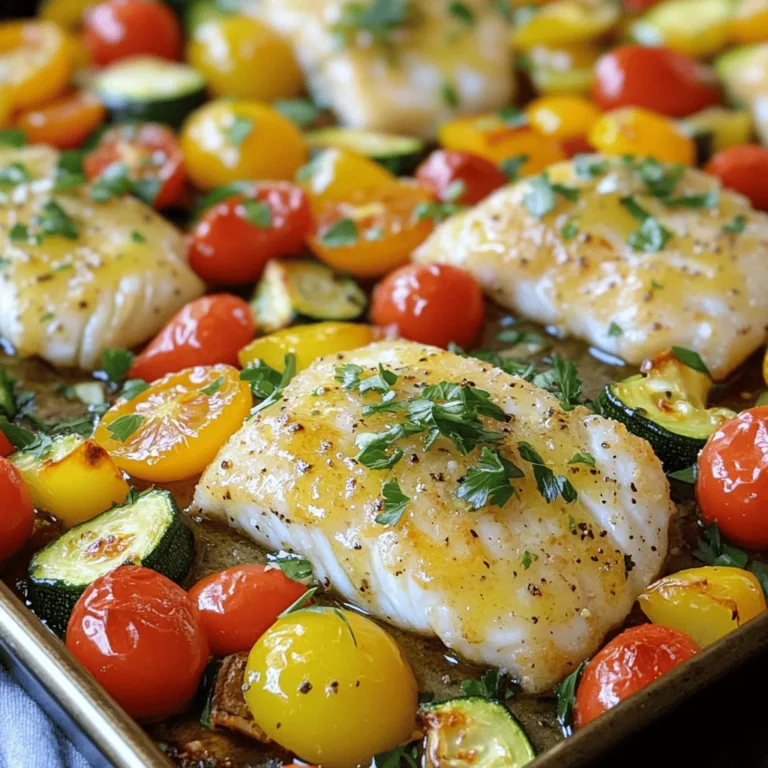 To make this tasty dish, you need simple, fresh ingredients. Here’s what you will need: - 4 cod fillets (about 6 oz each) - 3 tablespoons olive oil - 4 cloves garlic, minced - 1 lemon, zested and juiced - 1 teaspoon smoked paprika - 1 teaspoon dried oregano - Salt and pepper to taste - 1 cup cherry tomatoes, halved - 1 medium zucchini, sliced into half-moons - 1 bell pepper (red or yellow), sliced These ingredients combine to create a bright and zesty flavor. The cod is light and flaky, while the veggies add color and texture. While the dish tastes great on its own, a few garnishes can add flair. I recommend: - Fresh parsley, chopped - Lemon wedges for squeezing These garnishes not only look nice but also enhance the dish's fresh taste. When using herbs, both fresh and dried can work. Fresh herbs add a bright flavor. If you have access to fresh oregano, use it. Dried herbs are convenient and still pack a punch. If you use dried oregano, just remember to use less, as it is more concentrated. Choosing between fresh and dried herbs depends on what you have. Both options will make your Lemon Garlic Roasted Cod delicious! First, I preheat the oven to 400°F (200°C). This heat makes sure the cod cooks well. Next, I line a large sheet pan with parchment paper. This step makes cleanup a breeze. In a mixing bowl, I whisk together 3 tablespoons of olive oil and 4 cloves of minced garlic. I then add the zest and juice of 1 lemon. This gives a bright flavor. I sprinkle in 1 teaspoon of smoked paprika and 1 teaspoon of dried oregano. Finally, I season with salt and pepper. This marinade packs a punch! I place 4 cod fillets on one side of the sheet pan. I brush the fillets with the lemon garlic mixture, coating them well. In the same bowl, I toss 1 cup of halved cherry tomatoes, sliced zucchini, and sliced bell pepper in the leftover marinade. I pour the veggies onto the pan, spreading them around the cod. This creates a colorful dish. I roast the cod and veggies in the oven for about 15-20 minutes. I check that the cod flakes easily with a fork. The veggies should be tender and slightly caramelized. If needed, I can give them a few extra minutes. Once done, I let the dish rest for a few minutes. This helps the flavors settle. To cook cod just right, keep an eye on the time. Cod cooks quickly. Aim for 15 to 20 minutes at 400°F (200°C). The fish is done when it flakes easily with a fork. If you have a food thermometer, check for an internal temperature of 145°F (63°C). This way, your cod will be moist and tender. Want to boost the flavor? Try adding some fresh herbs. Fresh thyme or dill works great with cod. You can also mix in some capers for a salty kick. If you like a bit of heat, add red pepper flakes to the lemon garlic mixture. This adds a nice touch to the dish. Cleanup can be a breeze! Using parchment paper helps catch drips and makes washing up easy. After the meal, simply toss the paper. If you used a lot of oil, soak the pan in warm, soapy water for a bit. This makes scrubbing easier. You can also line your pan with aluminum foil for quick cleanup. This way, you can focus more on enjoying your meal! {{image_2}} You can easily swap cod for other fish. Try salmon, tilapia, or halibut. Each fish brings its own flavor and texture. For a non-fish option, use chicken breasts or thighs. Just adjust the cooking time for chicken to ensure it cooks fully. Feel free to change the veggies in this dish. Asparagus, broccoli, or green beans work well. You can also use root vegetables like carrots or potatoes. Just cut them into small pieces. This way, they cook evenly with the fish. Mix it up based on what you like or what’s in season. You can play around with the flavors, too. Add a splash of white wine for a richer taste. Swap smoked paprika for regular paprika or chili powder for heat. You can also add fresh herbs like basil or thyme. These tweaks can make the dish feel new each time you cook it! After enjoying your Lemon Garlic Roasted Cod, store leftovers right. Place the cod and veggies in an airtight container. Refrigerate them within two hours of cooking. They will stay fresh for up to three days. If you want to keep them longer, freeze them. Just wrap the cod and veggies tightly in plastic wrap, then place them in a freezer bag. To reheat, remove the cod and vegetables from the fridge. Preheat your oven to 350°F (175°C). Place the leftovers on a baking sheet. Cover them loosely with foil to keep moisture. Heat for about 10-15 minutes until warmed through. If using a microwave, place the food on a microwave-safe dish. Heat in 30-second bursts until hot, stirring in between. Meal prep makes weeknight dinners easy. Start by cooking a larger batch of Lemon Garlic Roasted Cod. Store the portions in individual containers. Pair the cod with different sides for variety. Consider rice, quinoa, or a fresh salad. Label each container with the date to keep track of freshness. This way, you enjoy tasty meals all week long! You can tell cod is done when it flakes easily with a fork. The fish should be opaque and no longer translucent. It usually takes about 15 to 20 minutes in the oven. Use a fork to check a thick part of the fillet. If it breaks apart, it is ready. Yes, you can use frozen cod. Just make sure to thaw it first. The best way is to leave it in the fridge overnight. If you are in a hurry, you can run it under cold water. Once thawed, follow the recipe as usual. This dish pairs well with many sides. Consider serving it with: - Rice or quinoa for a hearty base - A crisp green salad for freshness - Garlic bread to soak up the sauce - Roasted potatoes for a filling option This recipe is easy to make gluten-free. All the ingredients listed are naturally gluten-free. Just ensure your smoked paprika and any other seasonings are also gluten-free. You can enjoy this dish without worry! In this post, we explored how to make Lemon Garlic Roasted Cod. We covered key ingredients, step-by-step cooking, and valuable tips. You learned about different proteins and veggies you can use. I shared storage tips for leftovers and answered common questions. Enjoying this dish is easy and fun. I hope you try it soon! Cooking can be simple and tasty. With these steps, you can impress anyone at your table.