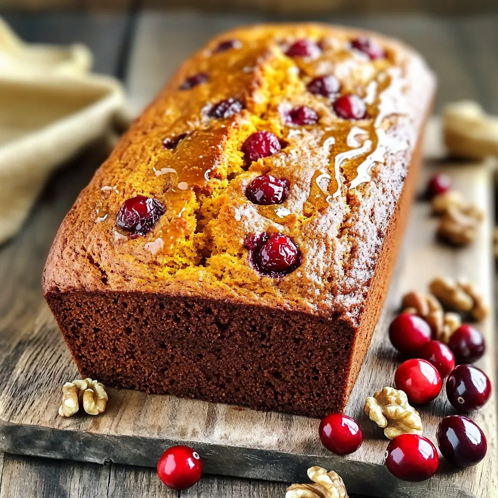 To make delicious cranberry walnut pumpkin bread, gather these ingredients: - 1 cup pure pumpkin puree - 1 cup granulated sugar - 1/2 cup brown sugar, packed - 1/2 cup vegetable oil - 1/4 cup unsweetened applesauce - 3 large eggs - 2 cups all-purpose flour - 1 teaspoon baking soda - 1/2 teaspoon baking powder - 1 teaspoon ground cinnamon - 1/2 teaspoon ground nutmeg - 1/2 teaspoon salt - 1 cup fresh or dried cranberries - 1/2 cup walnuts, coarsely chopped You can enhance your pumpkin bread with some fun extras. Try these options: - 1/2 cup chocolate chips for a sweet twist - 1 teaspoon vanilla extract for warmth - 1/4 teaspoon ground ginger for extra spice - Zest of one orange for a bright note If you need to swap some ingredients, here are some ideas: - Use coconut oil instead of vegetable oil for a different flavor. - Substitute honey or maple syrup for granulated sugar for a natural sweetener. - Use whole wheat flour for a heartier texture. - Replace walnuts with pecans or almonds for a unique crunch. - Use dried cherries or raisins in place of cranberries for variety. These options allow you to create a pumpkin bread that fits your taste and pantry! Start by gathering all your ingredients. You will need: - 1 cup pure pumpkin puree - 1 cup granulated sugar - 1/2 cup brown sugar, packed - 1/2 cup vegetable oil - 1/4 cup unsweetened applesauce - 3 large eggs - 2 cups all-purpose flour - 1 teaspoon baking soda - 1/2 teaspoon baking powder - 1 teaspoon ground cinnamon - 1/2 teaspoon ground nutmeg - 1/2 teaspoon salt - 1 cup fresh or dried cranberries - 1/2 cup walnuts, coarsely chopped Make sure your oven is preheated to 350°F (175°C). Grease a 9x5 inch loaf pan or line it with parchment paper. This step helps with easy removal later. In a large bowl, mix the pumpkin puree, granulated sugar, brown sugar, vegetable oil, applesauce, and eggs. Whisk this mixture until it is smooth and well blended. This creates a rich base for your bread. In another bowl, whisk together the flour, baking soda, baking powder, cinnamon, nutmeg, and salt. This step ensures that the leavening agents and spices are evenly distributed. Now, slowly add the dry mixture to the wet mixture. Mix until everything is just combined. Be careful not to overmix; you want a tender bread. Next, fold in the cranberries and chopped walnuts. Make sure they are evenly spread throughout the batter for great flavor in every bite. Pour the batter into your prepared loaf pan. Smooth the top with a spatula. Bake for 55-65 minutes. To check if it’s done, insert a toothpick into the center. If it comes out clean, your bread is ready! Let the bread cool in the pan for 10 minutes, then transfer it to a wire rack to cool completely. Enjoy the wonderful smell of bakery-style cranberry walnut pumpkin bread! To get that soft and moist bakery-style texture, use fresh pumpkin puree. You can make your own by roasting a pumpkin. The extra moisture helps the bread stay tender. Don't overmix your batter. Fold in the dry ingredients until just combined. This keeps your bread light. Watch out for these common mistakes: - Overmixing: This can make the bread dense. - Wrong oven temp: Always preheat your oven. A hot oven helps the bread rise. - Not testing for doneness: Use a toothpick to check. It should come out clean. - Skipping cooling time: Let the bread cool before slicing. This helps it set. Serve your cranberry walnut pumpkin bread warm. I like to drizzle it with honey or maple syrup. This adds a nice touch of sweetness. Pair it with a cup of tea or coffee for a cozy treat. For an extra pop, garnish with fresh cranberries and walnuts on the side. Enjoy every slice! {{image_2}} You can make this bread gluten-free by using gluten-free flour. Look for a blend that works well for baking. You may need to add a bit more moisture, so keep an eye on the texture. This way, everyone can enjoy the tasty flavors! To boost the taste, add more spices like ground ginger or allspice. A teaspoon of vanilla extract can also add a lovely aroma. If you want a little twist, try orange zest. It brings a fresh flavor that pairs nicely with pumpkin. Feel free to switch out walnuts for pecans or almonds. Each nut offers a unique crunch and flavor. You can also mix in other dried fruits. Try raisins, cherries, or even figs for a fun surprise in every bite. To keep your cranberry walnut pumpkin bread fresh, store it in an airtight container. If you don’t have one, wrap it in plastic wrap. This keeps moisture in and prevents drying out. Place the bread at room temperature for up to three days. For longer storage, consider freezing it. Always keep it away from direct sunlight or heat sources. Freezing your pumpkin bread is simple. First, let the bread cool completely. Then, wrap it tightly in plastic wrap. After that, place it in a freezer-safe bag or container. Label it with the date. You can freeze it for up to three months. When you’re ready to eat, take it out and let it thaw at room temperature. To enjoy your bread warm, preheat your oven to 350°F (175°C). Place the slices on a baking sheet. Heat them for about 10 to 15 minutes. This method keeps the bread moist and soft. You can also use a microwave. Heat slices for 10 to 15 seconds. But be careful; the microwave can dry it out. Enjoy your warm slices with a cup of tea or coffee! You can check if your pumpkin bread is done by using a toothpick. Insert it into the center of the loaf. If it comes out clean, your bread is ready. You can also look for a golden-brown color on the top. The edges may pull away from the pan slightly. When you tap the top, it should sound hollow. Yes, you can make this recipe ahead of time. After baking, let the bread cool completely. Wrap it tightly in plastic wrap or foil. Store it at room temperature for up to three days. For longer storage, place it in the freezer. It can last up to three months in the freezer. Just thaw it overnight in the fridge when you're ready to enjoy it. Here are the estimated nutritional facts per slice, based on ten slices: - Calories: 180 - Total fat: 7g - Saturated fat: 1g - Cholesterol: 40mg - Sodium: 150mg - Total carbohydrates: 26g - Dietary fiber: 1g - Sugars: 10g - Protein: 3g These values may vary based on specific ingredients and brands used. Enjoy this bread as a tasty treat that also provides some nutrients! In this blog post, we covered key ingredients and step-by-step instructions for baking pumpkin bread. You learned tips for texture, common mistakes, and serving ideas. We explored tasty variations, storage methods, and answered common questions. Remember, baking can be fun and creative! Experiment with flavors and enjoy the process. Your pumpkin bread journey starts now; happy baking!