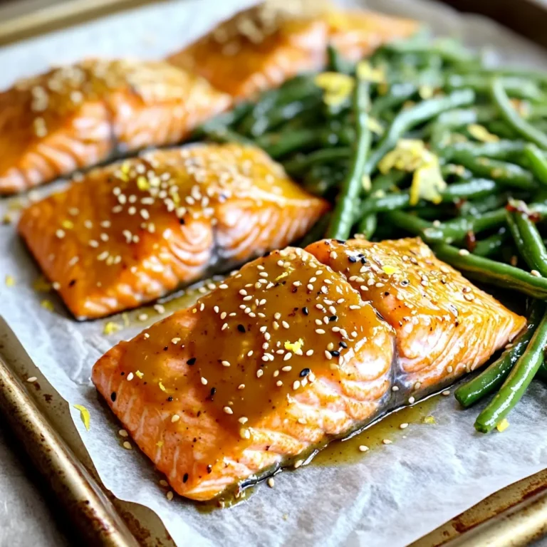 - 4 salmon fillets - 2 tablespoons Dijon mustard - 2 tablespoons pure maple syrup - 1 tablespoon olive oil The main ingredients create a tasty mix. Salmon gives rich flavor and healthy fats. Dijon mustard adds a zesty kick. Pure maple syrup brings sweetness. Olive oil helps blend everything nicely. - 1 pound fresh green beans, trimmed - 3 cloves garlic, minced - 1 teaspoon lemon zest Fresh produce brings vibrant flavors. Green beans add crunch and color to the dish. Garlic gives a strong scent and taste. Lemon zest adds a bright note that lifts the meal. - Salt and pepper to taste - 1 tablespoon sesame seeds (optional) Seasoning is key for taste. Salt and pepper enhance all the flavors. Sesame seeds are optional but add a nice crunch. They also make the dish look pretty. This mix of ingredients is simple but very effective. It shows how easy it is to make a gourmet meal at home. Each part plays a role in making your meal a delight. - Preheat your oven to 400°F (200°C). Line a large sheet pan with parchment paper for easy cleanup. - In a small bowl, whisk together 2 tablespoons of Dijon mustard, 2 tablespoons of pure maple syrup, and 1 tablespoon of olive oil. Add 1 teaspoon of lemon zest, salt, and pepper. This glaze brings a sweet and tangy kick to the salmon. - Place 4 salmon fillets on one side of the prepared sheet pan. Brush them generously with the maple mustard glaze. Make sure to coat all sides well. - In another bowl, take 1 pound of trimmed fresh green beans. Add 3 minced garlic cloves, a drizzle of olive oil, and a pinch of salt and pepper. Toss the green beans to coat them evenly. - Spread the seasoned green beans on the other side of the sheet pan. Arrange them evenly around the salmon for a colorful look. - Place the sheet pan in the preheated oven and bake for 15-20 minutes. The salmon should flake easily with a fork. The green beans need to be tender-crisp. - For a nice finish, sprinkle sesame seeds on top of the cooked dish. This adds a lovely crunch and visual appeal. To check for doneness, look for the salmon to flake easily with a fork. If it looks opaque and has a light pink color, it’s ready. A good rule of thumb is to cook salmon for about 15-20 minutes at 400°F (200°C). For marinating, coat the salmon well with the maple mustard glaze. Let it sit for about 15 minutes before cooking. This step allows the flavors to soak in. Always use fresh ingredients for the best taste. Trim the ends of the green beans before cooking. You can do this by snapping off the tips. This method is quick and keeps them looking fresh. Toss the green beans with garlic, olive oil, salt, and pepper for great flavor. For extra taste, try adding lemon juice or red pepper flakes. You could also mix in some sliced almonds or toasted walnuts for crunch. When serving, arrange the salmon fillets in the center of your platter. Place the green beans around the salmon for a nice look. Drizzle any leftover glaze over the top for added flavor. Garnish with extra lemon zest or sesame seeds for a pop of color. This adds a nice touch and makes the dish look fancy. {{image_2}} You can switch out salmon for chicken or tofu. Chicken thighs work well. They stay juicy and soak up flavors nicely. For a plant-based option, use firm tofu. Press it to remove water, then marinate like salmon. You will still get great taste. Other fish options include trout or tilapia. Both are mild and pair well with the glaze. Feel free to mix in other vegetables. Asparagus, broccoli, or bell peppers can add color and taste. Each vegetable brings its own flavor. You can also think of seasonal options. In summer, try zucchini or cherry tomatoes. In fall, consider Brussels sprouts or sweet potatoes. Each change keeps the dish fresh and exciting. You can change the sweetness by using honey or agave syrup. Both provide a nice twist. For the mustard, try whole grain or spicy mustard. Whole grain adds texture, while spicy gives a kick. Don’t be afraid to get creative. Each swap can lead to a new family favorite. To keep your Maple Mustard Salmon and green beans fresh, store leftovers in an airtight container. Place them in the fridge right after your meal. They will last up to three days. Be sure to separate the salmon from the green beans if you prefer. This helps keep the salmon from getting too soft. You can freeze salmon and green beans for later use. Wrap each salmon fillet tightly in plastic wrap. Place it in a freezer-safe bag. For green beans, use a freezer container or bag after cooling them. They can stay frozen for up to three months. When ready to eat, thaw the salmon and green beans in the fridge overnight. To keep your meal tasty, use the oven for reheating. Preheat the oven to 350°F (175°C). Place the salmon and green beans on a baking sheet. Bake for about 10-15 minutes. This method helps maintain texture and flavor. If you use a microwave, heat in short bursts to avoid drying out the fish. Bake the salmon and green beans for 15-20 minutes at 400°F (200°C). This time ensures the salmon cooks through and flakes easily with a fork. The green beans should be tender-crisp, adding a nice texture to your meal. If you like your salmon well done, you can leave it in for a couple more minutes. Just keep an eye on it to prevent overcooking. Yes, you can prepare this dish ahead of time. You can marinate the salmon and trim the green beans a few hours before baking. Store the salmon in the fridge with the glaze on top. Keep the green beans in a separate container. When ready to cook, just follow the baking instructions. This saves time and makes meal prep easy. This dish pairs well with many sides. Here are some ideas: - Rice or Quinoa: Both add a nice base and soak up the glaze. - Mashed Potatoes: Creamy potatoes complement the flavors well. - Roasted Potatoes: Their crispness contrasts nicely. - Salad: A fresh salad can brighten up the meal. - Steamed Broccoli: Adds color and extra nutrients. Feel free to mix and match based on your taste! In this post, we explored how to make a delicious Maple Mustard Salmon dish. We covered the main ingredients, like salmon and green beans, and shared step-by-step instructions. I provided helpful tips for perfect results, variations to customize your meal, and storage info for leftovers. By trying this recipe, you can enjoy a healthy meal that's both tasty and easy to prepare. Get creative with the ingredients and make it your own! Happy cooking!