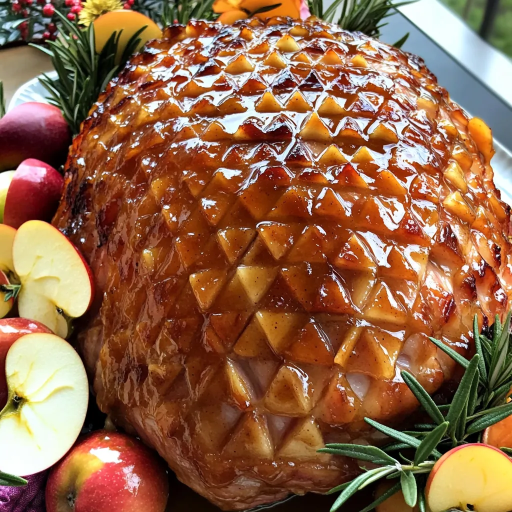 - 1 fully cooked bone-in ham (5-7 lbs) - 1 cup apple cider - 1/2 cup brown sugar - 1/4 cup Dijon mustard - 1 teaspoon ground cinnamon - 1/2 teaspoon ground cloves - 1/4 teaspoon freshly grated nutmeg - Salt and pepper to taste - 1/4 cup apple cider vinegar - Fresh apple slices - Rosemary sprigs To make this apple cider glazed ham, gather these simple ingredients. The main star is the ham, weighing between 5 and 7 pounds. Use a fully cooked bone-in ham for the best flavor. Next, you will need apple cider, brown sugar, and Dijon mustard. These create a sweet and tangy glaze that makes the ham shine. For spices, you need ground cinnamon, ground cloves, and freshly grated nutmeg. These spices add warmth and depth to the dish. Don't forget salt and pepper to enhance the flavors. For garnishing, have apple cider vinegar on hand. Use fresh apple slices and rosemary sprigs for a lovely touch. They make the ham look even more festive when serving. This mix of ingredients will help you create a delicious and memorable meal for your holiday gathering! 1. Preheat your oven to 325°F (165°C). This helps the ham cook evenly. 2. Place the ham in a large roasting pan, fat side up. This position keeps the meat moist. 3. Score the surface of the ham with shallow cuts in a diamond pattern. This allows the glaze to soak in well. 1. In a saucepan, combine these ingredients: - 1 cup apple cider - 1/2 cup brown sugar - 1/4 cup Dijon mustard - 1 teaspoon ground cinnamon - 1/2 teaspoon ground cloves - 1/4 teaspoon freshly grated nutmeg 2. Heat the mixture over medium heat. Stir until the sugar dissolves completely. 3. Bring it to a slight simmer. Cook for about 10 minutes until it thickens slightly. Remove the glaze from heat and set aside. 1. Season the ham with salt and pepper to taste. 2. Brush half of the apple cider glaze over the scored surface of the ham. This gives the ham a tasty coating. 3. Cover the ham loosely with aluminum foil. Place it in the preheated oven. Bake for about 1.5 to 2 hours. 4. Baste the ham with the remaining glaze every 30 minutes. This keeps the flavor strong. 5. During the last 30 minutes of baking, remove the foil. This allows the ham to caramelize and develop a beautiful glaze. 6. Check if the ham's internal temperature reaches at least 140°F (60°C). When done, take the ham out of the oven. 7. Let the ham rest for about 15 minutes before slicing. This helps the juices settle. 8. For serving, garnish with fresh apple slices and sprigs of rosemary. This adds a festive touch. To make the best apple cider glaze, focus on the right thickness. Start by simmering the glaze. The heat helps it thicken nicely. Stir often until the sugar melts. A good glaze should coat the back of a spoon. If it’s too thick, add a splash of apple cider. If too thin, simmer longer. You can swap sweeteners for a different taste. Honey works great with this glaze. Maple syrup can also add a rich flavor. Try brown sugar alternatives like coconut sugar for a unique twist. Check the ham's internal temperature. It needs to reach at least 140°F (60°C) to be safe. Use a meat thermometer for accuracy. Insert it into the thickest part of the ham. This ensures even cooking. Avoid overcooking to keep the ham juicy. Baste every 30 minutes, but don’t leave it in the oven too long. If the glaze starts to darken too much, cover it again with foil. This will help prevent burning while the inside cooks. Pair your apple cider glazed ham with tasty side dishes. Roasted vegetables like carrots and Brussels sprouts work well. Mashed potatoes or sweet potato casserole add a creamy touch. Don’t forget a fresh salad for a bright flavor. For presentation, slice the ham into nice, even pieces. Arrange it on a large platter. Add fresh apple slices and rosemary sprigs for decoration. This makes your meal look festive and inviting. {{image_2}} You can add new flavors to your apple cider glazed ham. Spices help bring warmth and depth. Try adding: - 1 teaspoon of ground ginger - 1/2 teaspoon of allspice These spices will give your ham a lovely twist. You can also brighten the flavors with citrus. Using orange or lemon zest adds a nice zing. Just mix a teaspoon of zest into your glaze. Not everyone has time to roast a ham in the oven. You can use a slow cooker or an Instant Pot for ease. For a slow cooker, follow these steps: 1. Prepare your ham as usual. 2. Place the ham in the slow cooker. 3. Pour the glaze over it. 4. Cook on low for 6-8 hours or high for 3-4 hours. If you go with the Instant Pot, here’s how: 1. Score the ham and season it. 2. Pour in a cup of apple cider at the bottom. 3. Add the ham and seal the lid. 4. Cook on high pressure for 15 minutes per pound. Both methods will still give you that sweet, sticky glaze. You can also adjust this recipe to fit different diets. If you need gluten-free options, choose a gluten-free Dijon mustard. Check labels to ensure all your ingredients are safe. For low-sugar options, you can swap out brown sugar for a sugar substitute. Use a blend that measures like sugar for the best results. You can also reduce the amount of glaze you use. These variations ensure everyone can enjoy your delicious apple cider glazed ham. To keep your glazed ham fresh, refrigerate it right after serving. Wrap it tightly in plastic wrap or aluminum foil. You can also place pieces in an airtight container. This helps to keep moisture in and odors out. Store the ham in the coldest part of the fridge. It should last about three to five days. When it’s time to eat leftovers, you want to warm them up without drying them out. The best way to do this is to use the oven. Preheat the oven to 325°F (165°C). Place the ham in a baking dish and cover it with foil. Heat for about 20 minutes or until warm. You can also use a microwave, but be careful. Heat it in short bursts. This way, you avoid overcooking. If you want to save some ham for later, freezing is a great option. First, slice the ham into portions. Wrap each piece in plastic wrap. Then, place them in a freezer bag or container. Squeeze out as much air as you can. This helps prevent freezer burn. To thaw, move the ham to the fridge overnight. If you're in a hurry, you can use the microwave. Just remember to heat it gently so it stays juicy. The best ham for glazing is a bone-in ham. These hams have more flavor. The bone adds depth to the taste. Bone-in hams are juicy and tender. They also hold up better during baking. A boneless ham can work too. However, it may lack the same rich flavor. If you choose boneless, check for quality. Look for one that is fully cooked. Baking time depends on the weight of your ham. For a 5 to 7-pound ham, bake it for 1.5 to 2 hours. To ensure it is ready, check the internal temperature. It should reach at least 140°F (60°C). Use a meat thermometer to get an accurate reading. This helps avoid undercooked or dried-out ham. Yes, you can make the glaze ahead of time. Prepare it a day or two before your meal. Store it in the fridge in an airtight container. When you are ready to use it, heat it gently. Stir until it is warm and smooth. This saves you time on the day of your feast. If you run out of apple cider, don't worry. You can use apple juice as a substitute. It will still give a sweet flavor. Another option is to mix equal parts of water and apple vinegar. This gives a similar tangy taste. Adjust the sweetness with a bit of brown sugar if needed. In this post, we explored how to make a delicious apple cider glazed ham. We covered key ingredients, step-by-step instructions, and helpful tips. You learned about flavor enhancements, cooking methods, and how to store leftovers. Remember, the right spices and proper cooking techniques make all the difference. Try different variations to find what you love most. Enjoy your delicious ham with those perfect sides!