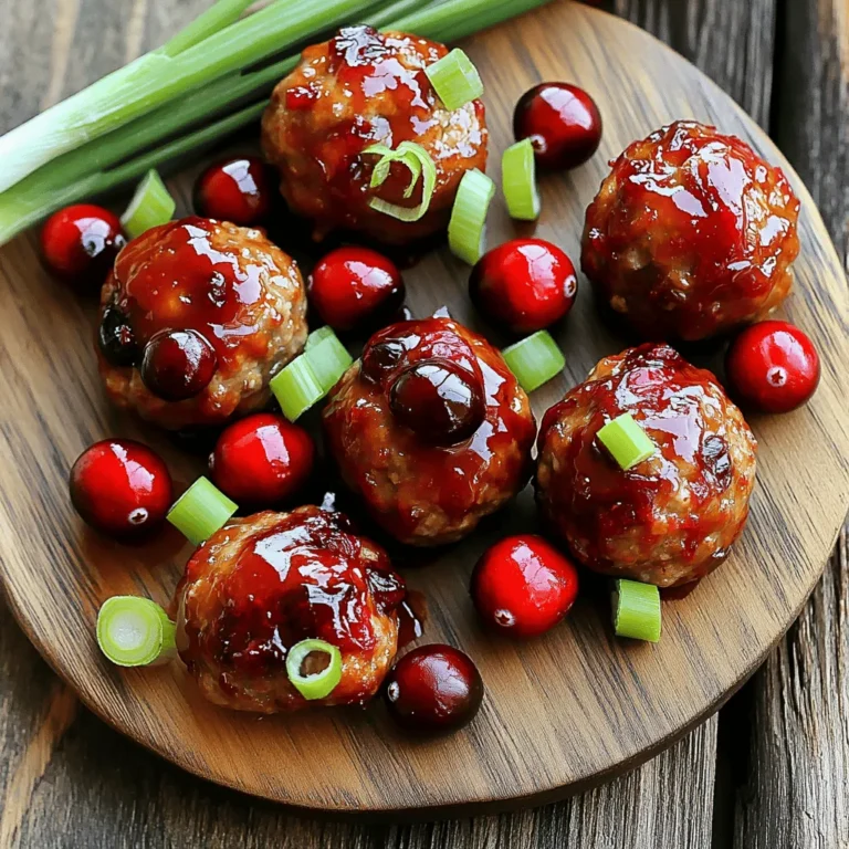 To make these tasty cranberry glazed meatballs, you will need: - 1 lb ground beef or turkey - 1/2 cup breadcrumbs - 1/4 cup chopped fresh parsley - 1/4 cup grated Parmesan cheese - 1 large egg - 1 teaspoon garlic powder - 1 teaspoon onion powder - Salt and pepper to taste - 1 cup cranberry sauce (homemade or store-bought) - 1/4 cup barbecue sauce - 1 tablespoon soy sauce - 1 teaspoon dried thyme You can add some fun touches to your dish with these garnishes: - Fresh cranberries - Chopped green onions Don’t worry if you need to swap some items! Here are some ideas: - Use ground chicken or pork instead of beef or turkey. - If you lack fresh parsley, try dried parsley or skip it. - For a gluten-free option, pick gluten-free breadcrumbs. - You can replace Parmesan with a dairy-free cheese for a vegan option. - If you want less sugar, use unsweetened cranberry sauce. Feel free to mix and match based on what you have at home! To start, grab a large mixing bowl. Add 1 pound of ground beef or turkey. Next, mix in 1/2 cup of breadcrumbs, 1/4 cup of chopped fresh parsley, and 1/4 cup of grated Parmesan cheese. Crack in 1 large egg, then sprinkle 1 teaspoon of garlic powder and 1 teaspoon of onion powder. Don’t forget to add salt and pepper to taste. Mix everything well until it comes together. Now, it’s time to shape the mixture. Use your hands to roll the meat into 1-inch balls. Place each meatball on a plate or baking sheet. Make sure they are evenly sized for cooking. This helps them cook at the same rate. For the glaze, take a separate bowl. Whisk together 1 cup of cranberry sauce, 1/4 cup of barbecue sauce, 1 tablespoon of soy sauce, and 1 teaspoon of dried thyme. Mix until smooth. This glaze adds a sweet and tangy flavor to the meatballs. Before you cook, spray the inside of the slow cooker with non-stick spray. Lay the meatballs in a single layer. Pour the cranberry glaze over them, making sure they are well coated. Cover the slow cooker. Cook on low for 4-5 hours or on high for 2-3 hours. The meatballs should be cooked through and tender. Once they are ready, carefully remove them with a slotted spoon. Serve hot, and if you like, drizzle extra glaze over the top. For a nice touch, garnish with fresh cranberries and chopped green onions. To make the best meatballs, use fresh ingredients. Start with ground beef or turkey. Mixing the meat with breadcrumbs helps keep them moist. Add parsley and Parmesan for flavor. The egg acts as a binder. Always season with salt and pepper. Shape the meatballs to about 1 inch. This size cooks evenly and stays juicy. Prevent meatballs from sticking by using non-stick spray. Coat the slow cooker well before adding meatballs. Place them in a single layer for even cooking. You can also add a bit of water to the bottom of the cooker. This extra moisture helps create steam, which keeps everything from sticking. Serve these meatballs hot for the best flavor. You can drizzle extra cranberry glaze over them. Garnish with fresh cranberries or chopped green onions. These add color and a fresh taste. Pair them with rice, pasta, or crusty bread for a complete meal. Enjoy them as an appetizer or a main dish! {{image_2}} You can change the taste by using different meats. Ground beef and turkey work well. Try using ground chicken or pork for a twist. Each meat adds its own flavor to the dish. Just remember to adjust the cooking time if needed. You can make these meatballs vegan or vegetarian. Use plant-based ground meat or lentils as a base. Mix in breadcrumbs, chopped vegetables, and spices. You can use vegan sauces for the glaze. This option is just as tasty and satisfying. You can enhance the flavor of your meatballs easily. Add herbs like basil or oregano for extra taste. Try mixing in some chopped onions or bell peppers. A dash of hot sauce can add a nice kick. Experiment with spices to find your favorite combination. To store leftover meatballs, let them cool first. Place them in an airtight container. Keep them in the fridge. They will last for about 3 to 4 days. Make sure they are covered to prevent drying out. To reheat the meatballs, use the microwave or the stovetop. If using a microwave, heat them on medium power for 1 to 2 minutes. Check if they are warm all the way through. On the stovetop, add a little water or sauce in a pan. Heat on low until warm. Stir often to keep them moist. You can freeze these meatballs for later meals. Start by letting them cool completely. Place them in a freezer-safe bag or container. Label the bag with the date. They can stay in the freezer for about 3 months. When ready to use, thaw them in the fridge overnight before reheating. Yes, you can use frozen meatballs. They work well in this recipe. Just place them in the slow cooker without thawing. Add the cranberry glaze on top and cook. You may need to add extra time to ensure they heat through. Cranberry glazed meatballs pair well with many sides. Here are some great options: - Rice (white or brown) - Mashed potatoes - Pasta - Salad - Bread rolls These sides help soak up the tasty glaze and make a full meal. To check if the meatballs are cooked, use a meat thermometer. The center should reach 165°F. If you don’t have a thermometer, cut one open. The meat should be brown, and the juices should run clear. This ensures they are safe to eat. In this post, we covered how to make tasty cranberry glazed meatballs. We discussed the main ingredients and some optional toppings. You learned to prepare the meatball mix, shape them, and create a tasty glaze. I shared tips to perfect your meatballs and avoid sticking, along with fun meal ideas. Remember, you can try different meats or go vegetarian! With these steps, you can store or freeze extra meatballs for later. Enjoy your cooking journey!